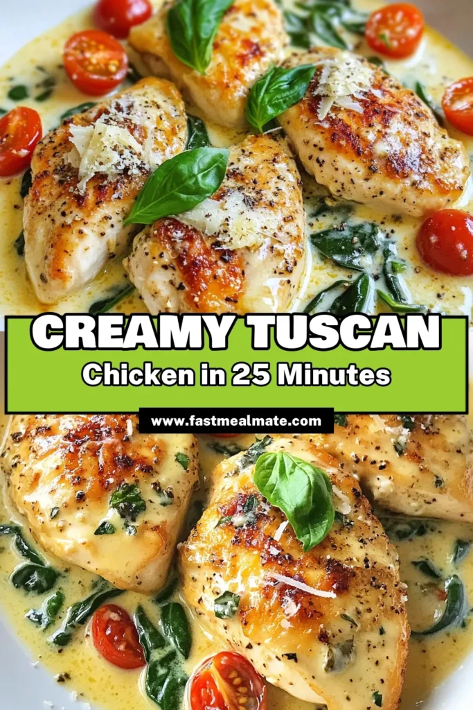 Discover the ultimate creamy Tuscan chicken recipe that's perfect for an easy chicken dinner! This Garlic chicken dish features succulent chicken with spinach and tomatoes, creating a flavorful Italian chicken recipe that your family will love. Whip it up in just 25 minutes and enjoy a rich, creamy sauce that's simply irresistible. Save this recipe for your next meal and indulge in a taste of Italy! #TuscanChicken #ChickenRecipe #EasyDinner #ItalianCuisine