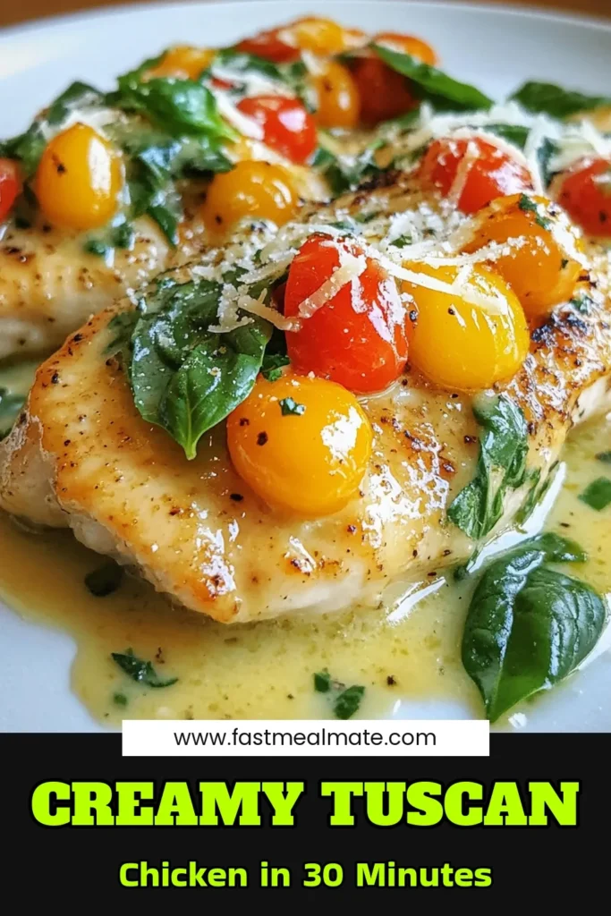 Looking for a delicious and quick dinner idea? Try this creamy Tuscan chicken recipe that combines tender chicken breasts with a rich garlic and cream sauce. This easy creamy chicken recipe is perfect for busy weeknights and makes a fabulous one-pan chicken dinner. Impress your family with this Italian garlic chicken dish that’s ready in just 30 minutes. Save this recipe for your next meal! #CreamyTuscanChicken #GarlicTuscanChicken #OnePanDinner #EasyChickenRecipe