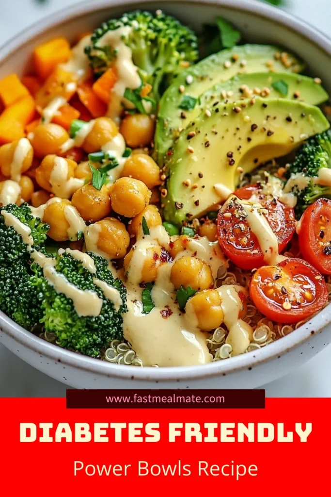 Discover the perfect diabetes friendly recipes with these vibrant quinoa power bowls! Packed with chickpeas, steamed broccoli, avocado, and topped with a creamy tahini dressing, this healthy vegetarian meal is low in sodium and bursting with flavor. Ideal for anyone seeking nutritious low sodium vegan dishes or a delicious chickpea salad bowl. Try this recipe today and enjoy wholesome goodness in every bite! Save and share! #DiabetesFriendly #HealthyMeals #VeganRecipes #QuinoaBowls