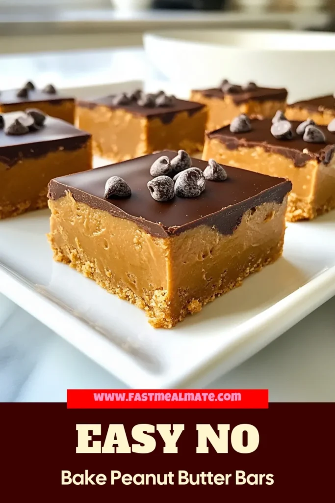 Indulge in these delicious no bake peanut butter bars, a perfect peanut butter dessert recipe for quick and healthy no bake snacks! Made with natural peanut butter, oats, and a rich chocolate topping, these homemade peanut butter bars are not only easy to prepare but also packed with flavor. Ready in just 20 minutes, these quick peanut butter treats are ideal for a sweet pick-me-up. Save this recipe for your next craving! #NoBakeDessert #HealthySnacks #PeanutButterLovers #QuickTreats