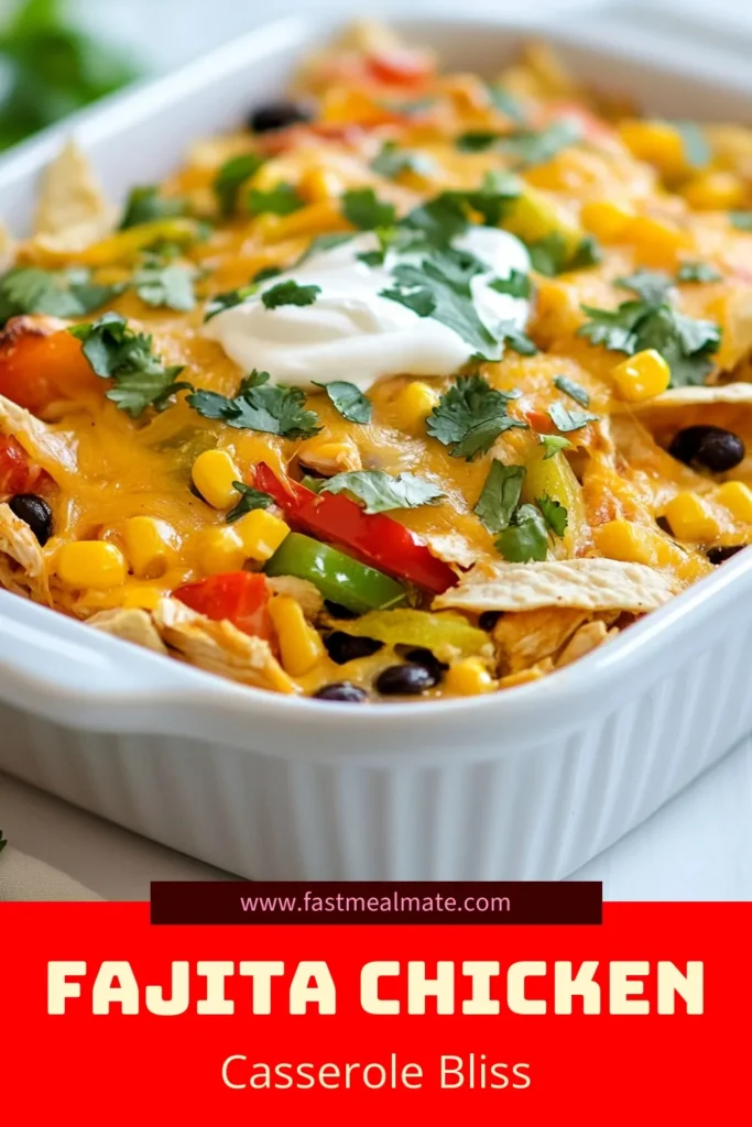 Enjoy a delicious Fajita Chicken Casserole that's perfect for family dinners! This easy Chicken and Black Bean Casserole combines tender chicken, colorful veggies, and cheesy goodness, making it a hit at any table. With layers of flavor in this Cheesy Fajita Casserole, your tastebuds will thank you! Try this Mexican Chicken Casserole recipe tonight and impress your loved ones. Save this recipe for later! #FajitaChickenCasserole #EasyChickenCasserole #MexicanFood #CasseroleRecipes