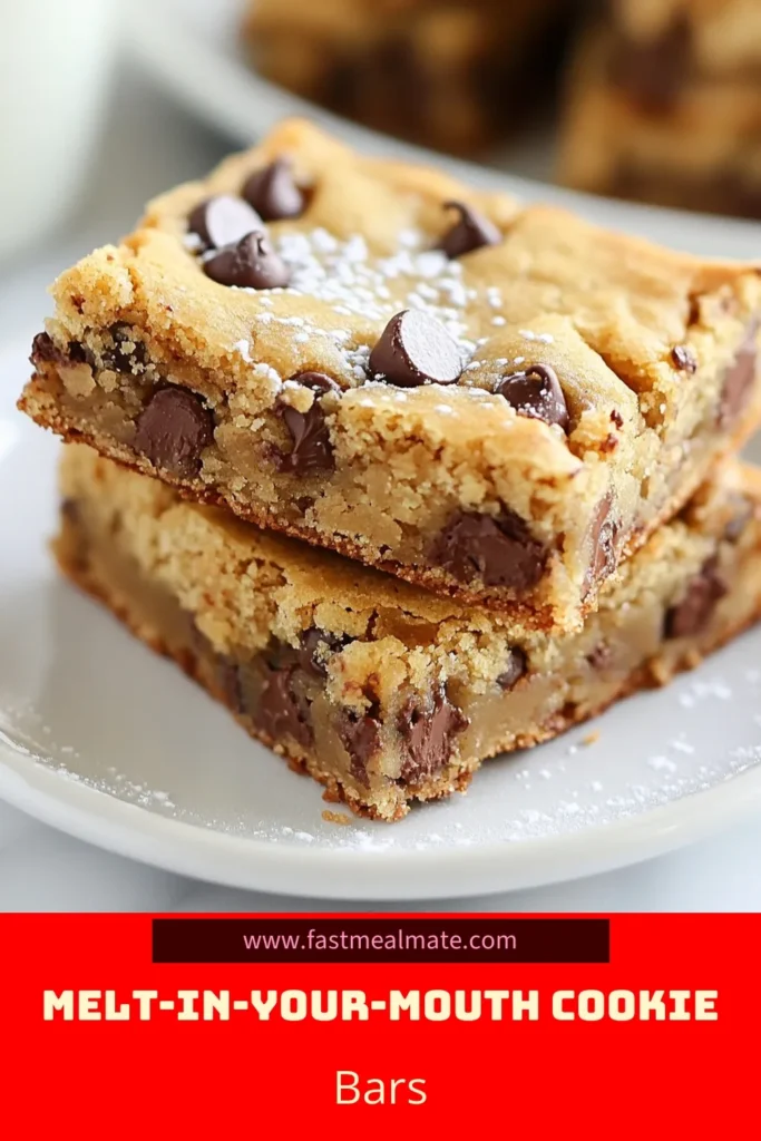 Indulge in these melt-in-your-mouth chocolate chip cookie bars that will satisfy your sweet tooth! This easy cookie bar recipe combines buttery goodness with semi-sweet chocolate chips and optional walnuts for a delightful crunch. Perfect for any occasion, these homemade cookie bars are a crowd-pleaser. Bake a batch today and enjoy every bite! Save this recipe for later! #ChocolateChipCookieBars #MeltInYourMouthCookies #EasyCookieBarRecipe #HomemadeCookieBars