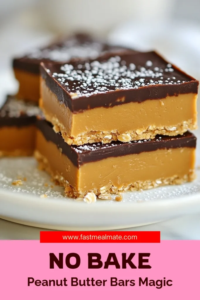 Indulge in these delicious no bake peanut butter bars that are perfect for a quick, easy peanut butter dessert. This healthy snack bars recipe combines creamy peanut butter with rolled oats and rich chocolate, making them a fantastic treat! Try these chocolate peanut butter oat bars for a homemade candy bars recipe that's simple to make. Perfect for satisfying cravings, pin this recipe and make today! #NoBakePeanutButterBars #HealthySnack #PeanutButterDessert #EasyRecipes