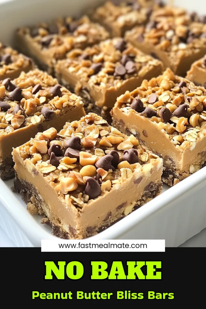Looking for a quick and nutritious treat? Try these no-bake peanut butter bars! This healthy peanut butter recipe combines rolled oats, protein powder, and rich chocolate chips for delicious protein-packed desserts. Perfect for easy no-bake snacks any time of the day, these chocolate peanut butter bars are sure to satisfy your cravings. Make them today and enjoy a delightful, guilt-free indulgence! Save this recipe! #NoBakePeanutButterBars #HealthySnacks #ProteinPackedDesserts #EasyNoBakeSnacks