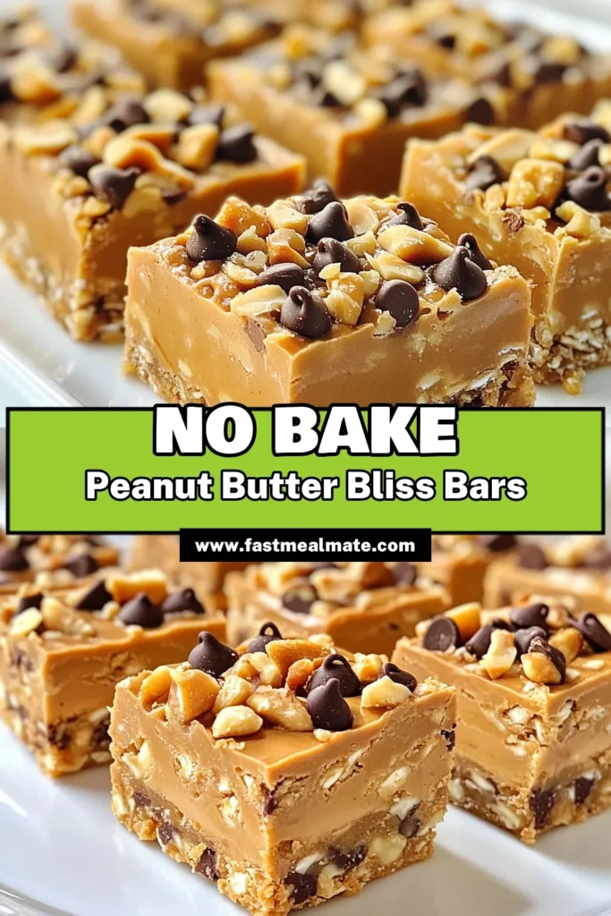 Discover the joy of making easy no-bake peanut butter bars with this peanut butter bliss bars recipe! These gluten-free snack bars are packed with wholesome ingredients and made in just 15 minutes. Enjoy healthy peanut butter treats that are perfect for any time of day. Refrigerate them for a minimal wait and enjoy a deliciously satisfying dessert. Save this recipe for a sweet bite anytime! #NoBakeDessert #GlutenFreeSnacks #HealthyTreats #PeanutButterBliss