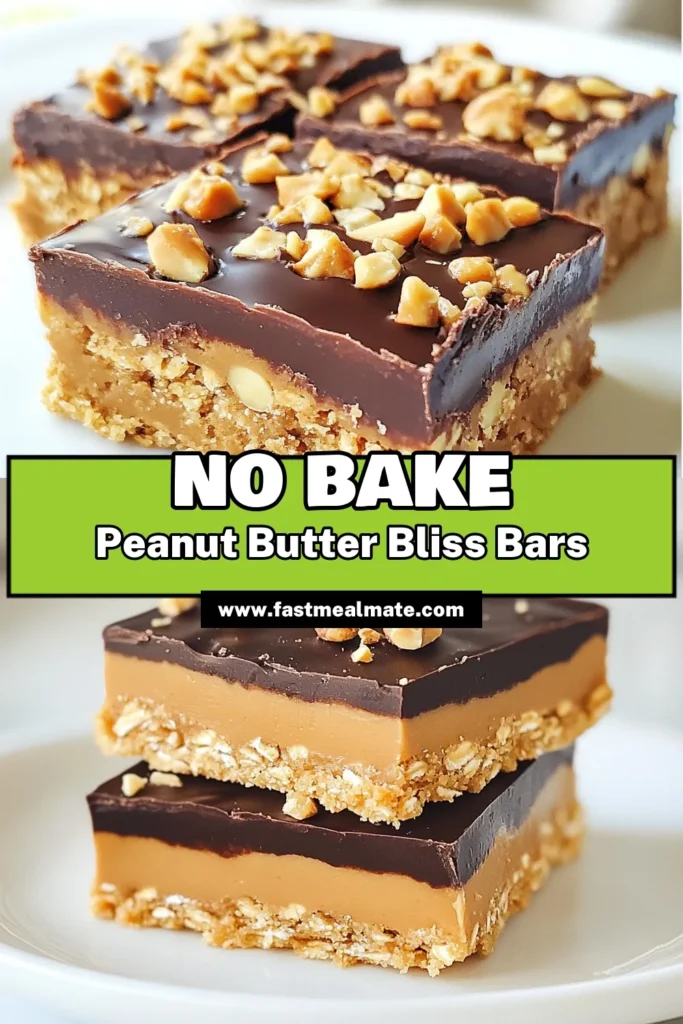 Indulge in these delicious no-bake peanut butter bars that are sure to be your new favorite treat! This peanut butter paradise recipe combines creamy peanut butter, oats, and chocolate for an easy peanut butter dessert that’s both satisfying and healthy. Perfect as chocolate peanut butter snacks, these healthy oat bars are quick to make and perfect for any occasion. Try this simple recipe today! Save for later! #NoBakePeanutButterBars #PeanutButterParadise #EasyPeanutButterDessert #ChocolatePeanutButterSnacks