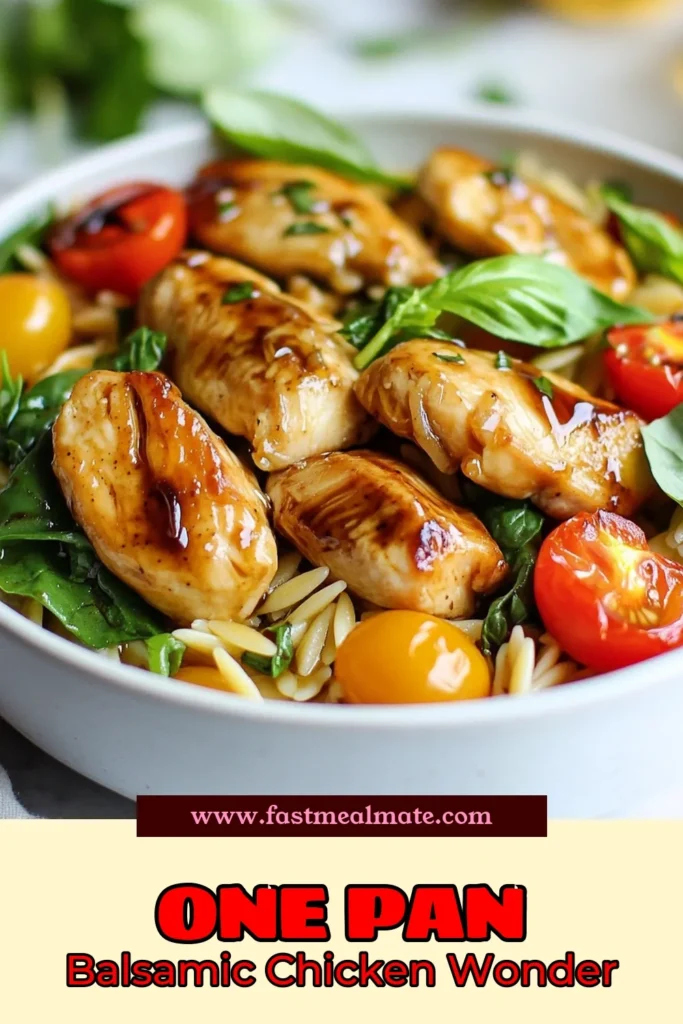 Looking for a delicious and easy chicken dinner? Try this Balsamic Chicken Orzo Skillet! This one-pan orzo recipe combines tender chicken, cherry tomatoes, and fresh spinach in a rich chicken broth, making it a must-try balsamic chicken recipe. Ready in just 30 minutes, it's perfect for busy weeknights. Don't miss out on this flavorful chicken broth orzo dish—save for later and enjoy a delightful meal! #BalsamicChicken #OrzoSkillet #EasyDinner #OnePanMeal