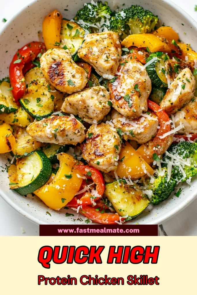 Energize your dinner with this High Protein Low Carb Chicken Skillet! Perfect for anyone seeking healthy chicken dinner ideas, this recipe combines tender chicken with zucchini, bell peppers, and broccoli for a tasty chicken zucchini stir fry. Ideal for meal prep or a quick weeknight meal, it's one of the best easy chicken recipes you'll love. Save this low carb skillet meal for a nutritious boost tonight! #HighProteinChickenRecipes #LowCarbSkilletMeals #HealthyChickenDinner #EasyChickenRecipes