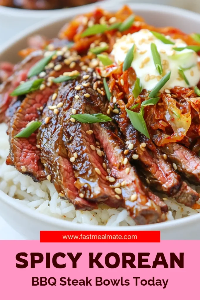 Discover these delicious Korean BBQ Steak Rice Bowls with Spicy Cream, perfect for a quick dinner. This easy Korean recipe features tender flank steak marinated in a flavorful blend, served over fluffy jasmine rice and topped with kimchi and a unique spicy cream recipe. These Korean BBQ steak bowls are a must-try for anyone craving a taste of Korea at home. Save this recipe and indulge in a delicious meal tonight! #KoreanBBQ #SteakBowls #EasyKoreanRecipes #FlankSteak