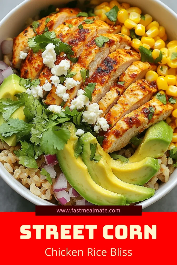 Looking for a delicious and healthy dinner option? Try this Street Corn Chicken Bowl, a tasty chicken rice bowl recipe packed with flavor and nutrition. Featuring a delightful mix of creamy avocado, fresh corn, and zesty lime, this easy dinner bowl recipe is perfect for busy weeknights. Enjoy a Mexican street corn recipe vibe right at home. Save this recipe for your next family meal! #streetcorn #chickenricebowl #easyrecipes #healthymeals