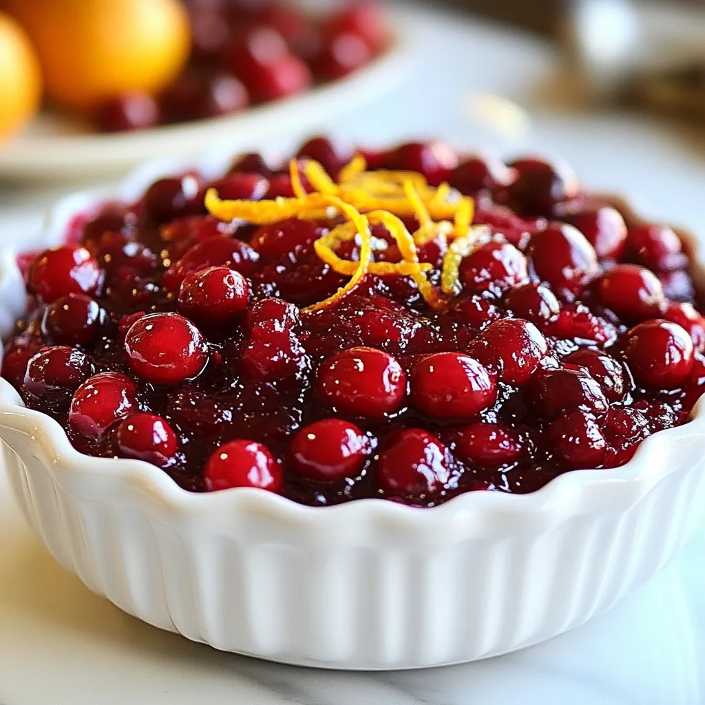 To make Minute Maple Cranberry Sauce, you need these key ingredients: - 12 oz fresh cranberries - 1 cup pure maple syrup - 1/2 cup freshly squeezed orange juice - Zest of 1 medium orange - 1/2 teaspoon ground cinnamon - 1/4 teaspoon ground nutmeg - Pinch of sea salt The measurements are important for flavor. If you want to change things up, here are some ideas: - Use honey instead of maple syrup for a different sweetness. - Swap lemon juice for orange juice for a tart twist. - You can reduce the cinnamon and nutmeg if you prefer lighter spice notes. Choosing fresh cranberries is key for great sauce. Here are my tips: - Look for deep red berries, which show ripeness. - Avoid berries that are soft or wrinkled, as they may be spoiled. - Check for any brown spots, which can indicate age. - Fresh cranberries should feel firm and bounce slightly when you press them. Following these tips will help you create a tasty and vibrant sauce for your meals! {{ingredient_image_2}} First, rinse the fresh cranberries under cold water. This removes dirt and ensures they are clean. As you rinse, look for any soft or damaged berries. Discard these bad ones. You want only the best cranberries for your sauce. In a medium saucepan, add the rinsed cranberries, maple syrup, and freshly squeezed orange juice. Mix these ingredients well. Place your saucepan over medium heat. Stir occasionally to mix flavors and prevent sticking. When the mixture starts to boil, reduce the heat to a simmer. Add in the orange zest, ground cinnamon, ground nutmeg, and a pinch of sea salt. These spices add warmth and depth to your sauce. Cook for about 5-10 minutes. The cranberries will pop open, and the sauce will thicken. Keep an eye on the sauce as it cooks. You’ll know it’s ready when the cranberries burst and the sauce thickens. If you want a smooth sauce, use an immersion blender to blend it. This step is optional, so feel free to leave it chunky if you prefer. Once done, remove the saucepan from the heat and let the sauce cool. It will thicken more as it cools. Transfer it to a serving dish and let it chill completely. You can serve it warm or cold, depending on your taste! To thicken your sauce, let it simmer longer. The more you cook it, the thicker it gets. If your sauce is too thick, add a splash of water or more orange juice. Stir well to mix in the added liquid. This simple method works fast and keeps the flavor. Cool the sauce at room temperature before storing. Once cool, transfer it to an airtight container. It keeps well in the fridge for up to one week. For serving, use a clear glass bowl. This shows off the bright red color. You can add fresh orange slices or herbs like rosemary on top for a nice look. For added flavor, try mixing in chopped nuts or a splash of brandy. You can also add a bit of ginger for spice. Fresh herbs can lift the aroma, too. Thyme or mint works well. Just a hint can make a big difference in taste and scent. Pro Tips Freshness Matters: Always use fresh cranberries for the best flavor and texture. Avoid any that are mushy or shriveled for optimal results. Adjusting Sweetness: If you prefer a less sweet sauce, reduce the amount of maple syrup or add more orange juice to balance the flavors. Experiment with Spices: Feel free to add additional spices like ginger or allspice to give your cranberry sauce a unique twist. Storage Tips: Store any leftover sauce in an airtight container in the refrigerator for up to a week. It also freezes well for later use! {{image_4}} You can change the sweetener in this sauce. If you want a different taste, try honey or agave syrup. Both can give a unique flavor. Use the same amount as maple syrup. Just keep in mind that each sweetener has its own sweetness level. Add spices to make the sauce your own. Besides cinnamon and nutmeg, try ginger for some heat. You can also use allspice for a warm taste. Start with a pinch, then adjust to your liking. Mix in these spices while the sauce simmers for the best flavor. Orange juice is great, but you can use other citrus fruits too. Lemon juice adds a nice tartness. Lime juice can give a fresh twist. If you use these, adjust the sweetness to balance the flavors. You can also add zest from these fruits for extra zing. To keep your maple cranberry sauce fresh, store it in an airtight container. Glass jars work well and help you see the color. Place the container in the fridge. This sauce stays good for about a week when stored this way. If you plan to use it later, freezing is a great option. If you want to freeze your sauce, let it cool completely first. Pour it into freezer-safe bags or containers. Label them with the date for easy tracking. When you are ready to use it, move the sauce to the fridge overnight. This slow thaw keeps the texture nice. You can also thaw it in a saucepan over low heat. Stir it often until it warms up. The shelf life of your maple cranberry sauce is about one week in the fridge. If frozen, it can last for up to three months. Always check for any signs of spoilage before using. If it smells off or has strange colors, it's best to toss it. Use this sauce as a side for meats or as a topping for desserts. Its sweet and tangy flavor pairs well with many dishes! Yes, you can make maple cranberry sauce ahead of time. In fact, it tastes even better after a day in the fridge. Make it up to a week ahead. Just store it in an airtight container. This allows the flavors to blend nicely. To adjust sweetness, you can add more or less maple syrup. Start with the recipe's amount. Taste as you go. If you want it sweeter, add one tablespoon of syrup at a time. If it's too sweet, add a bit more orange juice. This can balance the flavors well. Cranberry sauce pairs well with many dishes. It is great with turkey or chicken. You can also serve it with ham. Try it on sandwiches or as a topping for pancakes. For a festive touch, use it with cheese platters. The tartness adds a nice contrast to savory foods. You learned how to make a tasty maple cranberry sauce. We explored ingredients, cooking steps, and tips. I shared ways to enhance flavor and store leftovers. Remember, fresh cranberries make the best sauce. You can adjust sweetness and try new flavors easily. This sauce can be a delightful addition to many meals. Now, go ahead and create your own maple cranberry sauce masterpiece!