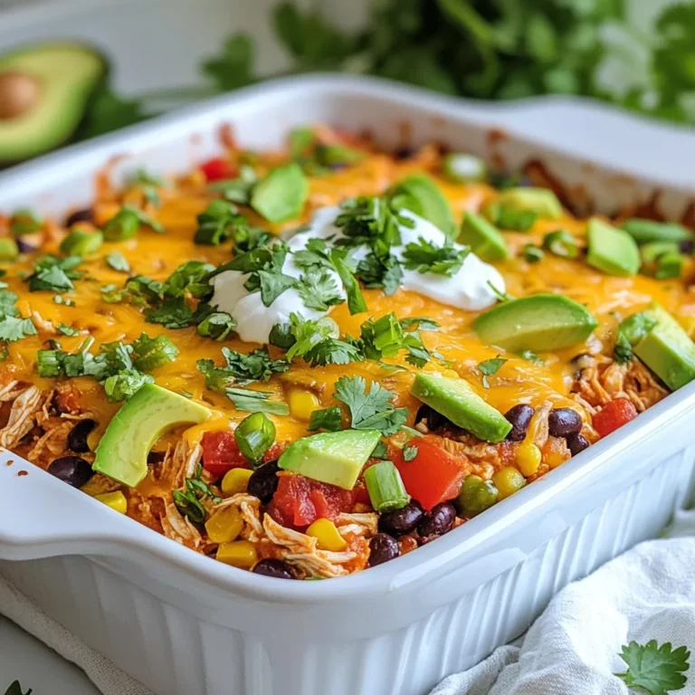To make a tasty Mexican chicken casserole, gather these ingredients: - 2 cups shredded cooked chicken - 1 can (15 oz) black beans, drained and rinsed - 1 can (15 oz) corn, drained - 1 can (10 oz) diced tomatoes with green chilies - 1 cup salsa - 1 teaspoon ground cumin - 1 teaspoon chili powder - 2 cups cooked brown rice - 1 cup shredded sharp cheddar cheese - 1 cup diced bell peppers (a vibrant mix of red and green) - 1/2 cup finely diced red onion - Fresh cilantro, chopped (for garnish) - Slices of ripe avocado (for serving) - Creamy sour cream (for serving) You can easily swap some ingredients based on what you have. Use rotisserie chicken instead of cooking your own. If you want a vegetarian dish, replace chicken with extra beans or lentils. Instead of black beans, pinto beans can work well. You can use frozen corn if you don’t have canned. If you don’t like bell peppers, use zucchini or spinach instead. For a lighter cheese, try Monterey Jack. This casserole is hearty and filling. Each serving has about: - Calories: 450 - Protein: 30g - Carbohydrates: 50g - Dietary Fiber: 10g - Fat: 15g It offers a balance of nutrients, making it a great choice for a main meal. {{ingredient_image_2}} 1. Preheat your oven to 350°F (175°C). Grease a large casserole dish with cooking spray. 2. In a big mixing bowl, combine 2 cups of shredded cooked chicken, 1 can of black beans, and 1 can of corn. Add 1 can of diced tomatoes with green chilies and 1 cup of salsa. Mix well. 3. Stir in 2 cups of cooked brown rice, 1 teaspoon of ground cumin, and 1 teaspoon of chili powder. Add 1 cup of diced bell peppers and 1/2 cup of finely diced red onion. Mix until all ingredients are combined. 4. Pour the mixture into the greased casserole dish. Spread it evenly with a spatula. 5. Sprinkle 1 cup of shredded sharp cheddar cheese over the top. 6. Cover the dish with aluminum foil tightly and place it in the oven. Bake for 25 minutes. 7. Remove the foil to let the cheese brown. Bake for another 10-15 minutes until golden and bubbly. 8. Once done, take the dish out and let it rest for 5 minutes. 9. Garnish with freshly chopped cilantro for color and flavor. 10. Serve warm with slices of ripe avocado and a dollop of creamy sour cream. This adds extra creaminess and taste. For a nice touch, serve in individual bowls with avocado slices and cilantro. It makes a pretty meal! To make the best Mexican Chicken Casserole, use fresh ingredients. The chicken should be cooked and shredded well. For a richer flavor, try marinating the chicken in salsa before cooking. Mixing the spices, like cumin and chili powder, adds a nice kick. Be sure to spread the mixture evenly in the dish. This way, every bite is full of flavor. Lastly, let it rest after baking. This helps the layers hold together better. A few common mistakes can ruin your casserole. First, don’t skip the step of draining the beans and corn. Extra liquid can make your dish soggy. Secondly, avoid using low-quality cheese. Good cheese melts better and enhances the dish. Also, don’t rush the baking time. Covering the casserole helps it cook evenly. Lastly, remember to let it rest before serving. This makes serving easier and keeps it from falling apart. To reheat your Mexican Chicken Casserole, preheat the oven to 350°F (175°C). Place the casserole in an oven-safe dish if you stored it in the fridge. Cover it with foil to keep it moist. Heat for about 20-25 minutes or until warmed through. You can also use a microwave for quick reheating. Just cover it with a microwave-safe lid. Heat in 1-minute intervals, checking often to avoid overcooking. Enjoy the flavors as they come back to life! Pro Tips Use Rotisserie Chicken: For a quicker prep time, consider using store-bought rotisserie chicken. It adds flavor and saves you time on cooking! Customize Your Veggies: Feel free to switch up the bell peppers with other vegetables like zucchini or spinach for added nutrition and flavor. Enhance the Spice Level: If you love heat, add some diced jalapeños or a sprinkle of cayenne pepper to the mixture for a spicy kick. Make Ahead: This casserole can be assembled a day in advance and stored in the fridge. Just bake it when you’re ready for a delicious meal! {{image_4}} To make a vegetarian version, swap chicken for more beans or veggies. Use 2 cans of black beans or a mix of beans and lentils. Add extra bell peppers, zucchini, or corn for flavor. You can keep the same spices like cumin and chili powder. This way, you still get a hearty meal with great taste. If you love heat, add jalapeños or serrano peppers. Mix diced peppers into the casserole for more spice. You can also use spicy salsa instead of mild. For an extra kick, sprinkle some red pepper flakes on top before baking. This will make your casserole bold and exciting. To keep this dish gluten-free, make sure your salsa and other canned goods are labeled gluten-free. Use brown rice as your base, as it is naturally gluten-free. Avoid regular soy sauce or any wheat-based ingredients. This way, everyone can enjoy this tasty meal without worry. After enjoying your meal, let the casserole cool. Place any leftovers in an airtight container. Keep it in the fridge for up to four days. This keeps the flavors fresh and tasty. If you want, label the container with the date. This way, you can track how long it’s been stored. To freeze your casserole, first let it cool completely. Then, transfer it to a freezer-safe container. You can also wrap it tightly in plastic wrap and foil. This helps prevent freezer burn. You can freeze it for up to three months. When you're ready to eat it, just thaw it overnight in the fridge. To reheat the casserole, preheat your oven to 350°F (175°C). Place the casserole in a baking dish and cover it with foil. Bake for about 20 minutes or until it's hot. If you want the cheese to get bubbly, remove the foil for the last 5 minutes. You can also reheat individual portions in the microwave. Just heat for 1-2 minutes, checking to see if it’s warm enough. Enjoy your meal again! You can prepare this casserole a day before. Cook the chicken and mix all the ingredients. Place the mixture in a greased dish, cover it, and store it in your fridge. When you are ready, just bake it. It will save you time on busy days. I do not recommend using uncooked chicken. It needs more time to cook through. Using cooked chicken helps the flavors blend well. Plus, it makes the casserole creamy and delicious. You can serve this casserole with simple sides. Sliced avocado adds creaminess. A dollop of sour cream gives a nice touch. Fresh cilantro can brighten the meal. You might also enjoy a light salad or corn tortilla chips on the side. In this post, we explored key ingredients and how to prepare a delicious Mexican chicken casserole. I shared tips for perfecting your dish and avoiding common mistakes. You learned how to store leftovers and variations you can try. Cooking can be fun and rewarding. By following these steps, you can create a meal that’s tasty and satisfying. Enjoy your cooking adventure and try out these ideas today!