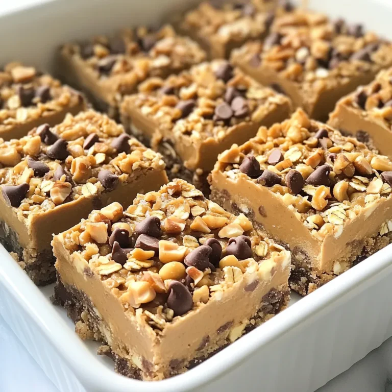To make No-Bake Peanut Butter Bars, you need simple, healthy ingredients. Here’s what you’ll gather: - 1 cup rolled oats - 1 cup smooth peanut butter - 1/2 cup honey or maple syrup - 1/2 cup vanilla protein powder (optional) - 1/4 teaspoon ground cinnamon - 1/2 cup dark chocolate chips - 1/4 cup chopped nuts (choose from almonds, walnuts, or peanuts) - A pinch of sea salt These ingredients work together to give you a tasty, filling snack. The oats provide fiber, while peanut butter adds protein. Honey or maple syrup gives sweetness. You can skip the protein powder if you wish, but it adds a nice boost. Ground cinnamon adds warmth, and chocolate chips bring rich flavor. Finally, the nuts add crunch and healthy fats. Each bite is a mix of flavors and textures. Enjoy! {{ingredient_image_2}} 1. Mixing the base ingredients In a large bowl, start with the rolled oats and smooth peanut butter. Add in honey or maple syrup. If you want added protein, mix in the vanilla protein powder. Then, sprinkle in the ground cinnamon and a pinch of sea salt. Stir well until everything is mixed into a thick, cohesive batter. 2. Incorporating chocolate chips and nuts Now, gently fold in the dark chocolate chips and your choice of chopped nuts. Make sure they are evenly spread throughout the mixture. This will make each bite delicious and crunchy. 3. Preparing the baking dish Grab an 8x8 inch baking dish. Line it with parchment paper, letting the edges hang over. This will help when you lift out the bars later. 4. Pressing the mixture into the dish Carefully spread the oat and peanut butter mix into the lined dish. Use a spatula to press it down firmly. Make sure it is even and has no gaps. A good press helps the bars hold together. 5. Chilling and setting the bars Place the dish in the refrigerator. Let it chill for at least 1-2 hours. This step is crucial. You want the bars to be solid and firm. 6. Cutting into servings Once the mixture has set, lift it out using the parchment paper. Place it on a cutting board. Cut it into squares or rectangles, depending on how big you want your servings. 7. Storage Keep the bars in an airtight container in the fridge. They stay fresh for up to one week. You can also freeze them for longer enjoyment. - Ensuring an even mixture: Mix the rolled oats and peanut butter well. Use a strong spoon or spatula. Make sure every oat is coated in peanut butter. This helps all flavors blend together. - Pressing for the perfect texture: When you spread the mixture into the dish, use firm pressure. A spatula works best. Press down evenly to avoid air pockets. This gives the bars a nice, dense texture. - Chilling time considerations: Let the bars chill for at least 1-2 hours. This step is key for them to set. If you are in a hurry, a longer chill will make them firmer. - Drizzling with melted chocolate: For added flavor, melt some dark chocolate. Drizzle it over the cut bars. This adds a nice touch and makes them look fancy. - Dusting with cinnamon: After cutting the bars, sprinkle a little cinnamon on top. This gives a warm flavor and a nice look. It’s a small step that makes a big difference. Pro Tips Use Natural Sweeteners: If you're looking to reduce refined sugars, opt for natural sweeteners like agave syrup or coconut nectar instead of honey or maple syrup. Experiment with Flavors: Feel free to add different spices such as nutmeg or even a splash of vanilla extract for an extra layer of flavor in your bars. Chill for Perfect Texture: Make sure to chill the bars for the full recommended time to achieve a firm texture. This helps them hold together when cut. Customize Your Add-ins: Don't hesitate to swap out the nuts or chocolate chips for your favorite mix-ins, such as dried fruits or seeds, to tailor the bars to your taste. {{image_4}} You can easily change the flavor of these bars. Adding dried fruits is a great option. Try mixing in raisins or cranberries for a sweet twist. The fruity notes pair well with peanut butter. You can also switch out the nut butter. Almond or cashew butter works nicely. Each nut brings its own taste. This lets you customize your bars to suit your likes. If you need gluten-free options, use certified gluten-free oats. This way, you can enjoy the bars without worry. For vegan substitutions, replace honey with maple syrup. This keeps the sweetness while making it plant-based. You can also skip the protein powder if you want. The bars will still taste great and hold their shape. To keep your no-bake peanut butter bars fresh, use an airtight container. This will protect them from air and moisture. When you seal them well, they stay tasty and safe to eat. You can choose between refrigeration and freezing. If you plan to eat them within a week, store them in the fridge. They will stay firm and delicious. If you want them to last longer, freezing is the way to go. In the refrigerator, these bars last up to one week. Just make sure to keep them sealed in that airtight container. They will stay fresh, and you can enjoy them any day. When you freeze them, they last up to three months. Just wrap each bar well in plastic wrap before placing them in a container. This way, they won't get freezer burn, and you can enjoy a tasty snack anytime you want. Yes, you can use quick oats. They will make the bars softer. Rolled oats give a chewier texture. To make these bars vegan, use maple syrup instead of honey. Also, choose dark chocolate chips that are dairy-free. Use a sharp knife to cut the bars after they set. Lift them out of the dish with parchment paper for easy cutting. You can add a little more protein powder. Just be careful, as too much can make the bars dry. The bars are set when they feel firm to the touch. Chill them for at least 1-2 hours for best results. This article covered a simple and healthy recipe for energy bars. You learned about the key ingredients, step-by-step instructions, and useful tips. I shared variations for taste and diet needs, plus storage guidelines. Making these bars is easy, fun, and rewarding. You can enjoy them as snacks or share them with friends. Get creative with flavors and make them your own! Follow these steps, and you’ll have a tasty treat that fits your lifestyle and preferences. Enjoy your homemade energy bars!