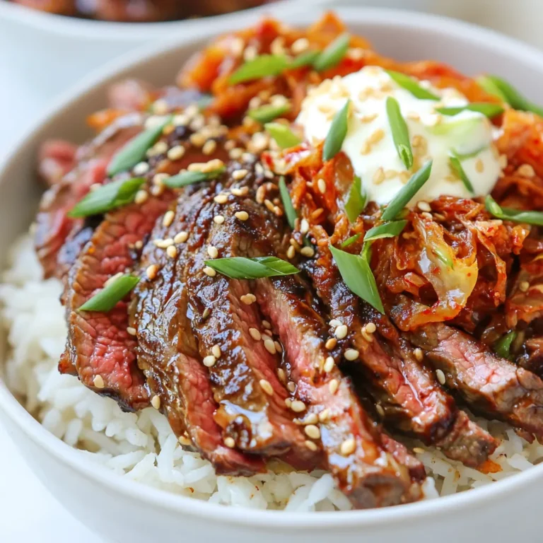 - 1 lb flank steak, thinly sliced - 1 cup jasmine rice - 2 tablespoons soy sauce - 1 tablespoon sesame oil - 2 tablespoons brown sugar - 2 cloves garlic, minced - 1 tablespoon ginger, grated - 1 tablespoon gochujang (Korean chili paste) - 1 tablespoon sriracha - 1 cup kimchi, chopped - 1/4 cup green onions, sliced - 1 tablespoon sesame seeds - 1/2 cup sour cream These ingredients create a tasty bowl. Each brings a special flavor that makes this dish shine. The flank steak is the star. It has rich flavor and tender texture. Thin slices cook quickly, making it easy to enjoy. Jasmine rice is the perfect base. It’s soft and fluffy, soaking up all the good flavors. Soy sauce and sesame oil add umami. They help deepen the taste of the steak. Brown sugar balances the saltiness. It gives a slight sweetness that rounds out the dish. Garlic and ginger bring warmth and brightness. They give a fresh kick to the marinade. Gochujang adds heat and complexity. It’s a must for that authentic Korean flavor. Sriracha gives extra spice to the creamy sauce. You can adjust it to your liking. For garnishes, kimchi adds crunch and tang. Green onions add color and freshness. Sesame seeds give a nice touch with their nutty flavor. Sour cream cools everything down, making each bite delightful. Gather these ingredients, and you're on your way to a delicious meal! {{ingredient_image_2}} First, you need to make the marinade. In a bowl, mix together: - 2 tablespoons soy sauce - 1 tablespoon sesame oil - 2 tablespoons brown sugar - 2 cloves garlic, minced - 1 tablespoon ginger, grated - 1 tablespoon gochujang Once everything is mixed, add the thinly sliced flank steak. Make sure the steak is coated well. For the best flavor, let it sit for at least 30 minutes. You can also marinate it for up to 2 hours in the fridge for a richer taste. Next, rinse 1 cup of jasmine rice under cold water. Keep rinsing until the water runs clear. This step helps remove excess starch. Combine the rinsed rice with 2 cups of water and a pinch of salt in a pot. Bring it to a boil, then lower the heat. Cover and let it simmer for 15 minutes. After that, take it off the heat and let it rest for 5 minutes. Fluff the rice with a fork before serving. For the spicy cream, take 1/2 cup of sour cream and mix it with sriracha. You can add sriracha to your taste. If you want it spicier, add more. If you like it milder, use less. Set this sauce aside while you cook the steak. Heat a large pan or grill over high heat. Drain the marinade from the steak. Place the steak in the hot pan. Cook it for about 3-4 minutes on each side. You want it to be nicely browned and cooked through. A good guide is to aim for medium doneness. Now it's time to build your bowls! Start by distributing the cooked rice evenly among four bowls. Top each bowl with the cooked steak. Add a generous spoonful of kimchi to each. Drizzle your spicy cream sauce over the top. Finally, garnish with sliced green onions and sprinkle sesame seeds for extra flavor and crunch. To get the best flavor from your flank steak, marinate it for at least 30 minutes. If you have time, let it sit for up to 2 hours in the fridge. This longer time allows the flavors to soak in deep. You can expand the flavor by adding sesame seeds or a splash of lime juice to the marinade. Common mistakes when cooking rice include not rinsing it well or not using enough water. Always rinse jasmine rice until the water runs clear. This step removes extra starch that can make the rice sticky. Use 2 cups of water for 1 cup of rice. If you want, you can use brown rice, which will take about 45 minutes to cook. To adjust the heat in your spicy cream, start with a small amount of sriracha. Mix it into the sour cream and taste it. If you want more heat, add a bit more sriracha until it’s just right for you. For a different creamy topping, try using Greek yogurt instead of sour cream. It gives a nice tang while still being creamy. Pro Tips Marinate for Maximum Flavor: Allow the flank steak to marinate for at least 2 hours, or even overnight, for a deeper flavor profile. Perfect Rice Cooking: Ensure you rinse the jasmine rice thoroughly until the water runs clear to remove excess starch and achieve fluffy rice. Adjust Spice Level: When mixing the spicy cream, start with a small amount of sriracha and gradually add more according to your heat preference. Add Freshness: Serve with lime wedges to squeeze over the bowls, enhancing the flavors with a zesty brightness. {{image_4}} You can easily swap flank steak for tasty alternatives. Try marinated tofu or portobello mushrooms. These options soak up flavors well and add a nice texture. Adjust the marinade by adding extra soy sauce or a splash of lime juice. This boosts the taste. Adding veggies makes your bowl colorful and healthy! Consider using bell peppers, carrots, or snap peas. Chop them up and stir-fry for about 3-5 minutes. Keep them bright and crunchy for the best experience. To change the spicy cream, try Greek yogurt as a base. It adds creaminess and a tangy taste. You can mix in different spicy condiments too. Consider using chili garlic sauce or harissa for a unique twist. This keeps your dish exciting and fresh! To keep your Korean BBQ steak rice bowls fresh, move leftovers to an airtight container. Refrigerate them right away. This helps keep the flavors strong. Leftovers last for about three to four days in the fridge. When reheating rice, use a microwave or a pan. Add a splash of water to the rice to keep it moist. For steak, heat it in a pan over low heat. This helps avoid overcooking and keeps it tender. Stir often to heat evenly. To freeze, store the steak and rice in separate bags or containers. This keeps them fresh and tasty. When ready to eat, thaw in the fridge overnight. Reheat both steak and rice as mentioned before. Enjoy your dish just as much as fresh! Gochujang is a Korean chili paste. It has a sweet and spicy flavor. This paste adds depth to dishes. You can find gochujang in Asian markets or online. Look for it in jars or squeeze bottles. Yes, you can! Use gluten-free soy sauce instead of regular soy sauce. Check the labels on all your ingredients. Many sauces may contain gluten. Ensure your rice and other ingredients are gluten-free as well. To adjust heat, start with a little sriracha. Add more if you want it spicier. I suggest mixing one tablespoon of sriracha first. Taste it before adding more. Balance the spicy cream with extra sour cream if needed. Korean BBQ Steak Rice Bowls pair well with many sides. Try pickled vegetables or a light salad. You can also serve it with steamed broccoli or roasted carrots. These sides add freshness and color to your meal. Creating Korean BBQ steak rice bowls with spicy cream is a fun adventure. We covered key ingredients like flank steak, jasmine rice, and flavorful seasonings. You learned how to marinate, cook, and assemble the dish for the best taste. There are also tips for making it vegetarian and storing leftovers. I hope you feel excited to make this dish. Enjoy your cooking and share the flavors with friends and family!