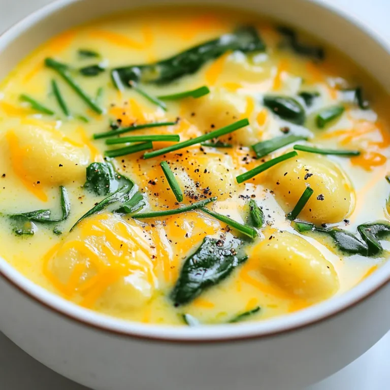 - 1 package (16 oz) potato gnocchi - 1 tablespoon olive oil - 1 small onion, finely diced - 2 cloves garlic, minced For this creamy cheddar gnocchi soup, I love using potato gnocchi. It's soft and absorbs flavors well. Olive oil gives the soup a nice base. The onion adds sweetness, while garlic gives it a rich aroma. - 3 cups vegetable broth - 1 cup heavy cream The vegetable broth adds depth and warmth to the soup. Heavy cream brings in the rich, creamy texture that makes each bite delightful. - 2 cups sharp cheddar cheese, finely grated - 1 cup baby spinach, roughly chopped - Salt and pepper to taste - 1 teaspoon dried thyme - 1/2 teaspoon paprika Sharp cheddar cheese is the star here. It melts beautifully and adds a robust flavor. Baby spinach provides a pop of color and a healthy touch. I use salt and pepper to enhance all the flavors. Thyme and paprika add a lovely depth and warmth. This combination of ingredients makes the soup rich and full of flavor. Each bite is comforting and satisfying. {{ingredient_image_2}} - To start, heat 1 tablespoon of olive oil in a large pot over medium heat. - Add 1 small diced onion. Sauté for 3-4 minutes. The onion should become soft and clear. - Next, stir in 2 minced garlic cloves. Cook for 1 minute. The garlic will smell great. - Carefully pour in 3 cups of vegetable broth. Turn up the heat. Bring the broth to a boil. - Once the broth boils, add 1 package of potato gnocchi. Cook them for 2-3 minutes. They will float when done. - Now, lower the heat and slowly stir in 1 cup of heavy cream. Let it simmer for 5 minutes. This helps all the flavors mix. - Gradually add 2 cups of finely grated sharp cheddar cheese. Stir well to melt the cheese smoothly. - Gently fold in 1 cup of roughly chopped baby spinach, 1 teaspoon of dried thyme, and 1/2 teaspoon of paprika. - Season with salt and pepper to taste. Cook for 2-3 minutes until the spinach wilts. - Remove the pot from heat. Ladle the soup into bowls. Garnish with fresh chopped chives for a bright touch. Enjoy hot! To get that perfect creamy texture, heat the cream slowly. Add it after the gnocchi cooks. Stir gently as you mix in the cheese. This avoids any clumps. Use a whisk if needed. When serving, use warm bowls. This keeps the soup hot longer. Sprinkle chives on top for color. Pair with rustic bread for dipping. This adds a nice crunch. You can swap out potato gnocchi for other types. Try making it gluten-free with rice gnocchi. If you want a lighter soup, use low-fat cream. Taste as you go to adjust flavors. More cheese adds richness, while extra broth thins it out. Pro Tips Cheese Selection: Use a high-quality sharp cheddar for the best flavor. Experiment with a mix of cheeses like Gruyère or Monterey Jack for added complexity. Gnocchi Cooking: For perfectly cooked gnocchi, avoid overcooking. They are done when they float to the surface of the boiling broth. Thickening the Soup: If you prefer a thicker soup, consider adding a tablespoon of cornstarch mixed with a bit of cold water before adding the cream. Flavor Boost: Enhance the soup's flavor with a splash of lemon juice or a dash of hot sauce just before serving for a refreshing zing. {{image_4}} You can switch up the cheese in this recipe for fun. Try using gouda or Monterey Jack for a mild twist. Each cheese brings its unique flavor. Mixing cheeses, like cheddar with cream cheese, can also add creaminess. You might consider adding a dollop of ricotta for an extra creamy delight. Want to make your soup heartier? Add cooked chicken or sausage. Just chop it up and stir it in for added flavor. For a vegetarian option, consider using chickpeas or lentils. They add protein and texture without meat. You can boost the soup’s flavor with veggies like carrots or peas. Diced carrots add sweetness and color. Peas bring a nice pop of green and a fresh taste. Spices can also enhance the flavor; try adding a pinch of cayenne for heat or some Italian herbs for depth. Consider fresh herbs like basil for a bright finish. Store your creamy cheddar gnocchi soup in an airtight container. This keeps it fresh and tasty. Let the soup cool before sealing it. It will stay good in the fridge for about 3 to 4 days. Always check for any signs of spoilage before reheating. To freeze the soup, pour it into freezer-safe containers. Leave some space at the top for expansion. Seal tightly to avoid freezer burn. The soup can last up to 3 months in the freezer. When you're ready to eat, thaw it overnight in the fridge. Reheat it gently on the stove. Stir well to ensure the creamy texture stays smooth. Don't let leftover soup go to waste! You can turn it into a pasta dish. Just cook your favorite pasta and mix it with the soup. You can also use it as a sauce over grilled chicken or roasted vegetables. Get creative and enjoy your leftovers in new ways. To make this soup vegan, swap the heavy cream with coconut cream or cashew cream. For the cheese, try using a vegan cheese blend. Use vegetable broth if you want to keep it plant-based. These changes keep the soup rich and tasty without any dairy. Yes, you can use frozen gnocchi. Just add them directly to the boiling broth. You may need to cook them for about 1-2 minutes longer than fresh ones. Check the package for specific cooking times. This way, you still get that soft, pillowy texture. This soup pairs well with crusty bread or a fresh green salad. You could serve it with garlic bread for that extra flavor. A simple side of roasted veggies also complements the soup nicely. Enjoy your meal with a touch of warmth and care! This blog post covered how to make a delicious creamy cheddar gnocchi soup. We discussed key ingredients like gnocchi, cheese, and spinach. I shared simple steps, tips for texture, and ways to modify the recipe. There are many variations to make it your own. Remember, cooking is about experimenting. Don’t be afraid to try new cheeses or add proteins. With this guide, you can create a meal that warms hearts and fills bellies. Happy cooking!