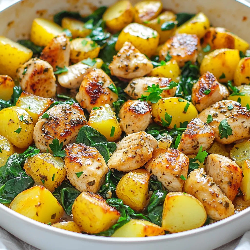 To make the garlic butter chicken potato skillet, you'll need a few key ingredients that pack a lot of flavor. Here’s what you’ll need: - 2 boneless, skinless chicken breasts, diced into bite-sized pieces - 4 medium potatoes, peeled and cut into small cubes - 4 tablespoons unsalted butter, divided - 4 cloves garlic, finely minced - 1 teaspoon smoked paprika for a hint of smokiness - 1 teaspoon dried thyme, or 1 tablespoon fresh thyme if available - ½ teaspoon salt, or to taste - ½ teaspoon freshly ground black pepper, or to taste - ½ cup low-sodium chicken broth to enhance flavor - 1 cup fresh spinach leaves, rinsed and drained - Fresh parsley, chopped for garnish Each ingredient plays a role in making this dish tasty. The chicken gives you protein, while the potatoes add heartiness. The garlic and butter create a rich sauce that ties it all together. You’ll love how the smoked paprika and thyme add depth. The spinach brings a fresh touch, and the parsley is a lovely garnish. When you gather these ingredients, you set the stage for a meal that will impress anyone. Plus, it's a great way to enjoy home-cooked comfort food. {{ingredient_image_2}} - Melt 2 tablespoons of butter in a large skillet over medium heat. - Add 4 medium potatoes, cut into small cubes, into the skillet. - Season the potatoes with a pinch of salt. - Cook the potatoes for about 10-12 minutes. Stir them often. - They should turn golden brown and become tender inside. - Remove the potatoes using a slotted spoon and set them aside. - In the same skillet, add the remaining 2 tablespoons of butter. - Once melted, toss in 2 boneless, skinless chicken breasts, diced into bite-sized pieces. - Season the chicken with 1 teaspoon smoked paprika, 1 teaspoon dried thyme, ½ teaspoon salt, and ½ teaspoon black pepper. - Cook the chicken for 6-8 minutes. Stir it often to brown evenly. - Add 4 cloves of minced garlic to the skillet. Cook for 1-2 minutes until fragrant. - Pour in ½ cup of low-sodium chicken broth. Scrape the bottom of the skillet. - Bring the mixture to a gentle simmer for 3-5 minutes. - Return the sautéed potatoes to the skillet. Mix them well with the chicken and broth. - Gently fold in 1 cup of fresh spinach leaves. Cook for 1-2 minutes until just wilted. - Taste the dish and adjust seasoning if needed. - Always use a heavy-bottom skillet. This helps cook your food evenly. - Timing is key for tender potatoes and chicken. Cook potatoes first, then chicken. - Try adding more spices like oregano or chili flakes for a kick. - Taste as you go. Adjust salt and pepper to make it just right. - Serve right from the skillet for a cozy feel. - For a neat touch, plate servings and sprinkle with parsley. Pro Tips Use Fresh Herbs: Fresh thyme can elevate the flavor of your dish significantly compared to dried. If you have access to fresh herbs, use them for a more vibrant taste. Perfectly Cooked Potatoes: To ensure even cooking, cut the potatoes into uniform sizes. This helps them cook evenly and achieve that golden-brown exterior. Don’t Rush the Garlic: Adding garlic too early can lead to burning. Always add it just before the end of cooking to preserve its flavor and aroma. Enhance with Lemon: A squeeze of fresh lemon juice just before serving can brighten the flavors of the garlic butter chicken, adding a refreshing contrast to the richness. {{image_4}} You can easily swap out the chicken in this dish. Try using turkey for a lighter option. If you want a plant-based meal, use tofu instead. For vegetables, potatoes are great, but you can add bell peppers or carrots. These will add color and crunch. You can even mix different veggies. This makes the dish fun and keeps it fresh. If you need a gluten-free option, use gluten-free chicken broth. Check labels to ensure all ingredients meet your needs. This dish can still taste amazing without gluten. For a dairy-free version, replace the butter with olive oil or a dairy-free spread. This keeps the flavors rich without the dairy. You can make this dish in the oven. Start by cooking the potatoes in a baking dish. Add the chicken, broth, and seasonings, then bake until everything is cooked through. You can also use a slow cooker or Instant Pot. Just add all the ingredients and let it cook. This method saves time and makes cleanup easier. The flavors will still shine through, no matter how you cook it! To store leftovers, let the dish cool first. Then, place it in an airtight container. This helps keep the flavor fresh. You can store it in the fridge for up to three days. Be sure to check for any strange smells before eating. To freeze the dish, let it cool completely. Next, use a freezer-safe container or a resealable bag. Make sure to remove as much air as possible. This will help prevent freezer burn. You can keep it in the freezer for up to three months. When you’re ready to eat it, thaw it overnight in the fridge. The best way to reheat this dish is on the stove. Use low heat and add a splash of chicken broth to keep it moist. Stir often to avoid burning. You can also reheat it in the microwave. Just cover it with a microwave-safe lid. Heat it in short bursts, stirring in between. Avoid reheating on high, as this can dry it out. This dish takes about 10 minutes to prep and 20 minutes to cook. So, in total, you need just 30 minutes. This makes it a great option for a quick weeknight meal. Yes, you can use frozen chicken or potatoes. However, you will need to add extra cooking time. Frozen chicken may take longer to cook through, and frozen potatoes might not get as crispy. Always check that the chicken reaches 165°F for safe eating. This dish pairs well with a fresh salad or steamed vegetables. You can also serve it with crusty bread to soak up the garlic butter sauce. For a lighter side, consider a creamy coleslaw or some roasted asparagus. Yes, this recipe is perfect for meal prep. You can make it ahead and store it in the fridge for up to four days. Just reheat it on the stove or in the microwave before serving. For longer storage, freeze individual portions for up to three months. This blog post covered a tasty Garlic Butter Chicken Potato Skillet recipe. You learned about the key ingredients and easy step-by-step instructions. I shared tips for cooking and ways to change the dish to fit your needs. Storing and reheating advice helps you enjoy leftovers, too. Overall, this dish is simple, versatile, and great for any meal. Enjoy cooking and sharing this delicious meal with friends and family!