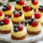 To make these delightful mini cheesecakes, gather the following ingredients: - 1 cup graham cracker crumbs - 1/4 cup granulated sugar - 1/2 cup unsalted butter, melted - 16 oz cream cheese, softened - 1 cup sour cream - 3/4 cup granulated sugar - 2 large eggs, at room temperature - 1 teaspoon pure vanilla extract - 1 tablespoon freshly squeezed lemon juice Each ingredient plays a key role. The graham cracker crumbs form the crust, while cream cheese gives the cheesecake its rich flavor. Sour cream adds creaminess, and lemon juice brightens the taste. For this recipe, you will need some essential supplies: - Standard muffin tin - Paper liners for the muffin tin - Medium mixing bowl - Large mixing bowl - Electric mixer - Measuring cups and spoons - Spatula These tools help ensure smooth preparation and easy baking. The muffin tin is crucial for shaping and baking the cheesecakes evenly. Top your mini cheesecakes with fresh berries for a tasty finish. Here are some great choices: - Strawberries - Blueberries - Raspberries Fresh berries add color and flavor. You can mix and match them for a beautiful presentation. They also bring a burst of freshness that pairs well with the creamy cheesecake. {{ingredient_image_2}} First, preheat your oven to 325°F (160°C). This is key for perfect baking. Next, line a standard muffin tin with paper liners. Make sure they fit well. In a medium bowl, mix 1 cup of graham cracker crumbs with 1/4 cup of granulated sugar. Pour in 1/2 cup of melted unsalted butter. Stir until it looks like wet sand. This mixture forms the crust. Scoop this mix into each paper liner. Press it down firmly with your fingers or a glass. You want a solid base for your cheesecake. Now, let’s make the filling. In a large bowl, beat 16 oz of softened cream cheese with an electric mixer. Mix until smooth, which takes about 2-3 minutes. Add 1 cup of sour cream, 3/4 cup of granulated sugar, and 2 large eggs. Don’t forget 1 teaspoon of pure vanilla extract and 1 tablespoon of fresh lemon juice. Mix on low speed first, then increase to medium. Blend until it’s smooth and lump-free. Carefully pour this cheesecake batter over each crust. Fill each cup about 3/4 full. Bake in your preheated oven for 18-22 minutes. Look for set edges and a slight jiggle in the center. Once baked, turn off the oven. Leave the cheesecakes inside with the door slightly open for 30 minutes. This helps prevent cracks. After that, take them out and let them cool at room temperature. Refrigerate for at least 4 hours or overnight. This makes them firm and tasty. When you’re ready to serve, top each cheesecake with fresh berries. Mix strawberries, blueberries, and raspberries for color and flavor. Enjoy your classic mini New York cheesecakes! To get the best texture, always use room temperature cream cheese. Cold cream cheese can lead to lumps. Mix the batter gently to avoid adding too much air. Too much air makes the cheesecake puff up, then sink. It's best to bake at a low temperature. This helps the cheesecake cook evenly. For a creamy center, leave a slight jiggle in the middle after baking. One common mistake is overmixing the batter. Overmixing adds air, causing cracks during baking. Another mistake is not cooling the cheesecakes properly. Rapid cooling can cause them to crack. Make sure to let them cool in the oven with the door slightly open. Lastly, don’t skip the refrigeration step. This step firms up the cheesecake and enhances the flavor. Using a good muffin tin helps create the perfect shape. Non-stick pans make removal easier. Paper liners ensure clean serving and help with easy cleanup. An electric mixer saves time and ensures a smooth batter. Finally, keep a thermometer handy to check the oven temperature. Baking at the right temperature is key for success. Pro Tips Use Room Temperature Ingredients: Ensure the cream cheese and eggs are at room temperature before mixing. This helps achieve a smoother, lump-free batter. Don’t Overmix: Once you add the eggs, mix just until combined. Overmixing can incorporate too much air, leading to cracks in your cheesecake bites. Check for Doneness: The mini cheesecakes should have a slight jiggle in the center when you take them out of the oven. They will continue to firm up as they cool. Chill for Best Texture: Refrigerate the cheesecake bites for at least 4 hours, or overnight if possible, to enhance their flavor and texture. {{image_4}} You can change the flavor of your mini cheesecakes easily. For a chocolate twist, add 1/2 cup of melted chocolate to the cream cheese mix. This makes a rich and creamy chocolate cheesecake. If you want a fall flavor, stir in 1 cup of pumpkin puree and a teaspoon of pumpkin spice. The pumpkin adds a nice spice and color. Switch up the crust for a fun change. Instead of graham cracker crumbs, crush Oreo cookies for a chocolatey base. This pairs well with the classic cheesecake flavor. For a nutty taste, use almond flour mixed with melted butter. This gives your mini cheesecakes a unique crunch. While fresh berries are a great topping, you can try other options. Add a drizzle of chocolate or caramel sauce for extra sweetness. You can also sprinkle crushed nuts or coconut flakes on top for a crunchy texture. Whipped cream makes a lovely addition too, adding a light and airy touch to your dessert. To keep your mini cheesecakes fresh, place them in an airtight container. You can stack them, but use parchment paper between layers to avoid sticking. Store them in the fridge. They will stay good for about five days. You can freeze these mini cheesecakes if you want to keep them longer. Let them cool completely first. Wrap each cheesecake in plastic wrap, then place them in a freezer-safe bag. They can last up to three months in the freezer. To eat, just thaw them in the fridge overnight before serving. The shelf life of your mini cheesecakes is about five days in the fridge. However, they taste best within the first three days. If you notice any off smells or changes in texture, it's best to throw them away. To enjoy, top them with fresh berries just before serving for a burst of flavor. Yes, you can make these mini cheesecakes ahead of time. They are great for meal prep. After you bake them, let them cool completely. Then, cover them well in the fridge. They taste even better the next day! This way, the flavors mix nicely. You can also freeze them for up to three months. Just thaw them overnight in the fridge before serving. For gluten-free options, use gluten-free graham cracker crumbs. If you're dairy-free, swap cream cheese with a dairy-free cream cheese. You can use coconut cream for the sour cream. For a lower-sugar option, try using a sugar substitute. Always check labels to ensure they meet your needs. You will know they are done when the edges are set. The centers should have a slight jiggle, not wet. This means they will firm up as they cool. Baking them for 18-22 minutes works for most ovens. If you check them and they look good, you can turn off the oven. Leave them inside for a bit to cool down slowly. You learned how to make classic mini New York cheesecakes. We covered key ingredients, simple steps, and useful tips. You now know how to avoid common mistakes and try fun flavor variations. Storing cheesecakes properly helps them last longer. Remember, these treats are easy to share and impress friends. Enjoy your baking journey!