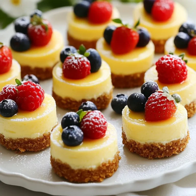 To make these delightful mini cheesecakes, gather the following ingredients: - 1 cup graham cracker crumbs - 1/4 cup granulated sugar - 1/2 cup unsalted butter, melted - 16 oz cream cheese, softened - 1 cup sour cream - 3/4 cup granulated sugar - 2 large eggs, at room temperature - 1 teaspoon pure vanilla extract - 1 tablespoon freshly squeezed lemon juice Each ingredient plays a key role. The graham cracker crumbs form the crust, while cream cheese gives the cheesecake its rich flavor. Sour cream adds creaminess, and lemon juice brightens the taste. For this recipe, you will need some essential supplies: - Standard muffin tin - Paper liners for the muffin tin - Medium mixing bowl - Large mixing bowl - Electric mixer - Measuring cups and spoons - Spatula These tools help ensure smooth preparation and easy baking. The muffin tin is crucial for shaping and baking the cheesecakes evenly. Top your mini cheesecakes with fresh berries for a tasty finish. Here are some great choices: - Strawberries - Blueberries - Raspberries Fresh berries add color and flavor. You can mix and match them for a beautiful presentation. They also bring a burst of freshness that pairs well with the creamy cheesecake. {{ingredient_image_2}} First, preheat your oven to 325°F (160°C). This is key for perfect baking. Next, line a standard muffin tin with paper liners. Make sure they fit well. In a medium bowl, mix 1 cup of graham cracker crumbs with 1/4 cup of granulated sugar. Pour in 1/2 cup of melted unsalted butter. Stir until it looks like wet sand. This mixture forms the crust. Scoop this mix into each paper liner. Press it down firmly with your fingers or a glass. You want a solid base for your cheesecake. Now, let’s make the filling. In a large bowl, beat 16 oz of softened cream cheese with an electric mixer. Mix until smooth, which takes about 2-3 minutes. Add 1 cup of sour cream, 3/4 cup of granulated sugar, and 2 large eggs. Don’t forget 1 teaspoon of pure vanilla extract and 1 tablespoon of fresh lemon juice. Mix on low speed first, then increase to medium. Blend until it’s smooth and lump-free. Carefully pour this cheesecake batter over each crust. Fill each cup about 3/4 full. Bake in your preheated oven for 18-22 minutes. Look for set edges and a slight jiggle in the center. Once baked, turn off the oven. Leave the cheesecakes inside with the door slightly open for 30 minutes. This helps prevent cracks. After that, take them out and let them cool at room temperature. Refrigerate for at least 4 hours or overnight. This makes them firm and tasty. When you’re ready to serve, top each cheesecake with fresh berries. Mix strawberries, blueberries, and raspberries for color and flavor. Enjoy your classic mini New York cheesecakes! To get the best texture, always use room temperature cream cheese. Cold cream cheese can lead to lumps. Mix the batter gently to avoid adding too much air. Too much air makes the cheesecake puff up, then sink. It's best to bake at a low temperature. This helps the cheesecake cook evenly. For a creamy center, leave a slight jiggle in the middle after baking. One common mistake is overmixing the batter. Overmixing adds air, causing cracks during baking. Another mistake is not cooling the cheesecakes properly. Rapid cooling can cause them to crack. Make sure to let them cool in the oven with the door slightly open. Lastly, don’t skip the refrigeration step. This step firms up the cheesecake and enhances the flavor. Using a good muffin tin helps create the perfect shape. Non-stick pans make removal easier. Paper liners ensure clean serving and help with easy cleanup. An electric mixer saves time and ensures a smooth batter. Finally, keep a thermometer handy to check the oven temperature. Baking at the right temperature is key for success. Pro Tips Use Room Temperature Ingredients: Ensure the cream cheese and eggs are at room temperature before mixing. This helps achieve a smoother, lump-free batter. Don’t Overmix: Once you add the eggs, mix just until combined. Overmixing can incorporate too much air, leading to cracks in your cheesecake bites. Check for Doneness: The mini cheesecakes should have a slight jiggle in the center when you take them out of the oven. They will continue to firm up as they cool. Chill for Best Texture: Refrigerate the cheesecake bites for at least 4 hours, or overnight if possible, to enhance their flavor and texture. {{image_4}} You can change the flavor of your mini cheesecakes easily. For a chocolate twist, add 1/2 cup of melted chocolate to the cream cheese mix. This makes a rich and creamy chocolate cheesecake. If you want a fall flavor, stir in 1 cup of pumpkin puree and a teaspoon of pumpkin spice. The pumpkin adds a nice spice and color. Switch up the crust for a fun change. Instead of graham cracker crumbs, crush Oreo cookies for a chocolatey base. This pairs well with the classic cheesecake flavor. For a nutty taste, use almond flour mixed with melted butter. This gives your mini cheesecakes a unique crunch. While fresh berries are a great topping, you can try other options. Add a drizzle of chocolate or caramel sauce for extra sweetness. You can also sprinkle crushed nuts or coconut flakes on top for a crunchy texture. Whipped cream makes a lovely addition too, adding a light and airy touch to your dessert. To keep your mini cheesecakes fresh, place them in an airtight container. You can stack them, but use parchment paper between layers to avoid sticking. Store them in the fridge. They will stay good for about five days. You can freeze these mini cheesecakes if you want to keep them longer. Let them cool completely first. Wrap each cheesecake in plastic wrap, then place them in a freezer-safe bag. They can last up to three months in the freezer. To eat, just thaw them in the fridge overnight before serving. The shelf life of your mini cheesecakes is about five days in the fridge. However, they taste best within the first three days. If you notice any off smells or changes in texture, it's best to throw them away. To enjoy, top them with fresh berries just before serving for a burst of flavor. Yes, you can make these mini cheesecakes ahead of time. They are great for meal prep. After you bake them, let them cool completely. Then, cover them well in the fridge. They taste even better the next day! This way, the flavors mix nicely. You can also freeze them for up to three months. Just thaw them overnight in the fridge before serving. For gluten-free options, use gluten-free graham cracker crumbs. If you're dairy-free, swap cream cheese with a dairy-free cream cheese. You can use coconut cream for the sour cream. For a lower-sugar option, try using a sugar substitute. Always check labels to ensure they meet your needs. You will know they are done when the edges are set. The centers should have a slight jiggle, not wet. This means they will firm up as they cool. Baking them for 18-22 minutes works for most ovens. If you check them and they look good, you can turn off the oven. Leave them inside for a bit to cool down slowly. You learned how to make classic mini New York cheesecakes. We covered key ingredients, simple steps, and useful tips. You now know how to avoid common mistakes and try fun flavor variations. Storing cheesecakes properly helps them last longer. Remember, these treats are easy to share and impress friends. Enjoy your baking journey!