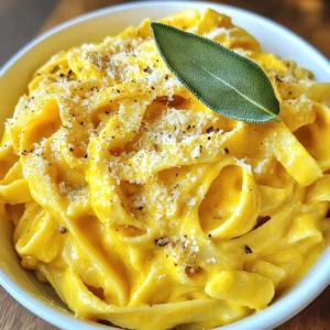- 12 oz fettuccine pasta - 1 cup pure pumpkin puree - 1 cup heavy cream - 1 cup freshly grated Parmesan cheese - 2 tablespoons unsalted butter - 2 cloves minced garlic - 1 teaspoon ground nutmeg - 1 teaspoon sea salt - ½ teaspoon freshly ground black pepper - Fresh sage leaves - Additional Parmesan cheese - Olive oil for drizzling When you gather these ingredients, you set the stage for a warm and cozy meal. The fettuccine pasta will be the base, and the pumpkin puree brings a rich, smooth flavor. The heavy cream adds creaminess, making each bite delightful. The unsalted butter enhances the sauce, while the garlic gives it a savory kick. Nutmeg adds warmth, making this dish feel like a hug. The sea salt and black pepper balance the flavors perfectly. Optional garnishes like fresh sage leaves and extra Parmesan cheese can elevate the dish. A drizzle of olive oil not only looks nice but adds flavor. This simple list of ingredients works together to create something truly special. {{ingredient_image_2}} Start by boiling a large pot of salted water. Bring it to a rolling boil. As the water heats, add the fettuccine pasta. Cook it as per the package instructions until it is al dente. This usually takes about 8 to 10 minutes. Once cooked, drain the pasta. Remember to save about ½ cup of the starchy pasta water. This water helps to adjust the sauce later. Set the drained pasta aside while you prepare the sauce. Next, take a spacious skillet and melt 2 tablespoons of unsalted butter over medium heat. Once the butter melts, add 2 cloves of minced garlic. Sauté the garlic for about 1 to 2 minutes. Stir it often to avoid burning. You want the garlic to be fragrant but not brown. After that, add 1 cup of pure pumpkin puree and 1 cup of heavy cream to the skillet. Stir well to mix everything together. Season the mixture with 1 teaspoon of ground nutmeg, 1 teaspoon of sea salt, and ½ teaspoon of freshly ground black pepper. Let it simmer gently for about 5 minutes. Stir occasionally to ensure it heats evenly. Now, it's time to make the sauce creamy. Gradually whisk in 1 cup of freshly grated Parmesan cheese. Keep stirring until the cheese melts completely. This step is key for a smooth sauce. If the sauce is too thick, add some reserved pasta water a little at a time. Keep mixing until you reach your desired consistency. The sauce should be rich and velvety. Take the cooked fettuccine and add it to the skillet with the sauce. Use tongs or a large fork to mix the pasta thoroughly. Make sure each strand of pasta is well coated in the creamy pumpkin sauce. This step is where the magic happens, as the pasta absorbs all the flavors. Plate the pasta immediately after tossing. Serve it in shallow bowls for a nice presentation. To make it even prettier, you can drizzle a little extra cream or olive oil on top. Garnish with fresh sage leaves if you like. Add a sprinkle of extra Parmesan cheese and a dash of nutmeg for an extra pop. Enjoy this cozy dish! To make the sauce creamy, use heavy cream. This gives a rich texture. Stir the cream slowly while cooking. This helps blend the flavors well. To avoid lumps, whisk the sauce as you add cheese. Gradually mix in the Parmesan. If lumps form, keep whisking. If it’s too thick, add a little pasta water. To achieve the perfect al dente texture, follow the package instructions. This usually means cooking the pasta for 8-10 minutes. Taste a piece near the end. It should be firm but not hard. Reserving pasta water is key. This starchy water helps adjust the sauce's thickness. Use about half a cup of it when mixing the pasta and sauce. You can experiment with different spices. Try adding a pinch of cayenne or paprika for heat. A dash of cinnamon can add warmth too. For wine, a light white works well. A Chardonnay or Pinot Grigio pairs nicely. Both wines complement the pumpkin and cream. Pro Tips Use Fresh Ingredients: For the best flavor, opt for fresh garlic and high-quality Parmesan cheese. Fresh ingredients elevate the dish and enhance its creaminess. Adjust Sauce Consistency: If your sauce is too thick, gradually add the reserved pasta water until you reach the desired creaminess. This helps to integrate the flavors without losing richness. Experiment with Seasonings: Feel free to adjust the nutmeg and pepper to your taste. Adding a pinch of cayenne can introduce a subtle heat that complements the pumpkin beautifully. Perfect Pasta Toss: When combining the pasta and sauce, use tongs or a large fork to ensure even coating. This technique helps prevent the pasta from clumping together. {{image_4}} You can make a vegan version of this dish with simple swaps. Use plant-based cream instead of heavy cream. Choose a vegan Parmesan cheese or nutritional yeast for a cheesy flavor. For butter, use coconut oil or vegan butter. These changes keep the creamy texture while making it plant-based and delicious. Want to make your meal heartier? Add grilled chicken or shrimp. Cook the protein first, then toss it with the pasta and sauce. This adds flavor and makes the dish more filling. You can season the chicken or shrimp with salt and pepper before grilling for extra taste. Adding veggies boosts the nutrition and flavor of your pasta. Spinach is a great choice; it wilts nicely in the creamy sauce. You can also add mushrooms for an earthy taste. Just sauté them in the pan before adding the sauce. Other options include peas, bell peppers, or broccoli. Mix and match based on what you love! To store leftovers, let the Pumpkin Alfredo Pasta cool down first. Then, place it in an airtight container. This helps keep the flavors fresh. You can store it in the fridge for up to three days. For best results, use glass or BPA-free plastic containers. These types prevent odors and keep the pasta tasting great. For freezing, let the pasta cool completely. Then, place it in a freezer-safe container. Be sure to leave some space at the top as the pasta will expand. You can freeze it for up to three months. When you're ready to eat, thaw the pasta in the fridge overnight. Reheat it gently on the stove. Add a splash of cream or reserved pasta water to maintain the creamy texture. Stir well to combine, and enjoy your cozy dish! Yes, you can! While fettuccine is a classic choice, other pastas work well too. Here are some good options: - Penne - Rigatoni - Bowtie (Farfalle) - Spaghetti Each type offers a unique shape to hold the creamy sauce. Choose what you love! Making this dish ahead is easy. Here’s how: - Cook the pasta and prepare the sauce. - Let both cool completely. - Store them separately in airtight containers in the fridge. - When ready to eat, just reheat the sauce and combine with the pasta. This method keeps the pasta fresh and the sauce creamy. Absolutely! You can use gluten-free pasta. Here are some great choices: - Brown rice pasta - Quinoa pasta - Chickpea pasta These options fit well in the recipe. They maintain a nice texture and flavor. Pair this pasta with tasty sides for a complete meal. Here are some ideas: - Steamed broccoli - Garlic bread - Side salad with fresh greens These sides add balance and flavor to your pumpkin Alfredo pasta dish. Enjoy your meal! This blog guided you through making a delicious Pumpkin Alfredo Pasta. You learned the key ingredients, simple steps, and tips for a creamy sauce. With options for vegan variations and protein add-ins, you can make this dish to your taste. Don’t forget storage tips for leftovers. Enjoy experimenting and sharing this cozy meal. It’s perfect for fall or any special night. Try it out and savor every bite!