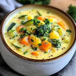Gather these simple, fresh ingredients to make your One-Pot Creamy Veggie Soup: - 1 tablespoon extra virgin olive oil - 1 medium onion, finely diced - 2 medium carrots, peeled and diced - 2 celery stalks, diced - 2 cloves garlic, minced - 1 yellow bell pepper, diced - 2 cups fresh broccoli florets - 1 medium zucchini, diced - 1 cup corn kernels (fresh or frozen) - 4 cups vegetable broth (low sodium preferred) - 1 cup full-fat coconut milk - 1 teaspoon dried thyme - 1/2 teaspoon sweet paprika - Sea salt and freshly cracked black pepper, to taste - Fresh parsley, chopped, for garnish These ingredients create a balanced and rich soup. The olive oil adds depth. Onions, carrots, and celery provide a sweet and savory base. Garlic enhances the flavor with a nice kick. The bell pepper, broccoli, zucchini, and corn contribute various textures and nutrients. The vegetable broth gives a warm, hearty feel. Coconut milk brings creaminess and a hint of sweetness. Thyme and paprika add aromatic notes that elevate the dish. Finally, you can adjust the seasoning with salt and pepper to your taste. Don't forget the fresh parsley for a bright finish! {{ingredient_image_2}} - Heat 1 tablespoon of extra virgin olive oil in a large pot over medium heat. - When the oil warms, add 1 medium diced onion. Sauté for 3-4 minutes until it turns translucent. - Next, mix in 2 diced carrots, 2 diced celery stalks, and 2 minced garlic cloves. Keep cooking for another 4-5 minutes. The garlic should smell great now. - Now, stir in 1 diced yellow bell pepper, 2 cups of fresh broccoli florets, 1 diced zucchini, and 1 cup of corn kernels. - Sauté these veggies together for about 3-4 minutes. You want them soft, but not mushy. - Carefully pour in 4 cups of low-sodium vegetable broth. Bring the mixture to a rolling boil. - Once boiling, lower the heat and let the soup simmer for 15 minutes. This helps all the flavors blend well. - Stir in 1 cup of full-fat coconut milk, 1 teaspoon of dried thyme, and 1/2 teaspoon of sweet paprika. - Season with sea salt and pepper to taste. Heat through for another 5 minutes. - Use an immersion blender to blend the soup to your liking. Leave it chunky for texture or blend until smooth. - Taste and adjust the seasoning if needed before removing the pot from heat. To enhance the taste of your One-Pot Creamy Veggie Soup, adjust your seasonings. Start with sea salt and black pepper. Add more to taste as you go. Fresh herbs like basil or dill can brighten the flavor. If you want a kick, a pinch of red pepper flakes works well. You can also try a splash of lemon juice for brightness. The soup can be creamy or chunky. If you like it smooth, use an immersion blender. Blend until the soup is velvety. For a chunkier texture, blend just half of the soup. You can also leave some vegetables whole for a hearty bite. Serve your soup in warm bowls for a cozy feel. Drizzle extra coconut milk on top for a creamy finish. Sprinkle chopped parsley for a pop of color. Pair it with crusty bread for dipping. This adds a nice touch and makes it a full meal. Enjoy your beautiful bowl of soup! Pro Tips Freshness Matters: Use the freshest vegetables available for the best flavor and nutritional value in your soup. Customize Your Veggies: Feel free to swap in your favorite seasonal vegetables or whatever you have on hand to make this soup your own. Make It a Meal: Add cooked protein like chickpeas or shredded chicken to turn this soup into a heartier dish. Storage Solutions: This soup can be stored in the fridge for up to 3 days or frozen for up to 3 months, making it a great meal prep option! {{image_4}} You can swap veggies based on what you have. Some great choices include: - Sweet potatoes for a hearty texture - Spinach or kale for added greens - Peas for a pop of sweetness - Green beans for a nice crunch - Fresh herbs like basil or dill for extra flavor Mix and match to suit your taste! To make this soup vegan, simply use vegetable broth. It’s already dairy-free with coconut milk. For a gluten-free version, check your broth and seasonings. Most brands are gluten-free, but it's smart to read labels. This soup is great on its own, but you can make it even better! Try these ideas: - Serve with crusty bread for dipping - Add a side salad for a light meal - Top with croutons for crunch - Drizzle with extra coconut milk for creaminess These options will elevate your dining experience! To store leftover soup, let it cool first. Then, pour it into a clean, airtight container. Seal it well to keep out air. Place the container in the fridge. It stays fresh for 3 to 4 days. When you're ready to eat, just reheat it on the stove or in the microwave until hot. You can freeze this soup for later! Use a freezer-safe container. Leave a little space at the top, as liquids expand when frozen. It stays good in the freezer for up to 3 months. When you want to eat it, thaw it overnight in the fridge. Reheat it slowly on the stove. Stir well to mix the flavors again. This creamy veggie soup lasts about 4 days in the fridge. If you freeze it, it can last 3 months. Always check for any changes in smell or color before eating. If it looks or smells off, it's best to toss it out. Enjoy your soup while it’s fresh for the best taste! Yes, you can use frozen vegetables in this soup. Frozen veggies are just as good as fresh ones. They keep their nutrients well. Plus, they save you time. You can add them directly to the pot. Just make sure to add them when you add the broth. This helps them cook evenly. Fresh vegetables have their charm, though. They can add a bright taste and texture. If you have fresh ones, feel free to use them. Both options work well in this creamy veggie soup. If you need a substitute for coconut milk, there are good choices. You can use almond milk or cashew milk. These options keep the soup creamy. They also add a nice flavor. If you prefer a richer taste, try heavy cream. Just remember, heavy cream is not dairy-free. So, if you want to keep it vegan, stick to nut milks. Another option is soy milk. It has a good texture and flavor. Just make sure to choose unsweetened to avoid altering the taste. To add heat to your soup, there are many ways. You can stir in red pepper flakes for a kick. Start with a small amount, then taste. You can always add more if you want it spicier. Another option is to add fresh jalapeños. Just chop them finely and mix them in with the other veggies. If you like hot sauces, a few drops can do wonders. It can add both heat and flavor. Adjust the amount to your liking. Enjoy exploring these options to find your perfect spice level! This blog post detailed how to make a delicious vegetable soup. We covered the key ingredients and step-by-step instructions to create great flavor. You learned tips for seasoning, texture, and presentation. We also explored variations based on your diet and preferences. Proper storage advice helps you keep leftovers fresh. Enjoy creating this soup and make it your own. The warmth and flavor will surely please your taste buds! You now have all the tools to make a great dish everyone will love.