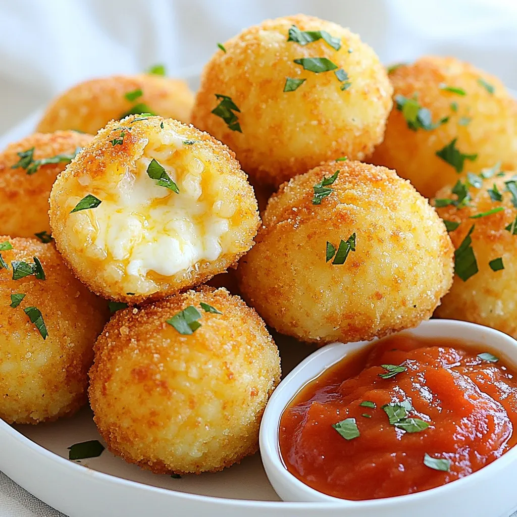 - 2 cups cooked Arborio rice (cooled to room temperature) - 1 cup fresh mozzarella cheese, cut into small cubes - 1/2 cup finely grated Parmesan cheese - 1/2 cup plain breadcrumbs (plus extra for coating) - 1/4 cup fresh parsley, chopped finely - 2 large eggs, beaten gently - 1 teaspoon garlic powder - 1 teaspoon onion powder - 1/2 teaspoon fine salt - 1/4 teaspoon freshly cracked black pepper - 1 cup marinara sauce (for serving) - Olive oil spray (for baking) When making arancini, the key ingredient is Arborio rice. This rice is creamy and sticky, making it perfect for shaping. The mozzarella adds a melty surprise inside, while the Parmesan gives a rich flavor. You also need fresh parsley to brighten the dish. For seasoning, I use garlic powder and onion powder. These add depth without overpowering the other flavors. Salt and pepper are must-haves too. The breadcrumbs help give a crispy shell. When you roll the arancini in breadcrumbs, they bake up golden and crunchy. The eggs bind everything together, ensuring your arancini hold their shape. Lastly, don't forget the marinara sauce! It pairs perfectly for dipping. Enjoy making this dish with these simple yet important ingredients. {{ingredient_image_2}} - Preheat your oven to 400°F (200°C). - Line your baking sheet with parchment paper. This helps the arancini not stick. In a large bowl, combine the following: - 2 cups cooked Arborio rice (make sure it's cool) - 1 cup fresh mozzarella cheese, cut into small cubes - 1/2 cup finely grated Parmesan cheese - 1/2 cup plain breadcrumbs - 1/4 cup fresh parsley, chopped finely - 2 large eggs, beaten gently - 1 teaspoon garlic powder - 1 teaspoon onion powder - 1/2 teaspoon fine salt - 1/4 teaspoon freshly cracked black pepper Mix everything together. Use your hands or a spatula. You want all the ingredients to blend well. Now, take about 2 tablespoons of the rice mixture. Flatten it in your palm. - Place a cube of mozzarella in the center. - Carefully mold the rice around the cheese. Make a smooth ball. - Ensure the cheese is fully enclosed. Repeat this to create about 12 arancini. Next, roll each ball in extra breadcrumbs. This makes a nice crispy coating when baked. Arrange the coated arancini on the prepared baking sheet. Leave some space between each one. - Spray each arancini with olive oil. This helps them get golden brown. - Bake in the oven for 25-30 minutes. Look for a golden color and crisp outside. Check halfway to turn them for even cooking. Once done, take them out and let them cool a bit. Enjoy them warm with marinara sauce on the side for dipping! - Ensuring cheese is well-enclosed: When you form the arancini, place the cheese cube in the center. Mold the rice around it tightly. This step is key. If the cheese is not fully covered, it may leak out while baking. No one wants a cheesy mess! - The importance of spacing on the baking sheet: Space the arancini well on the baking sheet. This allows hot air to circulate. If they are too close, they might stick together. They need room to become golden and crispy. - Best sauces for dipping: Marinara sauce is a classic choice. Its rich flavor pairs well with the cheesy arancini. You could also try ranch, garlic aioli, or spicy marinara for extra zing. - Creative plating ideas for serving: Serve arancini on a rustic wooden platter. Add fresh basil or parsley leaves around them for color. Place a small bowl of marinara in the center. This makes for a lovely and inviting display. Pro Tips Use Cold Rice: Ensure the Arborio rice is completely cooled before mixing. This helps the arancini hold their shape better during frying or baking. Experiment with Fillings: Feel free to add other fillings like cooked mushrooms, spinach, or different cheeses for a unique twist on traditional arancini. Don’t Skip the Breadcrumbs: The extra layer of breadcrumbs is crucial for a crispy texture. Make sure to coat each ball thoroughly. Serve with Fresh Herbs: Garnish your arancini with fresh parsley or basil before serving for an extra pop of flavor and color. {{image_4}} You can switch the cheese to change the flavor. Fontina offers a creamy taste. Cheddar adds a sharp bite. You can mix them or use just one. Try different cheeses to find your favorite. You can add vegetables like spinach or mushrooms. These not only add flavor but also nutrition. For protein, consider adding cooked chicken or sausage. Dice them small and mix into the rice. These additions make your arancini even more filling. If you need a gluten-free option, you can use almond flour instead of breadcrumbs. Cornmeal is another choice that works well. Both options help keep the crispy texture. Make sure to check your ingredients to stay safe. To keep your leftover arancini fresh, use airtight containers. Place the cooled arancini in the container. Make sure they are not stacked on top of each other. This helps to keep them from becoming soggy. Store them in the fridge if you plan to eat them within three days. If you want to save them longer, freezing is a great option. To freeze arancini, let them cool completely first. Place them in a single layer on a baking sheet. Put the baking sheet in the freezer until they are firm. This takes about one to two hours. After they are firm, transfer them to freezer-safe bags. This helps save space and keeps them fresh. When you want to reheat, you can bake them straight from the freezer. Preheat your oven to 400°F (200°C) and bake for about 20-25 minutes. Check them to see if they are heated through. Enjoy your arancini just as deliciously as when they were fresh! No, Arborio rice is best for arancini. It has a high starch content. This gives arancini that creamy texture inside. Other rice types may not work well. Stick with Arborio for the best results. No, you do not need to deep-fry arancini. Baking is a healthier choice. It gives you crispy arancini with less oil. Plus, baking is easier and less messy. You'll still get great flavor and texture. You can prepare arancini in advance. Form the balls and store them in the fridge. They can sit for up to 24 hours before baking. For longer storage, freeze them. Just thaw before baking and enjoy! Marinara sauce is a classic choice for arancini. It adds a nice tangy flavor. You can also try pesto or garlic aioli for variety. These sauces enhance the cheesy goodness of the arancini. Baked arancini is a fun and tasty dish to make at home. We covered key ingredients like Arborio rice, cheese, and herbs. You learned easy steps to prepare, bake, and serve your arancini. Remember to experiment with cheese and add veggies for new flavors. Proper storage will keep leftovers fresh for your next meal. Enjoy making this dish, and share it with friends and family for a delightful treat.