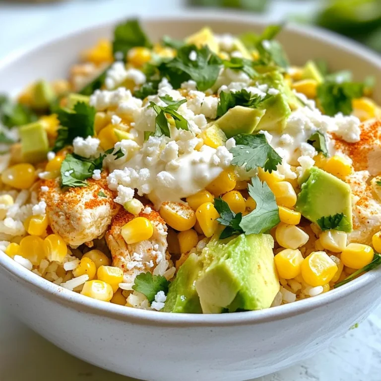 - 2 cups fresh corn kernels (or drained canned/frozen corn) - 1 lb chicken breast, diced into bite-sized pieces - 1 tablespoon olive oil - 1 teaspoon smoked paprika - 1 teaspoon chili powder - Salt and pepper to taste - 1 cup Mexican crema (or substitute with sour cream) - 1/2 cup cotija cheese, crumbled - 1/4 cup fresh cilantro, chopped - Juice of 1 lime - 1 avocado, diced - Cooked rice or quinoa, for serving To make these creamy street corn chicken bowls, you need fresh corn kernels. You can use fresh, canned, or frozen corn. If you use canned or frozen corn, drain and thaw it first. Next, get one pound of chicken breast and cut it into small pieces. For flavor, use olive oil, smoked paprika, chili powder, salt, and pepper. These spices add warmth and depth. You will also need one cup of Mexican crema. If you can't find it, sour cream works well too. Crumbled cotija cheese adds a salty kick. You will need half a cup. Fresh cilantro brightens the dish, so use a quarter cup of chopped cilantro. Don't forget the lime juice for zest! You will want one lime. Diced avocado adds creaminess, so grab one avocado. Finally, serve the bowls over cooked rice or quinoa for a filling meal. These ingredients come together to create a colorful, tasty meal. Enjoy the mix of flavors in every bite! {{ingredient_image_2}} - Heating the Skillet Start by heating a large skillet over medium heat. Add one tablespoon of olive oil. This will help cook the chicken evenly. - Seasoning the Chicken Once the oil is hot, add one pound of diced chicken breast. Season it well with one teaspoon of smoked paprika, one teaspoon of chili powder, salt, and pepper. This mix brings out great flavor. - Checking for Doneness Sauté the chicken for about six to eight minutes. Make sure it reaches an internal temperature of 165°F. The chicken should be golden brown when it's done. After cooking, set the chicken aside on a plate. - Sautéing the Corn In the same skillet, without cleaning it, add two cups of fresh corn kernels. If using canned or frozen corn, make sure it's drained and thawed. Sauté the corn for four to five minutes. This will caramelize the corn and add sweetness. - Combining the Ingredients Stir in one cup of Mexican crema, half a cup of crumbled cotija cheese, and the juice of one lime. Add a pinch of salt. This creamy mix will be rich and delicious. - Simmering for Creaminess Let the corn mixture simmer for two to three minutes. This heats everything through and makes it creamy. The smell will be amazing as it cooks. - Creating the Base In each serving bowl, add a generous scoop of cooked rice or quinoa. This will be the base for your meal. - Layering the Ingredients Next, layer the creamy corn mixture over the rice. After that, add the sautéed chicken on top of the corn. This creates a beautiful stack of flavors. - Final Assembly Steps Finish your bowls by topping them with diced avocado, the remaining cotija cheese, and chopped fresh cilantro. For an extra zing, drizzle more lime juice on top. Serve these bowls warm for the best taste. Enjoy! - Tips for Tender Chicken Use fresh chicken breast for the best taste. Cut it into bite-sized pieces. This helps the chicken cook evenly. Cook it on medium heat to avoid drying it out. Always check the internal temperature; it should be 165°F. This ensures it is safe to eat and juicy. - Flavor Enhancing Techniques Season the chicken well with smoked paprika and chili powder. These spices add depth and warmth. You can also marinate the chicken for a few hours. A simple mix of lime juice and olive oil can do wonders for flavor. - Secrets to Creaminess The key to creamy corn lies in using Mexican crema. It has the right texture and taste. If you can’t find it, sour cream works too. Make sure to mix it in well with the corn. This creates a smooth, rich sauce that enhances the dish. - Alternatives for Cream If you want a lighter option, use Greek yogurt. This offers creaminess without the extra fat. You can also blend silken tofu for a vegan alternative. It adds creaminess without changing the taste much. - Garnishes and Color Garnish your bowls with diced avocado and fresh cilantro. These not only add color but also fresh flavors. A sprinkle of cotija cheese on top makes it look gourmet. Don’t forget a lime wedge for a zesty touch! - Serving Suggestions Serve the bowls warm for the best flavor. You can place them on a colorful plate for fun. If you like spice, add hot sauce on the side. This adds a kick that many enjoy. Pro Tips Use Fresh Ingredients: Fresh corn will give your dish a sweet, crisp texture that frozen or canned corn cannot replicate. Don’t Skip the Seasoning: Properly seasoning your chicken is key to enhancing the overall flavor of your dish, so be generous with the spices! Customize Your Base: Feel free to switch out rice or quinoa for other bases like cauliflower rice or even a bed of greens for a lighter option. Make Ahead: The corn mixture and chicken can be prepared in advance and reheated, making this dish perfect for meal prep! {{image_4}} You can switch up the protein in your Creamy Street Corn Chicken Bowls. Shrimp is a tasty choice. Just sauté shrimp for a few minutes until they turn pink. Tofu also works well. Use firm tofu, press it, and cube it. Then sauté until golden. These options keep the dish fresh and exciting. If you can’t find fresh corn, you can use canned or frozen corn. Canned corn is quick and easy. Just drain and rinse it before use. Frozen corn also works; just make sure to thaw it first. If you want non-corn options, consider using diced bell peppers or zucchini. These can add a nice crunch and flavor. You can serve these bowls in different ways. For a burrito bowl style, add black beans and salsa for a heartier meal. You can also layer in some tortilla chips for crunch. If you prefer a lighter meal, try a salad bowl option. Start with fresh greens, then add all the other ingredients on top. This gives a fresh twist to the dish. - Refrigeration Guidelines: Store the creamy street corn chicken bowls in an airtight container. They stay fresh for up to three days in the fridge. Make sure to cool them to room temperature before sealing. This keeps flavors intact. - Freezing Suggestions: If you want to keep them longer, freeze the chicken and corn mixture separately from the rice or quinoa. Use freezer-safe bags or containers. They can last for up to three months. Thaw in the fridge before reheating. - Best Methods for Reheating: Reheat in the microwave for quick warming. Use a microwave-safe dish and cover it with a damp paper towel. You can also use the stovetop. Heat on low, stirring often to keep the mixture creamy. - Maintaining Texture and Flavor: Add a splash of lime juice or a bit of crema when reheating. This helps revive the flavors and keeps the corn creamy. Avoid overheating to prevent the chicken from drying out. You can use sour cream as a great substitute. It offers a similar creamy texture. Greek yogurt also works well if you want a tangy flavor. Yes, you can! Use dairy-free yogurt or cashew cream as a creamy base. These options keep the dish rich without dairy. This dish lasts about 3 to 4 days in the fridge. Make sure to store it in an airtight container. Absolutely! You can cook the chicken and creamy corn ahead of time. Just reheat them before serving. Fresh salad or grilled vegetables make great sides. You can also serve tortilla chips or a simple salsa. This blog post covered how to make creamy street corn chicken bowls. We discussed key ingredients like fresh corn and spices. I walked you through cooking chicken, preparing the creamy corn, and assembling the bowls. Plus, I shared tips for perfecting flavors and variations you can try. In conclusion, this dish is simple yet flavorful. It's great for any meal, and you can easily adapt it. Enjoy experimenting with different toppings and proteins to find your favorite version.