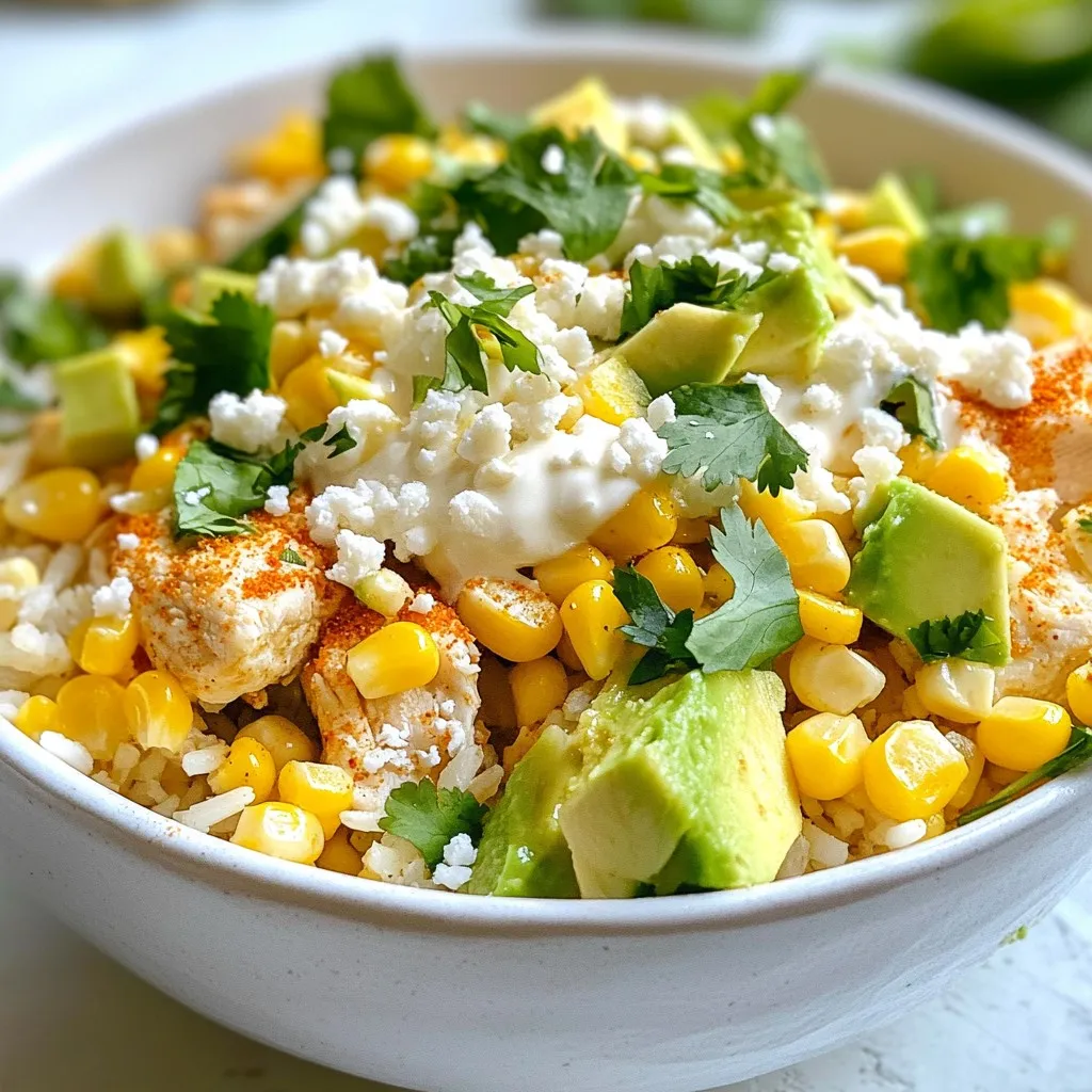 - 2 cups fresh corn kernels (or drained canned/frozen corn) - 1 lb chicken breast, diced into bite-sized pieces - 1 tablespoon olive oil - 1 teaspoon smoked paprika - 1 teaspoon chili powder - Salt and pepper to taste - 1 cup Mexican crema (or substitute with sour cream) - 1/2 cup cotija cheese, crumbled - 1/4 cup fresh cilantro, chopped - Juice of 1 lime - 1 avocado, diced - Cooked rice or quinoa, for serving To make these creamy street corn chicken bowls, you need fresh corn kernels. You can use fresh, canned, or frozen corn. If you use canned or frozen corn, drain and thaw it first. Next, get one pound of chicken breast and cut it into small pieces. For flavor, use olive oil, smoked paprika, chili powder, salt, and pepper. These spices add warmth and depth. You will also need one cup of Mexican crema. If you can't find it, sour cream works well too. Crumbled cotija cheese adds a salty kick. You will need half a cup. Fresh cilantro brightens the dish, so use a quarter cup of chopped cilantro. Don't forget the lime juice for zest! You will want one lime. Diced avocado adds creaminess, so grab one avocado. Finally, serve the bowls over cooked rice or quinoa for a filling meal. These ingredients come together to create a colorful, tasty meal. Enjoy the mix of flavors in every bite! {{ingredient_image_2}} - Heating the Skillet Start by heating a large skillet over medium heat. Add one tablespoon of olive oil. This will help cook the chicken evenly. - Seasoning the Chicken Once the oil is hot, add one pound of diced chicken breast. Season it well with one teaspoon of smoked paprika, one teaspoon of chili powder, salt, and pepper. This mix brings out great flavor. - Checking for Doneness Sauté the chicken for about six to eight minutes. Make sure it reaches an internal temperature of 165°F. The chicken should be golden brown when it's done. After cooking, set the chicken aside on a plate. - Sautéing the Corn In the same skillet, without cleaning it, add two cups of fresh corn kernels. If using canned or frozen corn, make sure it's drained and thawed. Sauté the corn for four to five minutes. This will caramelize the corn and add sweetness. - Combining the Ingredients Stir in one cup of Mexican crema, half a cup of crumbled cotija cheese, and the juice of one lime. Add a pinch of salt. This creamy mix will be rich and delicious. - Simmering for Creaminess Let the corn mixture simmer for two to three minutes. This heats everything through and makes it creamy. The smell will be amazing as it cooks. - Creating the Base In each serving bowl, add a generous scoop of cooked rice or quinoa. This will be the base for your meal. - Layering the Ingredients Next, layer the creamy corn mixture over the rice. After that, add the sautéed chicken on top of the corn. This creates a beautiful stack of flavors. - Final Assembly Steps Finish your bowls by topping them with diced avocado, the remaining cotija cheese, and chopped fresh cilantro. For an extra zing, drizzle more lime juice on top. Serve these bowls warm for the best taste. Enjoy! - Tips for Tender Chicken Use fresh chicken breast for the best taste. Cut it into bite-sized pieces. This helps the chicken cook evenly. Cook it on medium heat to avoid drying it out. Always check the internal temperature; it should be 165°F. This ensures it is safe to eat and juicy. - Flavor Enhancing Techniques Season the chicken well with smoked paprika and chili powder. These spices add depth and warmth. You can also marinate the chicken for a few hours. A simple mix of lime juice and olive oil can do wonders for flavor. - Secrets to Creaminess The key to creamy corn lies in using Mexican crema. It has the right texture and taste. If you can’t find it, sour cream works too. Make sure to mix it in well with the corn. This creates a smooth, rich sauce that enhances the dish. - Alternatives for Cream If you want a lighter option, use Greek yogurt. This offers creaminess without the extra fat. You can also blend silken tofu for a vegan alternative. It adds creaminess without changing the taste much. - Garnishes and Color Garnish your bowls with diced avocado and fresh cilantro. These not only add color but also fresh flavors. A sprinkle of cotija cheese on top makes it look gourmet. Don’t forget a lime wedge for a zesty touch! - Serving Suggestions Serve the bowls warm for the best flavor. You can place them on a colorful plate for fun. If you like spice, add hot sauce on the side. This adds a kick that many enjoy. Pro Tips Use Fresh Ingredients: Fresh corn will give your dish a sweet, crisp texture that frozen or canned corn cannot replicate. Don’t Skip the Seasoning: Properly seasoning your chicken is key to enhancing the overall flavor of your dish, so be generous with the spices! Customize Your Base: Feel free to switch out rice or quinoa for other bases like cauliflower rice or even a bed of greens for a lighter option. Make Ahead: The corn mixture and chicken can be prepared in advance and reheated, making this dish perfect for meal prep! {{image_4}} You can switch up the protein in your Creamy Street Corn Chicken Bowls. Shrimp is a tasty choice. Just sauté shrimp for a few minutes until they turn pink. Tofu also works well. Use firm tofu, press it, and cube it. Then sauté until golden. These options keep the dish fresh and exciting. If you can’t find fresh corn, you can use canned or frozen corn. Canned corn is quick and easy. Just drain and rinse it before use. Frozen corn also works; just make sure to thaw it first. If you want non-corn options, consider using diced bell peppers or zucchini. These can add a nice crunch and flavor. You can serve these bowls in different ways. For a burrito bowl style, add black beans and salsa for a heartier meal. You can also layer in some tortilla chips for crunch. If you prefer a lighter meal, try a salad bowl option. Start with fresh greens, then add all the other ingredients on top. This gives a fresh twist to the dish. - Refrigeration Guidelines: Store the creamy street corn chicken bowls in an airtight container. They stay fresh for up to three days in the fridge. Make sure to cool them to room temperature before sealing. This keeps flavors intact. - Freezing Suggestions: If you want to keep them longer, freeze the chicken and corn mixture separately from the rice or quinoa. Use freezer-safe bags or containers. They can last for up to three months. Thaw in the fridge before reheating. - Best Methods for Reheating: Reheat in the microwave for quick warming. Use a microwave-safe dish and cover it with a damp paper towel. You can also use the stovetop. Heat on low, stirring often to keep the mixture creamy. - Maintaining Texture and Flavor: Add a splash of lime juice or a bit of crema when reheating. This helps revive the flavors and keeps the corn creamy. Avoid overheating to prevent the chicken from drying out. You can use sour cream as a great substitute. It offers a similar creamy texture. Greek yogurt also works well if you want a tangy flavor. Yes, you can! Use dairy-free yogurt or cashew cream as a creamy base. These options keep the dish rich without dairy. This dish lasts about 3 to 4 days in the fridge. Make sure to store it in an airtight container. Absolutely! You can cook the chicken and creamy corn ahead of time. Just reheat them before serving. Fresh salad or grilled vegetables make great sides. You can also serve tortilla chips or a simple salsa. This blog post covered how to make creamy street corn chicken bowls. We discussed key ingredients like fresh corn and spices. I walked you through cooking chicken, preparing the creamy corn, and assembling the bowls. Plus, I shared tips for perfecting flavors and variations you can try. In conclusion, this dish is simple yet flavorful. It's great for any meal, and you can easily adapt it. Enjoy experimenting with different toppings and proteins to find your favorite version.