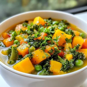 Autumn soups bring warmth and comfort. They help you feel cozy as the leaves change. Each soup I make tells a story of the season. With rich flavors and vibrant colors, they celebrate the harvest. Autumn soups often feature root vegetables. These vegetables add depth and sweetness. Butternut squash, sweet potatoes, and carrots shine in this season. They blend well with herbs like thyme and spices like cumin. The combination creates a comforting bowl of goodness. When you cook, think of what’s in season. Local farms offer fresh produce. Using seasonal ingredients not only tastes better but also supports your community. This soup is a perfect way to showcase these flavors. Seasonal ingredients boast many health benefits. Root vegetables are full of vitamins. Carrots are high in beta-carotene, which is great for your eyes. Sweet potatoes provide fiber and keep you full longer. Kale is packed with nutrients and antioxidants. It helps boost your immune system during colder months. Dried herbs and spices also pack a punch. Thyme helps digestion and adds flavor without extra calories. Cumin can help with inflammation and digestion, making it a smart choice for your health. Making soup at home is a rewarding process. You can control what goes into each bowl. It allows you to avoid preservatives and excess salt. Homemade soup is also a great way to bond with family or friends. Cooking together creates lasting memories. You can share tips and stories while chopping veggies or stirring the pot. Plus, your kitchen will smell amazing! In the end, homemade soup offers warmth, flavor, and joy. It’s about more than just eating; it’s about sharing love and comfort in every spoonful. {{ingredient_image_2}} To make Cozy Harvest Veggie Soup, gather these simple ingredients: - 1 tablespoon olive oil - 1 medium onion, finely chopped - 2 cloves garlic, minced - 3 large carrots, diced into bite-sized pieces - 2 stalks of celery, diced - 1 small butternut squash, peeled and cut into ½-inch cubes - 1 medium sweet potato, peeled and diced - 1 cup green beans, trimmed and cut into 1-inch segments - 1 can (14 oz) diced tomatoes, including the juices - 4 cups vegetable broth - 1 teaspoon dried thyme - 1 teaspoon ground cumin - 1 teaspoon paprika - Salt and freshly ground black pepper, to taste - 2 cups kale, stems removed and chopped - Fresh parsley or dill for garnish Fall brings a bounty of fresh veggies. Butternut squash and sweet potato shine in this soup. They add warmth and sweetness. Kale offers rich nutrients and a lovely color. Carrots and celery give a crisp texture. Each ingredient blends well, making this soup cozy and hearty. You can adapt this recipe easily. If you need it vegan, it is already vegan! For gluten-free, use certified gluten-free broth. If you dislike any veggie, swap it out. Zucchini, spinach, or peas work well. Always taste as you go and adjust to your liking! - Heat 1 tablespoon olive oil in a large pot over medium heat. - Finely chop 1 medium onion and add it to the pot. - Sauté the onion for about 5 minutes until it is soft and clear. - Mince 2 cloves of garlic and add them next. Cook for 1 minute until fragrant. - Dice 3 large carrots, 2 stalks of celery, 1 small butternut squash, and 1 medium sweet potato. - Stir these veggies into the pot and cook for 5 to 7 minutes until they soften. - Trim and cut 1 cup of green beans into 1-inch pieces. Add them to the pot. - Open 1 can of diced tomatoes, including the juices, and mix them in. - Pour in 4 cups of vegetable broth. Stir well to combine. - Add 1 teaspoon of dried thyme, 1 teaspoon of ground cumin, and 1 teaspoon of paprika. - Season generously with salt and pepper to taste. - Raise the heat until the soup boils gently. Then reduce to low heat and cover. - Let the soup simmer for 20 to 25 minutes until all veggies are tender. - In the last 5 minutes, gently fold in 2 cups of chopped kale. - Allow the kale to wilt and turn bright green. - Before serving, taste the soup and adjust seasonings as needed. - Serve hot in rustic bowls and garnish with fresh parsley or dill for color. Pro Tips Chop Uniformly: Ensure all vegetables are cut into similar sizes for even cooking and consistent texture throughout the soup. Enhance Flavor: For a deeper flavor, consider roasting the butternut squash and sweet potatoes before adding them to the soup. Fresh Herbs: Use fresh herbs like thyme or dill instead of dried for a brighter, more aromatic flavor profile. Storage Tips: This soup freezes well, so make a double batch and store leftovers in airtight containers for a quick meal later. {{image_4}} You can make this soup a day in advance. This gives the flavors time to blend. After cooking, let it cool down. Store it in an airtight container in the fridge. When you want to eat, just reheat on the stove. This soup tastes even better the next day! To boost flavors, add fresh herbs like parsley or dill right before serving. You can also squeeze fresh lemon juice for a zesty kick. If you like it spicy, add a pinch of red pepper flakes while cooking. These small changes can make your soup burst with flavor. For the best storage, use glass containers. They keep soup fresh and do not stain. If you plan to freeze, leave some space in the container. Soup expands when frozen. To reheat, thaw it overnight in the fridge. Then, warm it on the stove for the best taste. You can easily make this soup vegan. Just use vegetable broth, which is already in the recipe. All the vegetables are plant-based too. If you want a creamier soup, add a splash of coconut milk or cashew cream at the end. This gives it a rich, smooth texture without breaking the vegan rule. This soup is naturally gluten-free. All the ingredients, from the veggies to the spices, do not contain gluten. Just ensure your vegetable broth is labeled gluten-free. If you want a thicker soup, you can blend a portion of it and mix it back in. This keeps everything gluten-free and adds a nice creaminess. Toppings can really change the soup. Try adding a dollop of plain yogurt or sour cream for creaminess. Croutons add crunch. Fresh herbs like parsley or dill really brighten the flavor. You can also sprinkle some chili flakes if you like heat. For a unique twist, a squeeze of lemon juice gives a fresh zing that contrasts nicely with the rich veggies. To spice up your Cozy Harvest Veggie Soup, add red pepper flakes or cayenne pepper. Start with a pinch, then taste. You can also add fresh jalapeños for a kick. Spice enhances the flavor and warms your soul on chilly days. Think about adding a splash of hot sauce before serving too. Yes, you can freeze your soup! Let it cool first, then transfer it to an airtight container. Leave some space at the top for expansion. It will stay fresh for about three months in the freezer. When ready to eat, thaw it overnight in the fridge and heat it on the stove. Pair your soup with crusty bread or a fresh salad. A slice of whole-grain bread is perfect for dipping. You can also serve it with a dollop of yogurt or sour cream for creaminess. Fresh herbs like parsley or dill add a nice touch. Enjoy your cozy meal! This blog post shared the joys of making healthy autumn soups. We explored the benefits of seasonal ingredients and the importance of homemade meals. I provided a detailed recipe for Cozy Harvest Veggie Soup, covering the best ingredients and cooking steps. As you dive into soup-making, remember to customize it to your taste. Enjoy the warmth and comfort your homemade soup brings on chilly days. Let each bowl create cozy moments this autumn.