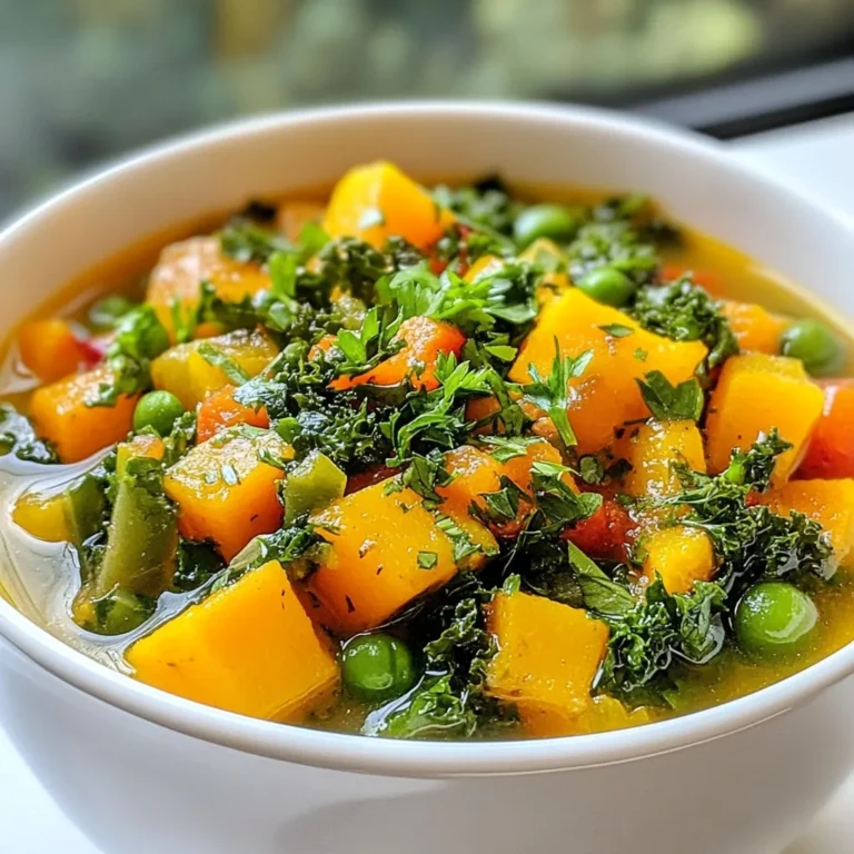 Autumn soups bring warmth and comfort. They help you feel cozy as the leaves change. Each soup I make tells a story of the season. With rich flavors and vibrant colors, they celebrate the harvest. Autumn soups often feature root vegetables. These vegetables add depth and sweetness. Butternut squash, sweet potatoes, and carrots shine in this season. They blend well with herbs like thyme and spices like cumin. The combination creates a comforting bowl of goodness. When you cook, think of what’s in season. Local farms offer fresh produce. Using seasonal ingredients not only tastes better but also supports your community. This soup is a perfect way to showcase these flavors. Seasonal ingredients boast many health benefits. Root vegetables are full of vitamins. Carrots are high in beta-carotene, which is great for your eyes. Sweet potatoes provide fiber and keep you full longer. Kale is packed with nutrients and antioxidants. It helps boost your immune system during colder months. Dried herbs and spices also pack a punch. Thyme helps digestion and adds flavor without extra calories. Cumin can help with inflammation and digestion, making it a smart choice for your health. Making soup at home is a rewarding process. You can control what goes into each bowl. It allows you to avoid preservatives and excess salt. Homemade soup is also a great way to bond with family or friends. Cooking together creates lasting memories. You can share tips and stories while chopping veggies or stirring the pot. Plus, your kitchen will smell amazing! In the end, homemade soup offers warmth, flavor, and joy. It’s about more than just eating; it’s about sharing love and comfort in every spoonful. {{ingredient_image_2}} To make Cozy Harvest Veggie Soup, gather these simple ingredients: - 1 tablespoon olive oil - 1 medium onion, finely chopped - 2 cloves garlic, minced - 3 large carrots, diced into bite-sized pieces - 2 stalks of celery, diced - 1 small butternut squash, peeled and cut into ½-inch cubes - 1 medium sweet potato, peeled and diced - 1 cup green beans, trimmed and cut into 1-inch segments - 1 can (14 oz) diced tomatoes, including the juices - 4 cups vegetable broth - 1 teaspoon dried thyme - 1 teaspoon ground cumin - 1 teaspoon paprika - Salt and freshly ground black pepper, to taste - 2 cups kale, stems removed and chopped - Fresh parsley or dill for garnish Fall brings a bounty of fresh veggies. Butternut squash and sweet potato shine in this soup. They add warmth and sweetness. Kale offers rich nutrients and a lovely color. Carrots and celery give a crisp texture. Each ingredient blends well, making this soup cozy and hearty. You can adapt this recipe easily. If you need it vegan, it is already vegan! For gluten-free, use certified gluten-free broth. If you dislike any veggie, swap it out. Zucchini, spinach, or peas work well. Always taste as you go and adjust to your liking! - Heat 1 tablespoon olive oil in a large pot over medium heat. - Finely chop 1 medium onion and add it to the pot. - Sauté the onion for about 5 minutes until it is soft and clear. - Mince 2 cloves of garlic and add them next. Cook for 1 minute until fragrant. - Dice 3 large carrots, 2 stalks of celery, 1 small butternut squash, and 1 medium sweet potato. - Stir these veggies into the pot and cook for 5 to 7 minutes until they soften. - Trim and cut 1 cup of green beans into 1-inch pieces. Add them to the pot. - Open 1 can of diced tomatoes, including the juices, and mix them in. - Pour in 4 cups of vegetable broth. Stir well to combine. - Add 1 teaspoon of dried thyme, 1 teaspoon of ground cumin, and 1 teaspoon of paprika. - Season generously with salt and pepper to taste. - Raise the heat until the soup boils gently. Then reduce to low heat and cover. - Let the soup simmer for 20 to 25 minutes until all veggies are tender. - In the last 5 minutes, gently fold in 2 cups of chopped kale. - Allow the kale to wilt and turn bright green. - Before serving, taste the soup and adjust seasonings as needed. - Serve hot in rustic bowls and garnish with fresh parsley or dill for color. Pro Tips Chop Uniformly: Ensure all vegetables are cut into similar sizes for even cooking and consistent texture throughout the soup. Enhance Flavor: For a deeper flavor, consider roasting the butternut squash and sweet potatoes before adding them to the soup. Fresh Herbs: Use fresh herbs like thyme or dill instead of dried for a brighter, more aromatic flavor profile. Storage Tips: This soup freezes well, so make a double batch and store leftovers in airtight containers for a quick meal later. {{image_4}} You can make this soup a day in advance. This gives the flavors time to blend. After cooking, let it cool down. Store it in an airtight container in the fridge. When you want to eat, just reheat on the stove. This soup tastes even better the next day! To boost flavors, add fresh herbs like parsley or dill right before serving. You can also squeeze fresh lemon juice for a zesty kick. If you like it spicy, add a pinch of red pepper flakes while cooking. These small changes can make your soup burst with flavor. For the best storage, use glass containers. They keep soup fresh and do not stain. If you plan to freeze, leave some space in the container. Soup expands when frozen. To reheat, thaw it overnight in the fridge. Then, warm it on the stove for the best taste. You can easily make this soup vegan. Just use vegetable broth, which is already in the recipe. All the vegetables are plant-based too. If you want a creamier soup, add a splash of coconut milk or cashew cream at the end. This gives it a rich, smooth texture without breaking the vegan rule. This soup is naturally gluten-free. All the ingredients, from the veggies to the spices, do not contain gluten. Just ensure your vegetable broth is labeled gluten-free. If you want a thicker soup, you can blend a portion of it and mix it back in. This keeps everything gluten-free and adds a nice creaminess. Toppings can really change the soup. Try adding a dollop of plain yogurt or sour cream for creaminess. Croutons add crunch. Fresh herbs like parsley or dill really brighten the flavor. You can also sprinkle some chili flakes if you like heat. For a unique twist, a squeeze of lemon juice gives a fresh zing that contrasts nicely with the rich veggies. To spice up your Cozy Harvest Veggie Soup, add red pepper flakes or cayenne pepper. Start with a pinch, then taste. You can also add fresh jalapeños for a kick. Spice enhances the flavor and warms your soul on chilly days. Think about adding a splash of hot sauce before serving too. Yes, you can freeze your soup! Let it cool first, then transfer it to an airtight container. Leave some space at the top for expansion. It will stay fresh for about three months in the freezer. When ready to eat, thaw it overnight in the fridge and heat it on the stove. Pair your soup with crusty bread or a fresh salad. A slice of whole-grain bread is perfect for dipping. You can also serve it with a dollop of yogurt or sour cream for creaminess. Fresh herbs like parsley or dill add a nice touch. Enjoy your cozy meal! This blog post shared the joys of making healthy autumn soups. We explored the benefits of seasonal ingredients and the importance of homemade meals. I provided a detailed recipe for Cozy Harvest Veggie Soup, covering the best ingredients and cooking steps. As you dive into soup-making, remember to customize it to your taste. Enjoy the warmth and comfort your homemade soup brings on chilly days. Let each bowl create cozy moments this autumn.