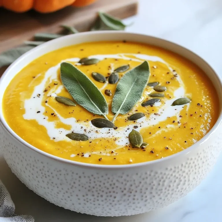 - 1 medium sugar pumpkin (approximately 3-4 lb), peeled, seeded, and cubed - 1 large onion, finely diced - 3 cloves garlic, minced - 4 cups vegetable broth (homemade or store-bought) - 1 cup full-fat coconut milk (for creaminess) - 2 tablespoons extra virgin olive oil - 1 tablespoon fresh sage, finely chopped (or 1 teaspoon dried sage) - 1 teaspoon ground cumin for warmth - Salt and freshly ground pepper, to taste - 1 tablespoon pure maple syrup (optional, for a touch of sweetness) - Pumpkin seeds, toasted, for garnish The core ingredients in this soup shine in flavor and health. - Sugar Pumpkin: This pumpkin is sweet and rich in vitamins A and C. It adds a lovely texture. - Onion and Garlic: Both add a strong base flavor. They are also good for heart health. - Coconut Milk: This gives the soup a creamy texture. It is also dairy-free. - Sage: This herb brings earthiness. It also aids digestion. - Cumin: This spice adds warmth. It may help boost your immune system. - Maple Syrup: This natural sweetener gives a hint of sweetness. It’s optional for those who like it sweeter. You can easily adapt this soup for different diets. - For Vegan: Use vegetable broth and keep the coconut milk. This soup is already vegan-friendly. - For Gluten-Free: All ingredients are gluten-free, so you’re safe! - For Dairy-Free: The coconut milk is a great substitute for cream. It keeps things creamy without dairy. - For Low-Carb: You can use zucchini or cauliflower instead of pumpkin. This keeps the soup low in carbs while still tasty. Feel free to mix and match ingredients to suit your needs while keeping the heart of this cozy fall dish intact. {{ingredient_image_2}} 1. Start by peeling and cubing the sugar pumpkin. You want about 3-4 pounds of pumpkin. 2. Dice one large onion finely. Mince three cloves of garlic. 3. In a large pot, heat two tablespoons of olive oil over medium heat. 4. Add the diced onion and sauté for about five minutes. Stir until the onion is soft. 5. Then, add the minced garlic for one more minute. It should smell great but not brown. 6. Now, add the cubed pumpkin, four cups of vegetable broth, chopped sage, ground cumin, and a pinch of salt and pepper. 7. Stir all ingredients well. Bring it to a rolling boil, then reduce to a gentle simmer. 8. Cover the pot with a lid. Let it simmer for 25-30 minutes or until the pumpkin is tender. - Always choose a sugar pumpkin. It has the best flavor for soups. - Cut pumpkin into even cubes. This helps it cook evenly. - Simmer gently. This keeps the flavors bright and fresh. - Taste as you go. Adjust salt and pepper to your liking. - If using an immersion blender, blend the soup right in the pot. - For a traditional blender, let the soup cool a bit first. - Blend in batches if needed. Pour the soup back into the pot after blending. - Once blended, add one cup of coconut milk. This gives the soup a rich creaminess. - You can add one tablespoon of maple syrup for a touch of sweetness if you wish. - Stir well and warm on low heat before serving. To boost the flavor of your Harvest Pumpkin & Sage Soup, use fresh ingredients. Fresh sage adds a bright note that dried sage cannot match. You can also add a pinch of nutmeg for warmth. If you love a bit of sweetness, stir in maple syrup. This adds depth without overpowering the pumpkin taste. Don’t forget to taste as you go. Adjust the salt and pepper to your liking. This small step makes a big difference. Serve the soup hot in warm bowls. This keeps it cozy and inviting. For a lovely touch, drizzle some extra coconut milk or olive oil on top. It gives a nice visual and adds creaminess. Garnish with toasted pumpkin seeds and fresh sage leaves. This adds crunch and a pop of color. Enjoy the soup with crusty bread for a filling meal. Pair your soup with seasonal sides for a complete meal. A simple mixed green salad with a light vinaigrette works well. You can also serve roasted vegetables. Their earthy flavors match the soup nicely. For a heartier option, try a grilled cheese sandwich. The gooey cheese complements the soup's creaminess. These pairings make your cozy meal even more enjoyable. Pro Tips Choose the Right Pumpkin: Selecting a sugar pumpkin yields the sweetest flavor and smoothest texture for your soup. Look for one that feels heavy for its size and has a firm, unblemished skin. Blend for a Creamy Consistency: For the creamiest soup, ensure you blend until completely smooth. An immersion blender makes this easy, but a traditional blender works just as well if you let the soup cool slightly before blending. Adjust Seasoning to Taste: After adding the coconut milk, take a moment to taste and adjust the seasoning. A pinch of salt or a dash more cumin can elevate the flavors wonderfully. Garnish for Presentation: Elevate your serving by garnishing with toasted pumpkin seeds and a drizzle of coconut milk or olive oil. Fresh sage leaves also add a beautiful pop of color and flavor. {{image_4}} You can switch up the pumpkin with butternut squash or sweet potatoes. Both options add a nice sweetness. If you want to try a spicy kick, use acorn squash. For a twist, add roasted carrots or parsnips for depth. To make this soup dairy-free and vegan, stick with coconut milk. You can also use almond or cashew milk for a different flavor. Avoid adding any cream or dairy products. The soup remains rich and creamy with these alternatives. Want more texture? Add in some cooked quinoa or lentils. They add protein and heartiness. For flavor, toss in a pinch of nutmeg or a splash of apple cider vinegar. Both enhance the natural sweetness of the pumpkin. Topping the soup with crispy shallots or sautéed mushrooms adds a delightful crunch. To store leftover soup, let it cool first. Put it in an airtight container. Make sure to seal it well. You can keep it in the fridge for up to three days. If you want it to last longer, freezing is a good option. For long-term storage, use freezer-safe containers. Leave some space at the top for expansion. Label the containers with the date. You can freeze the soup for up to three months. When ready to eat, thaw it in the fridge overnight. Reheat your soup gently on the stove. Use low heat to avoid burning. Stir often to keep it smooth. If it seems thick, add a little water or broth. You want it warm but not boiling, to keep the flavors fresh. Enjoy your cozy soup again! You can keep this soup in the fridge for about 3 to 5 days. Make sure to store it in an airtight container. If you want to save it longer, you can freeze it. Frozen soup lasts for about 2 to 3 months. Just thaw it in the fridge before reheating. Yes, you can use canned pumpkin. It saves time and is still tasty. Choose a can of pure pumpkin, not pumpkin pie filling. Use about 2 cups of canned pumpkin in place of the fresh. Just heat it with the other ingredients as usual. Pair the soup with a crunchy side salad for balance. A warm, crusty bread also works well. You can add a grilled cheese sandwich for comfort. If you like, serve it with roasted vegetables for extra flavor. This blog post covered everything you need to make Harvest Pumpkin & Sage Soup. You learned about key ingredients, their benefits, and possible substitutions. I shared steps for preparation and tips for perfecting your cooking and blending. We explored ways to enhance flavor and different variations to try. In the end, you'll have a delicious soup to enjoy this fall. Make it your own and share it with friends and family. Happy cooking!
