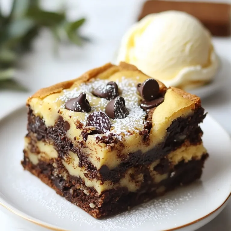 - ½ cup unsalted butter, melted - 1 cup granulated sugar - 2 large eggs - 1 teaspoon vanilla extract - ⅓ cup unsweetened cocoa powder - ½ cup all-purpose flour - ¼ teaspoon salt - ½ teaspoon baking powder - ½ cup unsalted butter, softened - ½ cup brown sugar, packed - ¼ cup granulated sugar - 1 large egg - 1 teaspoon vanilla extract - 1 ½ cups all-purpose flour - ½ teaspoon baking soda - ¼ teaspoon salt - 1 cup chocolate chips (mix of dark and semi-sweet) For the best brookies, use high-quality cocoa powder. It adds rich flavor. Choose a mix of dark and semi-sweet chocolate chips. This mix creates a great taste balance. Make sure your butter is at the right temperature. Melted butter for brownies must be warm. Softened butter for cookies should be creamy but not melted. Measure your flour correctly. Too much flour can lead to dry brookies. Spoon flour into the measuring cup and level it off. These ingredients work together to create fudgy brownies and chewy cookies. The textures blend well, making each bite a delight. {{ingredient_image_2}} Start by preheating your oven to 350°F (175°C). This heat is perfect for baking. Next, grab a 9x9 inch baking pan. Grease it lightly or line it with parchment paper. This step helps with easy removal later. In a medium bowl, mix ½ cup melted butter with 1 cup granulated sugar. Stir until smooth. Next, add 2 large eggs one at a time. Mix in 1 teaspoon vanilla extract. Gradually add ⅓ cup cocoa powder, ½ cup flour, ¼ teaspoon salt, and ½ teaspoon baking powder. Stir until just combined. Pour this brownie batter into the pan, spreading it evenly. In another bowl, use an electric mixer to beat ½ cup softened butter, ½ cup brown sugar, and ¼ cup granulated sugar. Mix until creamy. Then, add 1 large egg and 1 teaspoon vanilla extract. Mix well. Next, slowly add 1 ½ cups flour, ½ teaspoon baking soda, and ¼ teaspoon salt. Stir until combined. Finally, fold in 1 cup chocolate chips. Spoon dollops of cookie dough over the brownie layer. Use a knife or skewer to swirl the cookie dough into the brownie mixture. Be gentle! You want to create a marbled effect without overmixing. This keeps the layers distinct and fun. Place the pan in the oven and bake for 25-30 minutes. The edges should be set, while the middle stays slightly gooey. Use a toothpick to check; it should come out with a few moist crumbs attached. After baking, take the pan out of the oven. Let it cool for at least 15 minutes. This cooling time helps the brookies set and makes cutting easier. Serve warm for the best experience. Dust with powdered sugar or add a scoop of vanilla ice cream for a treat. Enjoy every fudgy and chewy bite! To get that perfect fudgy texture in your brookies, focus on the brownie layer. Use melted butter instead of softened butter. This helps create a denser, richer base. Mix the batter only until combined. Overmixing can add too much air and make them cakey. Bake at 350°F (175°C) for just the right time. Aim for the edges to be set but the center to remain soft. A toothpick should pull out moist crumbs, not clean. If you have leftovers, store them in an airtight container. This keeps them fresh and chewy. They can last up to four days at room temperature. You can also refrigerate them for longer storage. Just make sure they are in a sealed container to avoid drying out. To enjoy them warm, pop them in the microwave for a few seconds. Presentation can make your brookies even more tempting! Serve them warm for the best taste. Dust the top with powdered sugar for a nice touch. Pair each square with a scoop of vanilla ice cream. This adds a creamy contrast to the fudgy texture. You can also drizzle some chocolate or caramel sauce on top for extra flair. Enjoy the blend of flavors and textures! Pro Tips Use Room Temperature Ingredients: Make sure your butter and eggs are at room temperature for the best texture in both layers. Don’t Overmix: When combining the brownie and cookie layers, mix just enough to create a marble effect without overmixing, to preserve the distinct textures. Check for Doneness: Begin checking your brookies a few minutes before the end of the baking time; they should be set around the edges but still slightly gooey in the center. Cool Before Cutting: Allow the brookies to cool in the pan for at least 15 minutes before cutting to ensure clean squares and better flavor melding. {{image_4}} You can add nuts for extra crunch. Chopped walnuts or pecans work well. Just fold in about ½ cup of your chosen nuts into the cookie dough. This gives your brookies a nice texture. You can also add other mix-ins, like dried fruit or even toffee bits. This will enhance the flavor and make them unique. For a gluten-free version, swap the all-purpose flour with a gluten-free blend. Make sure it works for baking. Check the packaging for the right amount. This way, everyone can enjoy these treats, even those with gluten issues. You can change the flavor of your brookies easily. For a mint twist, add 1 teaspoon of peppermint extract to the cookie dough. If you love coffee, mix in 1 tablespoon of instant espresso powder. Both options add a fun twist while keeping the fudgy and chewy texture you love. Feel free to get creative and try other flavors, like orange zest or almond extract! You can store your brookies at room temperature. Place them in an airtight container. They stay fresh for up to three days. Keep them in a cool, dry spot. If you want, use parchment paper between layers to prevent sticking. For longer storage, freezing is best. Cut the brookies into squares first. Wrap each square in plastic wrap. Then, place them in a freezer-safe bag or container. They can last for up to three months in the freezer. Be sure to label the bag with the date. To enjoy your frozen brookies, remove them from the freezer. Thaw them in the fridge overnight. If you want them warm, heat them in the microwave. Use low power for about 10-15 seconds. You can also warm them in the oven at 350°F (175°C) for about 5-7 minutes. Serve them warm for the best taste! A brookie is a mix of a brownie and a cookie. It has two layers: a rich, fudgy brownie on the bottom and a chewy cookie on top. A brownie is denser and made with more chocolate, while a brookie gives you the best of both worlds. You get the deep flavor of brownies and the soft, sweet texture of cookies. It’s a fun twist that satisfies both cravings! Yes, you can use different types of chocolate! You might try milk chocolate or even white chocolate chips. For a richer flavor, dark chocolate is a great choice. Just remember to keep the total amount of chocolate chips the same. Mixing chocolates can add a unique twist to your brookies and make them even more special. Brookies can lose their chewiness for a few reasons. If you overmix the dough, it can become tough. Also, baking them too long can dry them out. Make sure to check them a few minutes before the time is up. They should be set at the edges but slightly gooey in the center. Letting them cool in the pan helps them stay chewy too! To make brookies dairy-free, you can use dairy-free butter or a plant-based alternative. There are also dairy-free chocolate chips available. Check labels to ensure they fit your needs. With these swaps, you can enjoy the same great taste without any dairy! In this post, we explored how to make delicious brookies. You learned about the tasty brownie and cookie layers. We discussed important tips for the best texture and long-term storage. Remember to get creative with mix-ins and flavors for fun twists. Brookies are tasty treats for every occasion. With these steps, you'll impress friends and family. Enjoy your baking adventure!