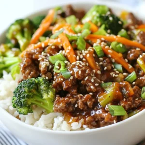 - 1 lb ground beef (preferably lean) - 1 tablespoon sesame oil - 4 cloves garlic, finely minced - 1 tablespoon fresh ginger, finely minced - ¼ cup low-sodium soy sauce - 2 tablespoons brown sugar - 1 tablespoon rice vinegar - 1 tablespoon Gochujang (Korean chili paste) - 2 green onions, thinly sliced (reserve some for garnish) - 1 medium carrot, julienned - 1 cup fresh broccoli florets - 2 cups cooked jasmine rice - 1 tablespoon sesame seeds (for garnish) - Salt and pepper to taste Gather these ingredients before you start. Lean ground beef gives the dish a nice texture. Sesame oil adds a rich, nutty flavor. Fresh garlic and ginger create a fragrant base. Low-sodium soy sauce keeps it savory without too much salt. Brown sugar brings a hint of sweetness. Rice vinegar adds brightness. Gochujang gives a spicy kick. Green onions and carrots add crunch. Broccoli adds color and nutrients. Jasmine rice serves as a fluffy base. Sesame seeds make a lovely garnish. Salt and pepper enhance all the flavors. Each ingredient plays a role in creating balance. You can adjust the spice by adding more or less Gochujang. If you want, you can use different vegetables too! {{ingredient_image_2}} - Heat 1 tablespoon of sesame oil in a large skillet over medium heat. - Add 4 minced garlic cloves and 1 tablespoon of minced ginger. - Sauté the garlic and ginger for about 1 minute until fragrant. - Next, add 1 pound of ground beef to the skillet. - Break the meat apart with a spatula and spread it evenly in the pan. - Cook for 5-7 minutes until the beef is browned and no longer pink. - Once the beef is cooked, add ¼ cup of low-sodium soy sauce. - Mix in 2 tablespoons of brown sugar, 1 tablespoon of rice vinegar, and 1 tablespoon of Gochujang. - Stir everything well and sprinkle in salt and pepper to taste. - Let the mixture simmer for 3-5 minutes to thicken the sauce. - While the beef simmers, steam 1 cup of broccoli florets for 3-4 minutes. - Add 1 julienned medium carrot to the beef mixture and stir for 1-2 minutes. - To assemble the bowls, place cooked jasmine rice at the bottom of each bowl. - Top the rice with the beef mixture, steamed broccoli, and sweet carrots. - Finally, garnish with sliced green onions and sesame seeds for a beautiful finish. How to choose the best ground beef When picking ground beef, lean is best. Look for 80/20 beef, which has 20% fat. This mix gives flavor while keeping it juicy. Avoid meat that looks gray or has a strong smell. Freshness is key for great taste. Tips for balancing flavors with Gochujang Gochujang adds heat and depth to your beef. Start with one tablespoon. Taste your mix before adding more. If it’s too spicy, add a bit of brown sugar or rice vinegar to balance the heat. This will make your dish flavorful without being too hot. Best side dishes to complement Korean Beef Bowls Serve your bowls with pickled vegetables or kimchi for crunch and tang. A simple cucumber salad also works well. For a hearty touch, pair with steamed dumplings. These sides enhance your meal and add variety. Recommended drinks to pair Korean beers or a light lager complement the flavors nicely. If you prefer wine, a chilled Riesling works well too. For a non-alcoholic option, try iced green tea. It refreshes the palate without overpowering the dish. Pro Tips Use High-Quality Beef: Opt for grass-fed or organic ground beef for a richer flavor and better nutritional profile. Customize the Spice Level: Adjust the amount of Gochujang based on your heat preference; start with less if you're sensitive to spice. Prep Ahead: Chop veggies and prepare the sauce in advance to make assembly quicker during busy weeknights. Experiment with Veggies: Feel free to add other vegetables like bell peppers or snap peas for extra color and crunch. {{image_4}} You can easily switch up the protein in this dish. Try ground turkey or chicken. Both will keep the dish lean and tasty. If you want to go meatless, use firm tofu or tempeh. Crumble them like ground beef and cook them the same way. They absorb all the great flavors from the sauce. Adjusting spice levels is simple. If you like more heat, add more Gochujang. For less heat, use less or skip it. You can also add a splash of sriracha for extra zing. Feel free to mix in different veggies too. Bell peppers, snap peas, or zucchini work well. Just remember to chop them small, so they cook fast and mix well. To store your Korean Ground Beef Bowls, let them cool first. Place them in an airtight container. This keeps the flavors fresh. You can store them in the fridge. They will last for about 3 to 4 days. If you want to keep them longer, freeze them. They can stay in the freezer for up to 2 months. Just remember to label the container with the date. This way, you will know when to use them. When you are ready to eat your leftovers, reheating is key. The microwave is quick and easy. Place your bowl in the microwave. Heat it for 1 to 2 minutes. Stir halfway through for even heating. If you prefer, you can use a skillet. Heat it over medium heat. Add a splash of water to keep it moist. Stir for about 5 minutes until warm. Enjoy your meal just like the first time! Can I freeze Korean Ground Beef Bowls? Yes, you can freeze Korean Ground Beef Bowls. Just cool them first. Place the beef mix and rice in airtight containers. They can last up to three months. When ready to eat, thaw in the fridge overnight and reheat on the stove or microwave. What can I use instead of Gochujang? If you don’t have Gochujang, try using sriracha or chili paste. Mix a bit of sugar for sweetness. This keeps the flavor close, but it may not be as rich. How do I make it less spicy? To tone down the heat, reduce the Gochujang amount. You can also add more sugar or rice vinegar. Adding more vegetables like carrots or broccoli helps, too. These will balance the spice and keep the dish tasty. Korean Ground Beef Bowls are a tasty, easy dish to make. We covered the main ingredients, step-by-step cooking, and tips for success. You learned how to adjust flavors and even switch up proteins if needed. Remember, these bowls are not just quick to prepare but also fun to customize. Use fresh, good-quality ingredients for the best results. Enjoy your cooking, and make these bowls your own!