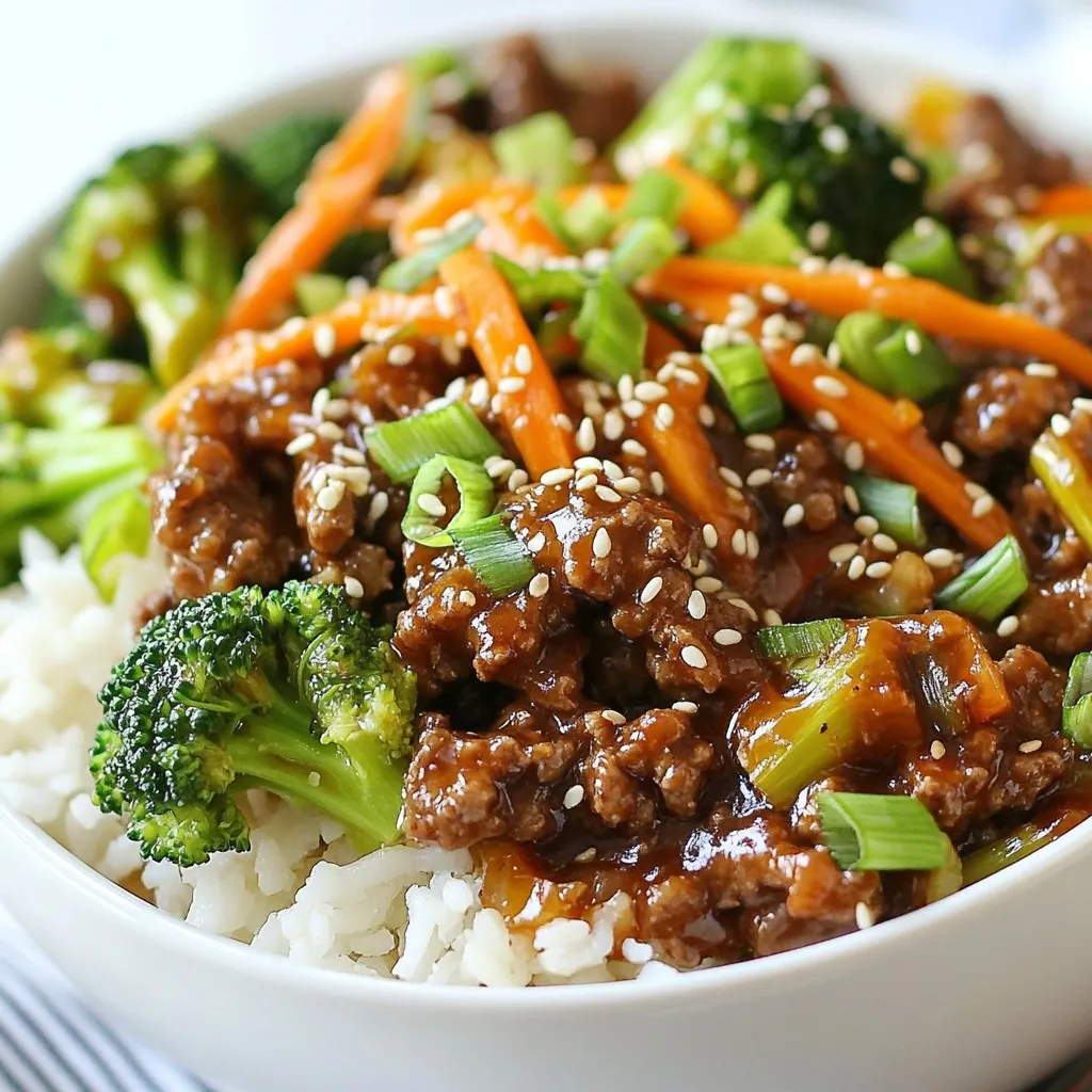 - 1 lb ground beef (preferably lean) - 1 tablespoon sesame oil - 4 cloves garlic, finely minced - 1 tablespoon fresh ginger, finely minced - ¼ cup low-sodium soy sauce - 2 tablespoons brown sugar - 1 tablespoon rice vinegar - 1 tablespoon Gochujang (Korean chili paste) - 2 green onions, thinly sliced (reserve some for garnish) - 1 medium carrot, julienned - 1 cup fresh broccoli florets - 2 cups cooked jasmine rice - 1 tablespoon sesame seeds (for garnish) - Salt and pepper to taste Gather these ingredients before you start. Lean ground beef gives the dish a nice texture. Sesame oil adds a rich, nutty flavor. Fresh garlic and ginger create a fragrant base. Low-sodium soy sauce keeps it savory without too much salt. Brown sugar brings a hint of sweetness. Rice vinegar adds brightness. Gochujang gives a spicy kick. Green onions and carrots add crunch. Broccoli adds color and nutrients. Jasmine rice serves as a fluffy base. Sesame seeds make a lovely garnish. Salt and pepper enhance all the flavors. Each ingredient plays a role in creating balance. You can adjust the spice by adding more or less Gochujang. If you want, you can use different vegetables too! {{ingredient_image_2}} - Heat 1 tablespoon of sesame oil in a large skillet over medium heat. - Add 4 minced garlic cloves and 1 tablespoon of minced ginger. - Sauté the garlic and ginger for about 1 minute until fragrant. - Next, add 1 pound of ground beef to the skillet. - Break the meat apart with a spatula and spread it evenly in the pan. - Cook for 5-7 minutes until the beef is browned and no longer pink. - Once the beef is cooked, add ¼ cup of low-sodium soy sauce. - Mix in 2 tablespoons of brown sugar, 1 tablespoon of rice vinegar, and 1 tablespoon of Gochujang. - Stir everything well and sprinkle in salt and pepper to taste. - Let the mixture simmer for 3-5 minutes to thicken the sauce. - While the beef simmers, steam 1 cup of broccoli florets for 3-4 minutes. - Add 1 julienned medium carrot to the beef mixture and stir for 1-2 minutes. - To assemble the bowls, place cooked jasmine rice at the bottom of each bowl. - Top the rice with the beef mixture, steamed broccoli, and sweet carrots. - Finally, garnish with sliced green onions and sesame seeds for a beautiful finish. How to choose the best ground beef When picking ground beef, lean is best. Look for 80/20 beef, which has 20% fat. This mix gives flavor while keeping it juicy. Avoid meat that looks gray or has a strong smell. Freshness is key for great taste. Tips for balancing flavors with Gochujang Gochujang adds heat and depth to your beef. Start with one tablespoon. Taste your mix before adding more. If it’s too spicy, add a bit of brown sugar or rice vinegar to balance the heat. This will make your dish flavorful without being too hot. Best side dishes to complement Korean Beef Bowls Serve your bowls with pickled vegetables or kimchi for crunch and tang. A simple cucumber salad also works well. For a hearty touch, pair with steamed dumplings. These sides enhance your meal and add variety. Recommended drinks to pair Korean beers or a light lager complement the flavors nicely. If you prefer wine, a chilled Riesling works well too. For a non-alcoholic option, try iced green tea. It refreshes the palate without overpowering the dish. Pro Tips Use High-Quality Beef: Opt for grass-fed or organic ground beef for a richer flavor and better nutritional profile. Customize the Spice Level: Adjust the amount of Gochujang based on your heat preference; start with less if you're sensitive to spice. Prep Ahead: Chop veggies and prepare the sauce in advance to make assembly quicker during busy weeknights. Experiment with Veggies: Feel free to add other vegetables like bell peppers or snap peas for extra color and crunch. {{image_4}} You can easily switch up the protein in this dish. Try ground turkey or chicken. Both will keep the dish lean and tasty. If you want to go meatless, use firm tofu or tempeh. Crumble them like ground beef and cook them the same way. They absorb all the great flavors from the sauce. Adjusting spice levels is simple. If you like more heat, add more Gochujang. For less heat, use less or skip it. You can also add a splash of sriracha for extra zing. Feel free to mix in different veggies too. Bell peppers, snap peas, or zucchini work well. Just remember to chop them small, so they cook fast and mix well. To store your Korean Ground Beef Bowls, let them cool first. Place them in an airtight container. This keeps the flavors fresh. You can store them in the fridge. They will last for about 3 to 4 days. If you want to keep them longer, freeze them. They can stay in the freezer for up to 2 months. Just remember to label the container with the date. This way, you will know when to use them. When you are ready to eat your leftovers, reheating is key. The microwave is quick and easy. Place your bowl in the microwave. Heat it for 1 to 2 minutes. Stir halfway through for even heating. If you prefer, you can use a skillet. Heat it over medium heat. Add a splash of water to keep it moist. Stir for about 5 minutes until warm. Enjoy your meal just like the first time! Can I freeze Korean Ground Beef Bowls? Yes, you can freeze Korean Ground Beef Bowls. Just cool them first. Place the beef mix and rice in airtight containers. They can last up to three months. When ready to eat, thaw in the fridge overnight and reheat on the stove or microwave. What can I use instead of Gochujang? If you don’t have Gochujang, try using sriracha or chili paste. Mix a bit of sugar for sweetness. This keeps the flavor close, but it may not be as rich. How do I make it less spicy? To tone down the heat, reduce the Gochujang amount. You can also add more sugar or rice vinegar. Adding more vegetables like carrots or broccoli helps, too. These will balance the spice and keep the dish tasty. Korean Ground Beef Bowls are a tasty, easy dish to make. We covered the main ingredients, step-by-step cooking, and tips for success. You learned how to adjust flavors and even switch up proteins if needed. Remember, these bowls are not just quick to prepare but also fun to customize. Use fresh, good-quality ingredients for the best results. Enjoy your cooking, and make these bowls your own!