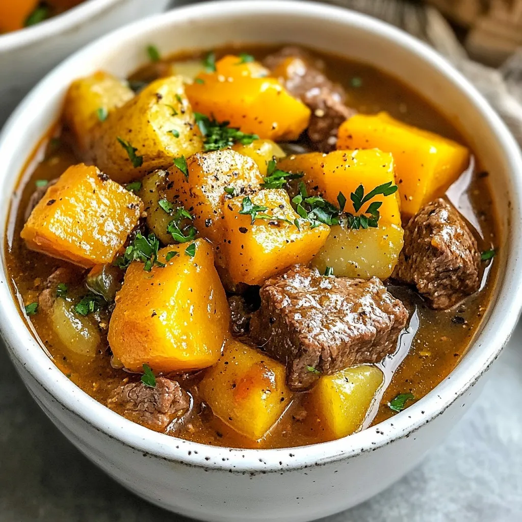Witch's Cauldron Beef Stew needs fresh, hearty ingredients. Let’s break them down. - Beef and Vegetables - 2 lbs beef chuck, cut into 1-inch cubes - 1 large onion, diced - 3 cloves garlic, minced - 2 medium carrots, sliced - 2 medium potatoes, diced - 1 cup butternut squash, diced - 1 cup frozen peas - Seasoning and Broth - 3 tablespoons olive oil - 4 cups beef broth - 1 tablespoon Worcestershire sauce - 1 teaspoon dried thyme - 1 teaspoon dried rosemary - 1 bay leaf - Salt and pepper to taste - Optional Garnish - Fresh parsley, chopped These ingredients create a rich and filling stew. They work together to build deep flavor. The beef chuck gives a nice texture. The vegetables add sweetness and color. The herbs enhance the taste and aroma. Using fresh ingredients makes all the difference. Enjoy the magic of cooking with these simple yet powerful components! {{ingredient_image_2}} Searing the Beef Start by heating three tablespoons of olive oil in a large pot over medium-high heat. The oil should shimmer, which tells you it's ready. Season two pounds of beef chuck with salt and pepper. Add the beef cubes in batches. Sear them for about five to seven minutes. Make sure they get brown on all sides. This adds flavor. Once browned, remove the beef and set it aside on a plate. Setting aside seared beef Keep the beef on the plate while you cook the vegetables. It is important to keep the beef warm. This ensures it stays juicy when you mix it back in later. Sautéing the Onion and Garlic Lower the heat slightly. In the same pot, add one large diced onion. Sauté it for about three to four minutes until soft. Next, add three minced garlic cloves. Cook for one more minute. The garlic should smell great but watch it carefully so it doesn’t burn. Adding Remaining Vegetables Now, add two sliced carrots, two diced potatoes, and one cup of diced butternut squash. Stir everything together. Cook for about three to five minutes. You want the vegetables to start softening and getting some nice color. Mixing in Broth and Seasonings Return the seared beef to the pot. Stir it in with the veggies. Pour in four cups of beef broth. Add one tablespoon of Worcestershire sauce, one teaspoon of dried thyme, one teaspoon of dried rosemary, and one bay leaf. Give everything a good stir to mix the flavors. Simmering the Stew Bring the stew to a gentle simmer. Reduce the heat to low and cover the pot. Let it simmer for about one and a half to two hours. This slow cooking will make the beef very tender and blend the flavors nicely. In the last ten minutes, add one cup of frozen peas. Stir them in gently to warm them through. Before serving, taste the stew and adjust the seasoning with more salt and pepper if needed. Remember to take out the bay leaf for a clean look! Searing Techniques for Flavor To start, searing the beef is key. This step adds great flavor. Heat olive oil in a pot until it shimmers. Then, season the beef with salt and pepper. Add the beef in batches. Don’t crowd the pot; this helps with browning. Aim for a golden crust on all sides. This takes about 5-7 minutes per batch. Once browned, set the beef aside. The juices left in the pot will add more taste. Adjusting Seasoning to Taste Once the stew is done, taste it. Adjust the seasoning as needed. Add more salt or pepper if it needs it. This final touch makes a big difference. Remember, flavors deepen as the stew sits. So, taste it just before serving. This way, you can ensure it’s perfect. Creative Serving Suggestions For a fun serving style, use rustic bowls. Ladle the stew into each bowl. This gives a warm, inviting feel. You can garnish with fresh parsley for color. Pair it with crusty bread for dipping. This adds a nice touch, making meals more enjoyable. Thematic Presentation Ideas To embrace the cauldron theme, consider using dark, earthy colors. A black or deep green tablecloth works well. You might also use little cauldrons for serving. This adds a whimsical feel to your meal. Use themed napkins and candles for extra charm. These small details make the dish feel special and festive. Pro Tips Sear the Beef Properly: Make sure the beef cubes are patted dry before seasoning and searing. This helps achieve a rich, golden crust that adds depth to the stew’s flavor. Use Homemade Beef Broth: If possible, use homemade beef broth for a more robust flavor. Store-bought broth can work, but it may lack the richness of homemade. Let It Rest: After cooking, let the stew sit for about 15 minutes before serving. This resting period allows the flavors to meld even further. Experiment with Vegetables: Feel free to add or substitute other vegetables like parsnips or turnips for a unique twist and added nutrition. {{image_4}} You can swap beef chuck for other meats. Try using lamb for a gamey taste. Pork also works well, giving a sweeter flavor. Chicken is a lighter option. Adjust cooking times for tender results with different meats. Feel free to mix up the veggies. Sweet potatoes add a nice twist. You can also use parsnips for a hint of sweetness. Mushrooms give an earthy taste. Green beans or bell peppers can bring a colorful crunch. To keep the stew gluten-free, check the Worcestershire sauce. Some brands contain gluten. You can find gluten-free versions easily. Use cornstarch or arrowroot for thickening instead of flour. For a vegetarian version, skip the beef. Use hearty mushrooms or lentils as protein. Replace beef broth with vegetable broth for flavor. Add more root vegetables for extra texture and taste. To keep your Witch’s Cauldron Beef Stew fresh, follow these tips. First, let the stew cool down before storing. This helps prevent moisture build-up in the container. Use airtight containers and divide the stew into smaller portions. This way, you can easily reheat just what you need. Best Practices for Refrigeration - Place the stew in the fridge within two hours of cooking. - Keep it in the fridge for up to three days. - Make sure the container is tightly sealed. Freezing the Beef Stew - You can freeze the beef stew for up to three months. - Use freezer-safe containers or bags. - Leave some space at the top of the container for expansion. Reheating your stew is simple. You want to warm it up without losing its rich flavor. Here are some easy methods. How to Reheat Without Losing Flavor - Always reheat gently over low heat. - Stir often to help heat evenly. - Add a splash of beef broth or water if it seems too thick. Microwave vs. Stovetop - For the microwave, heat in short bursts. Stir in between to avoid hot spots. - The stovetop is great for larger portions. Just keep the heat low and stir well. These tips will help you enjoy your hearty stew even after the first serving! You can thicken your beef stew in a few simple ways. First, you can make a slurry by mixing equal parts cornstarch and cold water. Stir it into the stew about 10 minutes before it finishes cooking. Another method is to mash some of the potatoes or butternut squash in the stew. This adds body and thickens the sauce naturally. Lastly, simmer the stew uncovered for a longer time. This helps some liquid evaporate, making the stew thicker. Yes, you can make Witch's Cauldron Beef Stew in a slow cooker. First, follow the instructions for browning the beef and cooking the onions and garlic. Then, transfer everything to your slow cooker. Add the remaining ingredients, including broth and seasonings. Set the slow cooker on low for 6-8 hours or on high for 3-4 hours. This method allows flavors to meld nicely while you go about your day. - Pairing Suggestions This stew pairs well with crusty bread. Slices of fresh baguette or a hearty sourdough are perfect for dipping. You can also serve it with a green salad for a refreshing contrast. - Side Dish Ideas Consider roasted vegetables or steamed green beans as side dishes. A simple coleslaw can add a nice crunch. For something cozy, try serving it with mashed potatoes. They soak up the flavorful broth wonderfully! This blog post covered how to make a hearty beef stew. We explored the key ingredients, from beef and veggies to seasonings and broth. I guided you through easy steps for preparing and cooking. Additionally, I shared tips for enhancing flavors, serving, and creative variations. In your kitchen, you can now create this delicious stew. Enjoy the process and adapt it to your tastes. Your beef stew will warm hearts and bellies alike. Happy cooking!