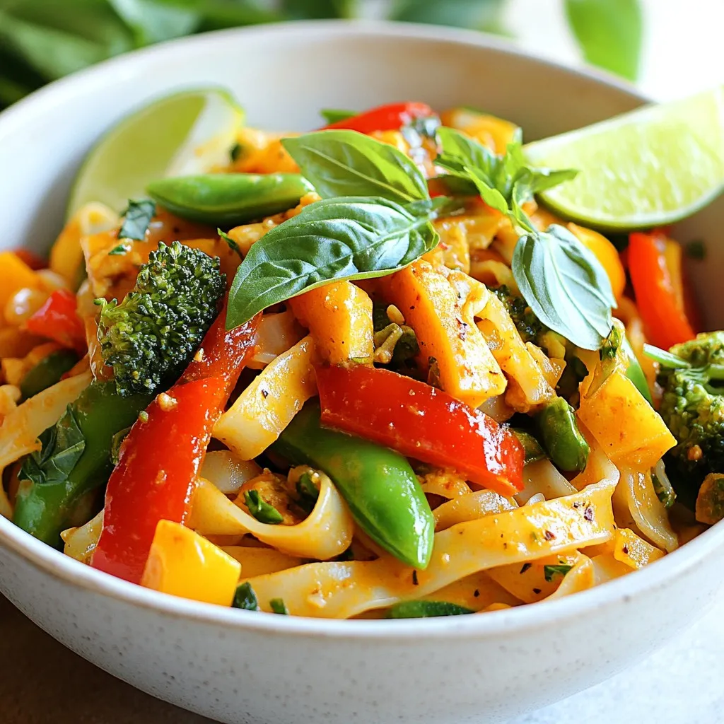 For Thai Drunken Noodles, you need these key items: - 8 oz wide rice noodles - 2 tablespoons vegetable oil - 3 cloves garlic, finely minced - 1-inch piece of ginger, freshly grated - 1 red bell pepper, sliced into thin strips - 1 cup broccoli florets, bite-sized - 1 cup snap peas, trimmed - 2 green onions, chopped into 1-inch pieces - 1 small red chili, thinly sliced - 4 tablespoons soy sauce - 2 tablespoons oyster sauce - 1 tablespoon brown sugar - 1 tablespoon fresh lime juice - Fresh basil leaves, for garnish To make this dish taste just right, focus on these ingredients: - Wide rice noodles: They hold sauce well. - Oyster sauce: It gives a rich, savory flavor. - Fresh ginger and garlic: These add depth and warmth. - Basil leaves: They bring freshness and aroma. If you can't find some ingredients, here are swaps you can use: - Oyster sauce: Use mushroom sauce for a vegetarian option. - Red chili: Adjust based on your spice level preference. - Broccoli: You can swap it for green beans or bell peppers. - Soy sauce: For gluten-free, try tamari or coconut aminos. {{ingredient_image_2}} First, cook the rice noodles. Follow the package instructions carefully. Usually, you will boil them in water for about 5 to 7 minutes. You want them to be al dente, so don’t overcook them. Once they are done, drain the noodles in a colander. Rinse them under cold water to stop the cooking process. Place them in a large bowl and set aside. This keeps them from sticking together. Next, grab a large skillet or wok. Heat 2 tablespoons of vegetable oil over medium-high heat. When the oil shimmers, it’s time to add the aromatics. Carefully add 3 minced garlic cloves and 1 inch of freshly grated ginger. Sauté them for about 30 seconds. You want them to smell amazing, but be careful not to burn them. This step builds the base of flavor for your dish. Now, it’s time for the fun part. Add the sliced red bell pepper, 1 cup of broccoli florets, and 1 cup of snap peas to the skillet. Stir-fry the veggies for about 3 to 4 minutes. You want them to be tender but still crisp and colorful. Once they look good, add in your cooked rice noodles. Toss in 2 chopped green onions and 1 small sliced red chili too. Stir-fry everything together for another 2 minutes. Now, prepare the sauce. In a small bowl, mix 4 tablespoons of soy sauce, 2 tablespoons of oyster sauce, 1 tablespoon of brown sugar, and 1 tablespoon of fresh lime juice. Pour this sauce over the noodles and veggies. Toss everything to coat well. Let it cook for one more minute to heat through. Finally, fold in some fresh basil leaves and give it a gentle toss. Your Thai Drunken Noodles are ready to impress! To get the real taste of Thai Drunken Noodles, focus on fresh ingredients. Use garlic and ginger for strong flavor. Fresh basil adds a nice touch. The right sauces are key. Soy sauce gives saltiness, while oyster sauce adds depth. If you want a vegetarian dish, swap oyster sauce for mushroom sauce. Each of these choices brings you closer to that authentic taste. Texture is important in this dish. Start with al dente rice noodles. This means they should be firm when you bite them. Drain them well to avoid stickiness. When stir-frying, don’t overcrowd the pan. This helps keep your veggies crisp. Stir-fry on high heat for a short time. This way, you get a nice char without overcooking. A beautiful plate makes the meal even better. Serve the noodles in a shallow bowl or a wide plate. Top with fresh basil leaves for color. You can add lime wedges on the side for extra zing. For crunch, sprinkle some sesame seeds just before serving. This makes your dish not just tasty, but also pretty! Pro Tips Use Fresh Ingredients: Always opt for fresh vegetables and herbs to enhance the flavor and nutrition of your Drunken Noodles. Adjust Spice Levels: Feel free to modify the amount of red chili based on your spice tolerance to ensure the dish is perfect for your palate. Don’t Overcook the Noodles: Cook the rice noodles just until al dente, as they will continue to cook slightly when stir-fried with the vegetables. Garnish for Flavor: Adding fresh basil and lime wedges not only enhances the presentation but also adds a burst of flavor when served. {{image_4}} You can swap proteins in Thai Drunken Noodles for variety. Chicken and beef are popular. For chicken, use thin strips, and stir-fry until cooked. If you prefer beef, flank steak works well. Slice it thinly for quick cooking. If you want a meatless option, tofu is perfect. Firm tofu holds its shape and adds a nice texture. Just cube it and fry until golden. To make a vegetarian version, replace the oyster sauce with mushroom sauce. This keeps the umami flavor without meat. For a vegan option, ensure the sauces are vegan-friendly. You can add extra vegetables like bell peppers or eggplant for more nutrition. Always check labels for hidden animal products in sauces. Adjust the spice level to your taste. Use less chili for a milder dish or extra for heat. You can also add a splash of chili sauce for more flavor. Fresh herbs like cilantro or mint can enhance the dish too. They add freshness and contrast the noodles' richness. Experiment with lime juice or a bit of vinegar for a tangy twist. To store your Thai Drunken Noodles, let them cool down first. Place the noodles in an airtight container. This helps keep them fresh. You can also use plastic wrap to cover the dish. If you have extra sauce, store it in a separate container. This way, your noodles won't get soggy. When it’s time to eat leftovers, reheat the noodles in a skillet. Heat over medium heat and add a splash of water or broth. This adds moisture and helps them heat evenly. Stir gently until warmed through. You can also use the microwave. Just cover the dish and heat in short bursts. Stir between each burst to avoid hot spots. Thai Drunken Noodles can last in the fridge for about 3 days. If you freeze them, they can last up to 2 months. When frozen, the texture might change a bit. To enjoy the best flavor, eat them within a week for best results. Always check for signs of spoilage before eating. Thai Drunken Noodles, or Pad Kee Mao, come from Thailand. The dish has a rich history. It is a popular street food that combines bold flavors. The name "Drunken Noodles" may come from how well it pairs with beer. Some say it was made for late-night eaters. Others think it helps cure hangovers. The dish is known for its spicy kick and fresh herbs. Yes, you can use other vegetables in Thai Drunken Noodles. This dish is very flexible. You can add bell peppers, carrots, or zucchini. Try mushrooms or baby corn for different textures. Just make sure to cut them small for even cooking. This way, they will blend well with the noodles. The key is to keep the veggies crisp and colorful. Feel free to experiment with what you have at home! Making Thai Drunken Noodles gluten-free is easy. First, switch out regular soy sauce for gluten-free soy sauce. You can also use tamari as a substitute. Check the oyster sauce for gluten, too. You can use a mushroom sauce if needed. Always read labels to ensure all ingredients are gluten-free. With these swaps, you can enjoy this tasty dish without worry! In this blog post, we explored how to make Thai Drunken Noodles. We covered the key ingredients that bring authentic flavor and suggested easy substitutions. You learned step-by-step cooking techniques and tips to achieve the best texture. We also discussed variations, storage info, and answered common questions. Now you can create this tasty dish at home. Enjoy experimenting with flavors and sharing your delicious results!