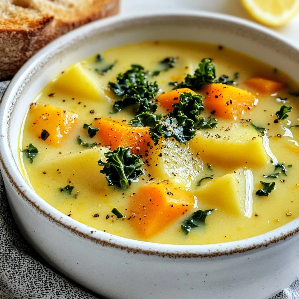 - 1 tablespoon olive oil - 1 medium onion, finely chopped - 3 cloves garlic, minced - 2 medium carrots, sliced into rounds - 2 celery stalks, chopped - 1 medium butternut squash, peeled and diced into 1-inch cubes - 1 medium potato, peeled and diced - 4 cups vegetable broth (homemade or store-bought) - 1 teaspoon dried thyme - 1 teaspoon ground cumin - Salt and freshly ground black pepper to taste - 1 cup fresh kale, stems removed and chopped - 1/2 cup fresh parsley, chopped for garnish - Juice of 1 ripe lemon For this soup, you can use: - A large, heavy-bottomed pot - A cutting board and knife - A wooden spoon for stirring - An immersion blender for pureeing (if desired) - Measuring spoons and cups While the recipe includes thyme and cumin, you can add: - A pinch of red pepper flakes for heat - A dash of smoked paprika for depth - Fresh herbs like basil or cilantro for a brighter taste - A splash of balsamic vinegar for tanginess {{ingredient_image_2}} Start by gathering all your ingredients. You need fresh and crisp vegetables. Chop the onion finely. Mince the garlic. Slice the carrots into rounds. Chop the celery into small pieces. Peel the butternut squash and cut it into 1-inch cubes. Peel and dice the potato. These steps set you up for a smooth cooking process. Heat 1 tablespoon of olive oil in a large pot over medium heat. Add the chopped onion and cook for 3-4 minutes. Stir often until the onion looks soft and clear. Next, add the minced garlic, sliced carrots, and chopped celery. Cook for another 5 minutes. The kitchen will start to smell great! This mix makes a tasty base for your soup. Add the diced butternut squash and potato to your pot. Stir everything well. Pour in 4 cups of vegetable broth. Sprinkle 1 teaspoon of dried thyme, 1 teaspoon of ground cumin, and a pinch of salt and pepper. Turn up the heat until it gently boils. Then, lower the heat and cover the pot. Let the soup simmer for 20-25 minutes. The veggies should be soft enough to pierce with a fork. After that, stir in 1 cup of chopped kale. Cook for 5 more minutes. The kale will wilt and brighten the soup. Finally, squeeze the juice of 1 ripe lemon into the pot. Taste and adjust the seasoning if needed. If you want a creamy soup, use an immersion blender to puree it. If you prefer a chunkier texture, leave it as is. Enjoy this cozy fall soup! To get the right texture, you have two options. You can blend the soup for a creamy feel. Use an immersion blender for this. If you want a chunkier soup, leave it as is. Both ways taste great. Adjust the thickness by adding more broth if needed. Timing helps your soup shine. Start with the onion and garlic. They need a few minutes to get soft. Next, add carrots and celery. They take about five minutes to cook. Butternut squash and potatoes need more time. Let them simmer for 20-25 minutes. Finally, add the kale last. It wilts quickly in just five minutes. To make your soup pop, try these tips. Add a dash of hot sauce for heat. A sprinkle of fresh herbs can brighten the dish. If you like it tangy, squeeze in more lemon juice. You can also mix in a spoonful of pesto for depth. Experiment with spices to find your favorite blend! Pro Tips Use Fresh Ingredients: Fresh vegetables and herbs will enhance the flavor of your soup significantly. Opt for seasonal produce whenever possible for the best taste. Adjust Consistency: For a creamier soup, blend it until smooth. If you prefer a chunkier texture, simply mash some pieces with a fork before serving. Spice it Up: Feel free to add a pinch of red pepper flakes or a dash of hot sauce for an extra kick. Adjust according to your heat preference! Storage Tips: This soup stores well in the refrigerator for up to 3 days. Reheat gently on the stove, adding a splash of water or broth if it thickens too much. {{image_4}} You can easily make this soup vegetarian or vegan. Just use vegetable broth. The base of this soup is already plant-based. If you want creaminess, add coconut milk instead of dairy. This gives a lovely texture and flavor. You can also include more veggies. Consider adding bell peppers or zucchini for variety. Need a heartier soup? Adding protein is simple. You can toss in cooked beans or lentils. Chickpeas work great too! They add fiber and make the soup filling. If you prefer meat, shredded chicken or turkey can boost the flavor. Just stir them in during the last few minutes of cooking. Changing the spices can really change the taste. For a spicy kick, add cayenne pepper or red pepper flakes. If you want a fresh twist, try adding fresh herbs like basil or cilantro. You can also swap thyme for rosemary for a woodsy flavor. Experiment with your favorites to make the soup your own! After making the soup, let it cool down. Pour it into airtight containers. Make sure to leave some space at the top. This allows for any expansion when freezing. Label the containers with the date. Store them in the fridge if you plan to eat the soup soon. You can freeze this soup for later. It keeps well for up to three months. When ready to eat, take it out of the freezer. Place it in the fridge overnight to thaw. Reheat it in a pot over medium heat. Stir often to ensure even warming. You can also use a microwave, but stir halfway through. In the fridge, the soup lasts about 3 to 5 days. If you see any signs of spoilage, like an off smell or mold, throw it away. Always trust your senses. It's better to be safe than sorry! Yes, you can use frozen vegetables in this soup. They save time and still taste great. Just add them when you would add the fresh vegetables. Keep in mind that frozen veggies may cook faster, so check for tenderness. To boost flavor, try these tips: - Use homemade vegetable broth for a richer taste. - Add more herbs, like fresh thyme or bay leaves. - A splash of soy sauce or a bit of miso can add depth. - Finish with a drizzle of good olive oil before serving. I love to serve this soup with: - Crusty bread for dipping. - A fresh green salad for crunch. - Grilled cheese sandwiches for a classic pairing. These sides make the meal even more satisfying. Yes, this soup works well in a slow cooker. Just follow these steps: 1. Sauté the onion and garlic in a pan first. 2. Add all ingredients to the slow cooker. 3. Cook on low for 6-8 hours or high for 3-4 hours. This method allows flavors to meld beautifully. This blog post covered everything you need to make a great vegetable soup. We explored key ingredients, tools, and seasonings to start. I shared step-by-step instructions to guide your cooking. We also discussed tips for perfect texture and timing for each vegetable. Plus, I offered variations to fit your diet and storage tips for freshness. Remember, a flavorful soup can be your go-to dish. Happy cooking!