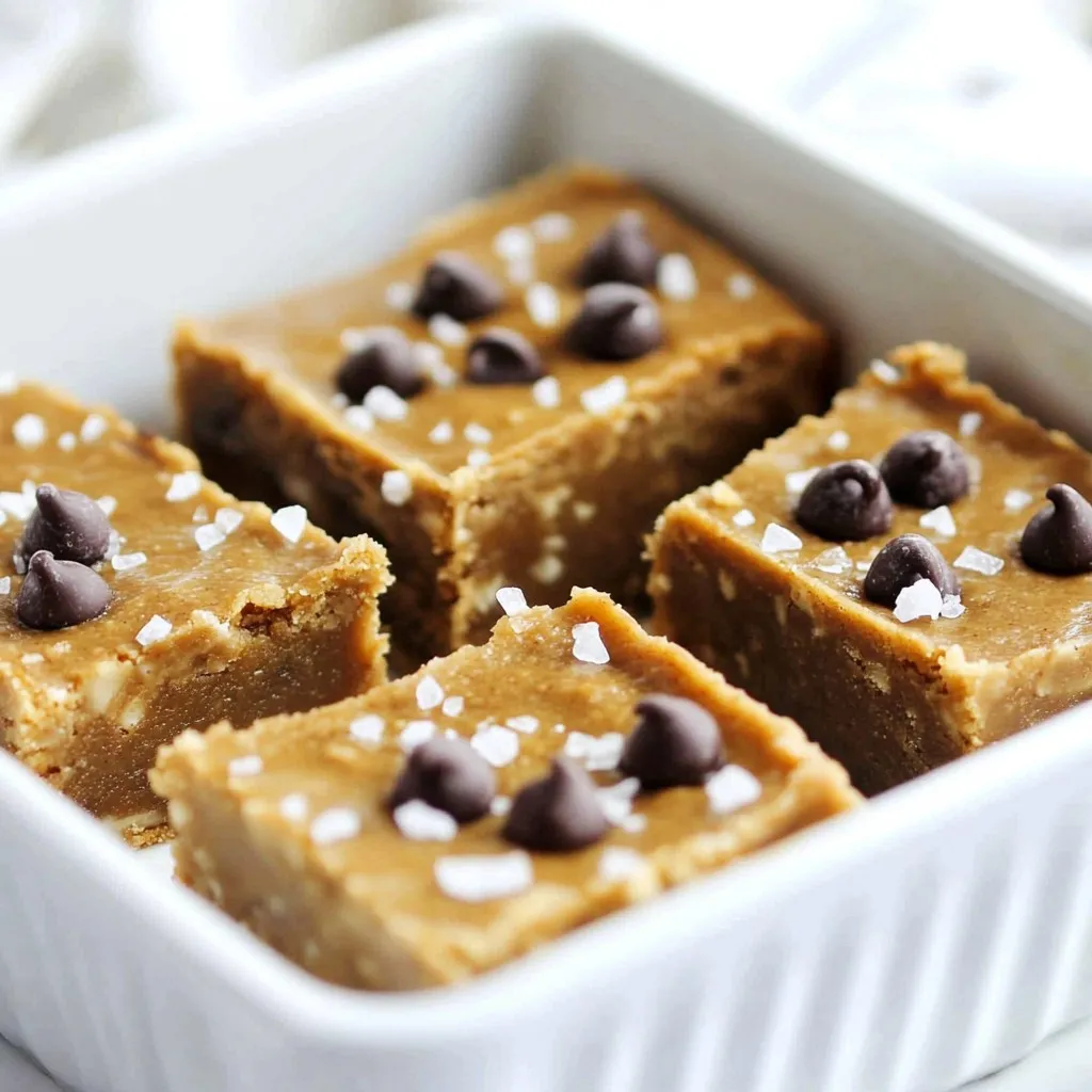 For my Healthy No-Bake Cookie Dough Bars, you will need: - 1 cup almond flour - 1 cup rolled oats - 1/2 cup creamy almond butter (or substitute with peanut butter) - 1/4 cup pure maple syrup - 1 teaspoon vanilla extract - 1/2 teaspoon sea salt - 1/4 cup mini dark chocolate chips (or opt for carob chips for a twist) - 2 tablespoons chia seeds (optional, for an extra nutritional boost) You can easily change some ingredients to fit your needs: - Nut allergies: Use sunflower seed butter instead of almond butter. - Vegan: Stick with maple syrup and use dairy-free chocolate chips. - Gluten-free: Ensure oats are certified gluten-free. - Low-carb: Replace almond flour with coconut flour and adjust the liquid. Each ingredient in these bars packs a punch of nutrition: - Almond flour: Rich in vitamin E and healthy fats, it helps keep your heart healthy. - Rolled oats: A great source of fiber, oats aid digestion and keep you full longer. - Almond butter: This nut butter adds protein and healthy fats, fueling your body. - Maple syrup: A natural sweetener that contains minerals like manganese and zinc. - Vanilla extract: It adds flavor and has antioxidant properties. - Sea salt: A little salt helps balance flavors and provides necessary minerals. - Mini dark chocolate chips: They offer antioxidants and may improve heart health. - Chia seeds: These tiny seeds are packed with omega-3s, fiber, and protein. This combination of ingredients not only creates a tasty treat but also fuels your body with good nutrition. {{ingredient_image_2}} 1. Start by adding 1 cup of almond flour and 1 cup of rolled oats to a large bowl. 2. Mix these dry ingredients well with a whisk or spoon. 3. In another bowl, combine 1/2 cup of creamy almond butter, 1/4 cup of pure maple syrup, 1 teaspoon of vanilla extract, and 1/2 teaspoon of sea salt. 4. Use a fork or small whisk to blend these wet ingredients until smooth. 5. Pour the wet mixture into the dry mix. Stir everything together well. 6. If needed, use your hands to knead the mixture for a thorough blend. 7. Fold in 1/4 cup of mini dark chocolate chips and 2 tablespoons of chia seeds if you want. 8. Line an 8x8 inch baking dish with parchment paper, leaving some paper hanging over the edges. 9. Place the cookie dough mixture into the dish. Press it down evenly and smooth the top. 10. Refrigerate the dish for at least 1 hour to let the bars firm up. 11. After chilling, lift the bars out using the parchment paper. 12. Place the bars on a cutting board and slice them into squares or rectangles. - Make sure to mix the dry ingredients well first. This helps distribute the oats and flour evenly. - When combining wet and dry mixtures, mix them gently but thoroughly. You want everything to stick together. - Don’t be afraid to use your hands! This helps ensure every part is mixed. - If the mixture seems too dry, add a bit more almond butter or maple syrup. Adjust to your taste. - Store leftover bars in an airtight container. Keep them in the refrigerator. - They will stay fresh for up to one week. - For longer storage, you can freeze the bars. Just wrap them tightly in plastic wrap. - When you want to eat them, let them thaw in the fridge for a few hours before serving. To get the best texture, use fine almond flour. This helps the bars stay soft yet firm. When mixing, make sure the wet and dry ingredients blend well. If the mix is too dry, add a bit more almond butter. If it's too wet, sprinkle in a bit more almond flour. Press the mixture firmly into the dish. This will help it hold together nicely when you cut it. You can swap almond butter for peanut butter if you prefer. For a lower sugar option, try using sugar-free maple syrup. If you're looking for extra fiber, add more chia seeds. You can also use rolled oats' gluten-free version for those who need it. Instead of chocolate chips, consider dried fruit or nuts for a different flavor. To make your bars look great, serve them chilled. A sprinkle of sea salt on top adds a nice touch. You can place a few mini chocolate chips on top for a fun look. For a party, cut the bars into small squares and arrange them on a colorful plate. These little touches make the bars more inviting and fun to eat! Pro Tips Store in the Right Place: Keep the bars in an airtight container in the refrigerator to maintain their freshness and prevent them from becoming too soft. Customize Your Sweetness: Adjust the amount of maple syrup based on your sweetness preference or substitute with a sugar-free alternative if desired. Experiment with Mix-Ins: Feel free to add nuts, dried fruits, or even protein powder to the mixture for added flavors and nutrients. Perfect Chilling Time: Allow the bars to chill in the refrigerator for at least an hour to ensure they set properly and are easier to cut. {{image_4}} You can change the flavor of these bars easily. Swap almond butter for peanut butter for a richer taste. You can also try sunflower seed butter for a nut-free option. Add dried fruit like raisins or cranberries for sweetness. For a fun twist, mix in crushed cookies or sprinkles to make it festive. You can also try different chocolate types, like white chocolate or carob chips, for a unique flavor. All the ingredients in this recipe can be gluten-free. Use certified gluten-free oats to ensure your bars are safe for those with gluten issues. Almond flour is naturally gluten-free, making it a great choice for these treats. You can also use coconut flour as a substitute if you like a different texture. Just remember, coconut flour absorbs more moisture, so you may need to adjust the liquid. This recipe is easy to make vegan. Simply replace the honey or maple syrup with agave syrup. Make sure your chocolate chips are dairy-free. You can also use a nut-free butter like sunflower seed butter. These swaps keep your bars delicious and plant-based. The best part? They still taste amazing! Enjoy your healthy no-bake cookie dough bars without worry. To keep your cookie dough bars fresh, store them in an airtight container. This prevents moisture and air from making them soggy. Make sure to place parchment paper between layers if stacking them. This way, you can avoid sticking. Always keep the bars in the refrigerator. This will help them stay firm and tasty for longer. If you want to enjoy these bars later, freezing is a great option. Cut the bars into pieces first. Wrap each piece in plastic wrap or foil. Then, place them in a freezer-safe bag or container. They can last in the freezer for up to three months. When you're ready to eat them, just thaw them in the fridge overnight. These cookie dough bars will stay fresh in the fridge for up to one week. After that, they may start to lose their taste and texture. Signs of spoilage include a change in smell or a sticky surface. If you notice any mold, it’s best to throw them away. Always trust your senses when it comes to food safety! Yes, you can use different nut flours. Almond flour works well, but you could try cashew or hazelnut flour. Each nut flour adds a unique taste. Just make sure the flour you choose is finely ground. This helps the bars hold together better. If you need a substitute for maple syrup, honey or agave nectar works great. These options provide sweetness and moisture. You can also use brown rice syrup for a thicker consistency. Just remember to adjust the amount based on your taste. No-bake cookie dough bars last about one week in the fridge. Store them in an airtight container to keep them fresh. If you want to enjoy them longer, consider freezing them. They can last for up to three months when frozen. Just thaw in the fridge before serving! We explored a range of ingredients that make tasty no-bake bars. You learned about substitutions for different diets and the health benefits of each ingredient. The step-by-step guide showed how to prepare these bars, mix them well, and store them properly. I shared tips for perfecting texture and ideas for serving. Various flavor options and storage tips gave you more ways to enjoy these treats. These bars offer fun and healthy snacks. Experiment with flavors and find what you love. Enjoy making and sharing these delicious treats!