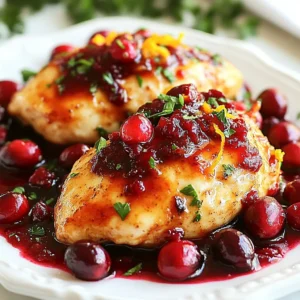 - 2 large chicken breasts (skinless and boneless) - 1 cup fresh cranberries (rinsed and drained) - 1 cup fresh orange juice (organic for best flavor) - Zest of 1 medium orange - 2 tablespoons raw honey (adjust for sweetness) - 3 cloves garlic (finely minced) - 1 teaspoon fresh ginger (finely grated) - 2 tablespoons extra virgin olive oil - Salt and freshly cracked black pepper to taste - Fresh parsley or cilantro (chopped, for garnish) Cranberry Orange Chicken is a tasty dish that combines sweet and savory. The main ingredients are simple but delicious. You start with chicken breasts, fresh cranberries, and organic orange juice. The zest of an orange adds a bright note. Honey brings a touch of sweetness, making the dish balanced. In addition, garlic and ginger enhance the flavor. Olive oil helps with cooking and adds richness. Salt and pepper give it a nice touch of seasoning. Finally, fresh parsley or cilantro adds color and freshness when you serve it. Having these ingredients ready will make your cooking easy and fun. Enjoy the blend of flavors in this delightful recipe! {{ingredient_image_2}} In a medium bowl, start by whisking together the fresh orange juice, orange zest, honey, minced garlic, and grated ginger. Mix until the ingredients blend well. This step brings out the bright flavors. Next, season the mixture generously with salt and freshly cracked black pepper. This enhances the taste of your marinade. For effective marination, place the chicken breasts in a ziplock bag or a glass dish. Pour the marinade over the chicken. Make sure each piece is well-coated. Seal the bag or cover the dish with plastic wrap. Allow the chicken to marinate in the fridge for at least 30 minutes. For a richer flavor, let it sit for up to 2 hours. This helps the chicken absorb all the tasty flavors. While the chicken marinates, preheat your oven to 375°F (190°C). This ensures the oven is hot when you're ready to bake. In an oven-safe skillet, heat the olive oil over medium-high heat. Take the chicken out of the marinade and discard it. Add the chicken to the hot skillet and sear each side for about 3-4 minutes. Look for a golden brown color. After searing, pour the prepared cranberry sauce evenly over the chicken. Carefully transfer the skillet to the preheated oven. Bake for 20-25 minutes. Check that the chicken reaches an internal temperature of 165°F (75°C) to ensure it's fully cooked. To make your cranberry orange chicken even better, try these tips: - Adjusting sweetness with honey: If you want a sweeter sauce, add more honey. Start with a teaspoon and taste. This way, you control how sweet it gets. Honey blends well with cranberries and orange juice. It adds depth to the dish. - Using fresh herbs for garnish: Fresh herbs like parsley or cilantro brighten up the plate. They add color and flavor. Just sprinkle them on top before serving. It makes your dish look fancy! Cook your chicken perfectly with these methods: - Best ways to sear chicken: Heat your skillet first. Use medium-high heat and add olive oil. When the oil shimmers, place your chicken in. Sear for about 3-4 minutes on each side. This gives you a lovely golden crust. - Avoiding dry chicken tips: To keep chicken moist, don’t overcook it. Use a meat thermometer to check doneness. Aim for 165°F (75°C). Also, let the chicken rest after cooking. This keeps the juices in! Make your dish appealing to the eye: - Plating suggestions: Use a white plate for contrast. Place the chicken in the center. Spoon cranberry sauce over the top. Add a sprinkle of herbs around the chicken. This creates a beautiful, inviting look. - Drizzling cranberry sauce: Use a spoon to drizzle sauce artfully. Start from one side and move to the other. This adds a nice touch and makes the dish pop! Pro Tips Marination Time: For the best flavor, marinate the chicken for at least 2 hours. This allows the flavors to penetrate the meat, resulting in a juicier and more flavorful dish. Honey Selection: Use high-quality raw honey for a richer taste. The floral notes in different honey types can enhance the overall flavor profile of the dish. Cranberry Sauce Consistency: If you prefer a smoother sauce, blend the cranberries after cooking. This will create a more refined texture that pairs beautifully with the chicken. Garnishing Options: Experiment with garnishes like orange slices or pomegranate seeds for added color and a burst of flavor. They not only enhance the presentation but also complement the dish. {{image_4}} You can swap chicken for turkey. Turkey gives a nice twist to the dish. It also works well with the sweet and tart flavors. For a fresh zing, try using different citrus fruits. Grapefruits or limes can add a unique taste. Just remember to adjust the sweetness in the sauce. You can use an Instant Pot or slow cooker for this recipe. Both methods make the chicken tender and juicy. If you prefer grilling, that works too! Simply marinate the chicken as usual and grill until cooked through. Grilling adds a smoky flavor that pairs well with the sauce. Want some heat? Add spices like red pepper flakes or chili powder to the sauce. This will give your dish a spicy kick. You can also swap cranberries for other fruits. Cherries or raspberries can bring a fun twist. Adjust the sweetness if needed to balance the flavors. To store leftover cranberry orange chicken, first cool it down. Place the chicken in an airtight container. This keeps it fresh and safe. You can store it in the fridge for 3 to 4 days. If you want to keep it longer, freezing is a great option. To freeze cooked chicken, let it cool completely. Cut the chicken into pieces for easier storage. Wrap each piece tightly in plastic wrap or foil. Then, place the wrapped chicken in a freezer-safe bag. Make sure to remove as much air as possible. You can freeze it for up to 3 months. When you’re ready to eat, take the chicken out of the freezer. Let it thaw in the fridge overnight. For reheating, place the chicken in a skillet over medium heat. Add a splash of water or broth to keep it moist. Heat until it’s warmed through. Enjoy your delicious meal! I recommend marinating the chicken for at least 30 minutes. This helps the flavors soak in. For a deeper taste, marinate it for up to 2 hours. The longer the chicken sits in the marinade, the more flavorful it becomes. Cranberry orange chicken pairs well with many side dishes. Here are some great options: - Steamed broccoli - Mashed potatoes - Rice pilaf - Quinoa salad - Roasted vegetables These sides add color and balance to your meal. You can use dried cranberries, but the taste will change. Fresh cranberries offer a tart flavor and juicy texture. Dried cranberries are sweeter and chewier. If you choose dried, consider reducing the honey in the recipe. This way, you keep the dish balanced. Yes, this recipe is healthy. Chicken is a great source of protein. Fresh cranberries provide vitamins and antioxidants. The olive oil adds healthy fats. Using honey gives natural sweetness without refined sugars. Enjoy this dish knowing it’s not just tasty but also good for you! You learned how to make a tasty cranberry orange chicken. We covered key ingredients, steps for marinating, and cooking tips. I shared ways to adjust flavors and try new methods. You can even substitute ingredients and find great storage tips. Remember, cooking is about fun and creativity. Try your own ideas and enjoy your meal!