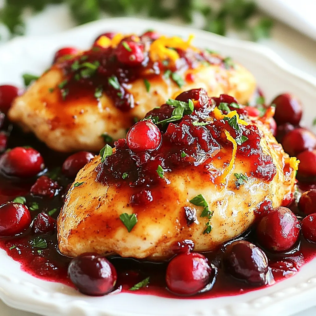 - 2 large chicken breasts (skinless and boneless) - 1 cup fresh cranberries (rinsed and drained) - 1 cup fresh orange juice (organic for best flavor) - Zest of 1 medium orange - 2 tablespoons raw honey (adjust for sweetness) - 3 cloves garlic (finely minced) - 1 teaspoon fresh ginger (finely grated) - 2 tablespoons extra virgin olive oil - Salt and freshly cracked black pepper to taste - Fresh parsley or cilantro (chopped, for garnish) Cranberry Orange Chicken is a tasty dish that combines sweet and savory. The main ingredients are simple but delicious. You start with chicken breasts, fresh cranberries, and organic orange juice. The zest of an orange adds a bright note. Honey brings a touch of sweetness, making the dish balanced. In addition, garlic and ginger enhance the flavor. Olive oil helps with cooking and adds richness. Salt and pepper give it a nice touch of seasoning. Finally, fresh parsley or cilantro adds color and freshness when you serve it. Having these ingredients ready will make your cooking easy and fun. Enjoy the blend of flavors in this delightful recipe! {{ingredient_image_2}} In a medium bowl, start by whisking together the fresh orange juice, orange zest, honey, minced garlic, and grated ginger. Mix until the ingredients blend well. This step brings out the bright flavors. Next, season the mixture generously with salt and freshly cracked black pepper. This enhances the taste of your marinade. For effective marination, place the chicken breasts in a ziplock bag or a glass dish. Pour the marinade over the chicken. Make sure each piece is well-coated. Seal the bag or cover the dish with plastic wrap. Allow the chicken to marinate in the fridge for at least 30 minutes. For a richer flavor, let it sit for up to 2 hours. This helps the chicken absorb all the tasty flavors. While the chicken marinates, preheat your oven to 375°F (190°C). This ensures the oven is hot when you're ready to bake. In an oven-safe skillet, heat the olive oil over medium-high heat. Take the chicken out of the marinade and discard it. Add the chicken to the hot skillet and sear each side for about 3-4 minutes. Look for a golden brown color. After searing, pour the prepared cranberry sauce evenly over the chicken. Carefully transfer the skillet to the preheated oven. Bake for 20-25 minutes. Check that the chicken reaches an internal temperature of 165°F (75°C) to ensure it's fully cooked. To make your cranberry orange chicken even better, try these tips: - Adjusting sweetness with honey: If you want a sweeter sauce, add more honey. Start with a teaspoon and taste. This way, you control how sweet it gets. Honey blends well with cranberries and orange juice. It adds depth to the dish. - Using fresh herbs for garnish: Fresh herbs like parsley or cilantro brighten up the plate. They add color and flavor. Just sprinkle them on top before serving. It makes your dish look fancy! Cook your chicken perfectly with these methods: - Best ways to sear chicken: Heat your skillet first. Use medium-high heat and add olive oil. When the oil shimmers, place your chicken in. Sear for about 3-4 minutes on each side. This gives you a lovely golden crust. - Avoiding dry chicken tips: To keep chicken moist, don’t overcook it. Use a meat thermometer to check doneness. Aim for 165°F (75°C). Also, let the chicken rest after cooking. This keeps the juices in! Make your dish appealing to the eye: - Plating suggestions: Use a white plate for contrast. Place the chicken in the center. Spoon cranberry sauce over the top. Add a sprinkle of herbs around the chicken. This creates a beautiful, inviting look. - Drizzling cranberry sauce: Use a spoon to drizzle sauce artfully. Start from one side and move to the other. This adds a nice touch and makes the dish pop! Pro Tips Marination Time: For the best flavor, marinate the chicken for at least 2 hours. This allows the flavors to penetrate the meat, resulting in a juicier and more flavorful dish. Honey Selection: Use high-quality raw honey for a richer taste. The floral notes in different honey types can enhance the overall flavor profile of the dish. Cranberry Sauce Consistency: If you prefer a smoother sauce, blend the cranberries after cooking. This will create a more refined texture that pairs beautifully with the chicken. Garnishing Options: Experiment with garnishes like orange slices or pomegranate seeds for added color and a burst of flavor. They not only enhance the presentation but also complement the dish. {{image_4}} You can swap chicken for turkey. Turkey gives a nice twist to the dish. It also works well with the sweet and tart flavors. For a fresh zing, try using different citrus fruits. Grapefruits or limes can add a unique taste. Just remember to adjust the sweetness in the sauce. You can use an Instant Pot or slow cooker for this recipe. Both methods make the chicken tender and juicy. If you prefer grilling, that works too! Simply marinate the chicken as usual and grill until cooked through. Grilling adds a smoky flavor that pairs well with the sauce. Want some heat? Add spices like red pepper flakes or chili powder to the sauce. This will give your dish a spicy kick. You can also swap cranberries for other fruits. Cherries or raspberries can bring a fun twist. Adjust the sweetness if needed to balance the flavors. To store leftover cranberry orange chicken, first cool it down. Place the chicken in an airtight container. This keeps it fresh and safe. You can store it in the fridge for 3 to 4 days. If you want to keep it longer, freezing is a great option. To freeze cooked chicken, let it cool completely. Cut the chicken into pieces for easier storage. Wrap each piece tightly in plastic wrap or foil. Then, place the wrapped chicken in a freezer-safe bag. Make sure to remove as much air as possible. You can freeze it for up to 3 months. When you’re ready to eat, take the chicken out of the freezer. Let it thaw in the fridge overnight. For reheating, place the chicken in a skillet over medium heat. Add a splash of water or broth to keep it moist. Heat until it’s warmed through. Enjoy your delicious meal! I recommend marinating the chicken for at least 30 minutes. This helps the flavors soak in. For a deeper taste, marinate it for up to 2 hours. The longer the chicken sits in the marinade, the more flavorful it becomes. Cranberry orange chicken pairs well with many side dishes. Here are some great options: - Steamed broccoli - Mashed potatoes - Rice pilaf - Quinoa salad - Roasted vegetables These sides add color and balance to your meal. You can use dried cranberries, but the taste will change. Fresh cranberries offer a tart flavor and juicy texture. Dried cranberries are sweeter and chewier. If you choose dried, consider reducing the honey in the recipe. This way, you keep the dish balanced. Yes, this recipe is healthy. Chicken is a great source of protein. Fresh cranberries provide vitamins and antioxidants. The olive oil adds healthy fats. Using honey gives natural sweetness without refined sugars. Enjoy this dish knowing it’s not just tasty but also good for you! You learned how to make a tasty cranberry orange chicken. We covered key ingredients, steps for marinating, and cooking tips. I shared ways to adjust flavors and try new methods. You can even substitute ingredients and find great storage tips. Remember, cooking is about fun and creativity. Try your own ideas and enjoy your meal!