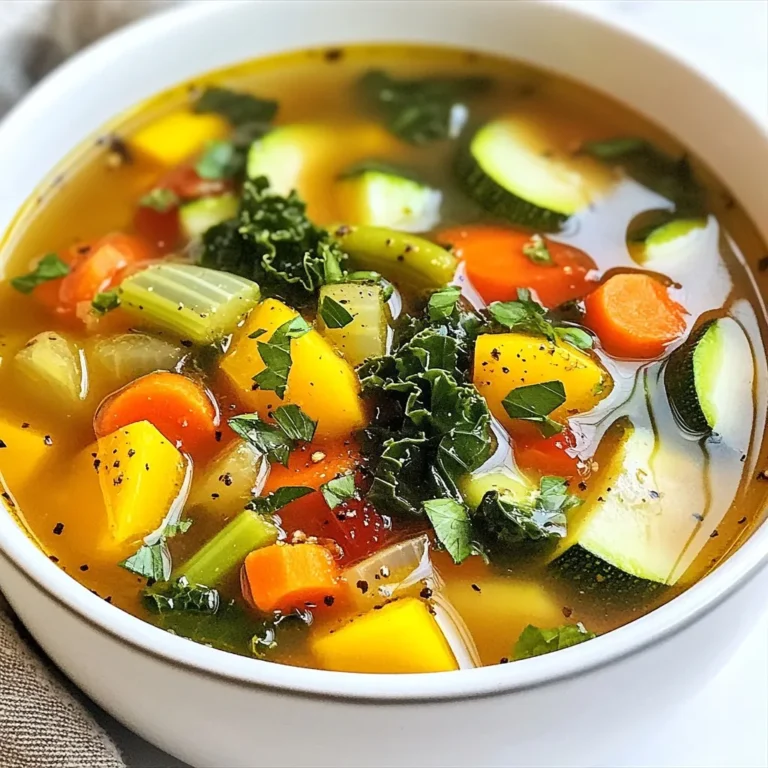 - 1 tablespoon olive oil - 1 medium onion, finely chopped - 2 cloves garlic, minced - 2 carrots, peeled and diced - 2 celery stalks, diced - 1 zucchini, diced - 1 bell pepper, diced - 1 cup green beans, trimmed and chopped - 4 cups vegetable broth - 1 can (15 oz) diced tomatoes, undrained - 1 teaspoon dried Italian herb blend - Salt and freshly ground pepper to taste - 1 cup frozen peas - 1 cup kale or spinach, chopped - 1 tablespoon fresh lemon juice (optional) You can swap fresh veggies for frozen ones. Frozen carrots, peas, and green beans work well. Use canned tomatoes instead of fresh ones if needed. Don’t have kale? Spinach is a great choice, too. If you can't find a bell pepper, use any color you have on hand. For herbs, dried ones work, but fresh gives more flavor. When choosing vegetables, look for vibrant colors and firm textures. Check for any bruises or soft spots. Fresh onions should feel heavy and dry. Garlic should be plump and firm. For bell peppers, pick ones with smooth skin. Zucchini should be shiny and free of blemishes. Lastly, choose kale that is deep green and crisp. {{ingredient_image_2}} Start by gathering all your ingredients. You will need olive oil, onion, garlic, carrots, celery, zucchini, bell pepper, green beans, broth, diced tomatoes, herbs, salt, pepper, peas, and greens. 1. In a large pot, heat 1 tablespoon of olive oil over medium heat. 2. Add the finely chopped onion and minced garlic. 3. Sauté for 3-4 minutes until the onion turns soft and clear. Stir often to avoid sticking. Next, it’s time to add more veggies. 1. Toss in the diced carrots, celery, zucchini, bell pepper, and green beans. 2. Cook for another 5-7 minutes. Stir frequently until the veggies soften and smell great. Now, we will create the soup base. 1. Carefully pour in 4 cups of vegetable broth and the can of diced tomatoes. 2. Stir well to mix everything. Add 1 teaspoon of dried Italian herbs, salt, and pepper to taste. 3. Turn up the heat and bring the mix to a gentle boil. 4. Once it boils, lower the heat and cover the pot. 5. Let it simmer for 20-25 minutes. This step helps the flavors mix well. After simmering, add 1 cup of frozen peas and 1 cup of chopped kale or spinach. 1. Stir everything to combine and cook for an extra 5 minutes. This will wilt the greens nicely. 2. For some extra zing, add 1 tablespoon of fresh lemon juice just before serving. Taste the soup and adjust the seasoning with more salt or pepper if needed. Enjoy your warming, one-pot soup! To boost flavor, choose fresh herbs. Fresh thyme, basil, or parsley work well. You can also add a splash of soy sauce for depth. A pinch of red pepper flakes adds warmth without too much heat. If you like zest, lemon juice brightens the soup. Stir in a tablespoon just before serving. If you want a thicker soup, blend part of it. Use an immersion blender or a regular blender. You can also add more diced tomatoes or a potato. For a thinner soup, add more broth. Adjust slowly until you reach your perfect texture. Prep your veggies ahead of time. Chop them the night before and store them in the fridge. Use frozen veggies for convenience; they save time and keep well. One-pot meals like this soup let you cook and clean less. Set a timer to avoid overcooking. This way, you can focus on other tasks while it simmers. Pro Tips Use Fresh Ingredients: Whenever possible, opt for fresh vegetables as they provide the best flavor and nutrients. Frozen vegetables can be a good alternative when fresh ones are not available. Customize Your Vegetables: Feel free to swap in your favorite vegetables or whatever you have on hand. This recipe is versatile and can accommodate a variety of produce. Make It a Meal: To transform this soup into a hearty meal, consider adding cooked grains like quinoa or rice, or even some protein such as diced chicken or beans. Storage Tip: This soup stores well in the refrigerator for up to 3 days. You can also freeze portions for later use. Just make sure to cool it completely before transferring to airtight containers. {{image_4}} You can easily boost the protein in this soup. Try adding cooked beans or lentils. Chickpeas work well too. If you prefer meat, add cooked chicken or turkey. Just chop it up and stir it in. You can also use tofu for a plant-based option. Want to spice things up? Add red pepper flakes for heat. Start with a pinch and taste as you go. You can also use hot sauce if you like. For a milder soup, skip the spices or use sweet paprika instead. This soup is great for using up veggies. Use what's fresh in your garden or local market. In spring, add asparagus or peas. In summer, try corn or tomatoes. In fall, butternut squash or pumpkin works well. In winter, root vegetables like parsnips are perfect. Just dice and swap them in! To store your leftover soup, let it cool to room temperature. Then, transfer the soup to airtight containers. Be sure to leave some space at the top, as the soup may expand when frozen. Label the containers with the date. Store them in the fridge for up to four days. This helps keep the flavors fresh and tasty. If you want to freeze the soup, it’s easy! Pour the cooled soup into freezer-safe containers or bags. Remove as much air as possible to prevent freezer burn. The soup can last up to three months in the freezer. When you're ready to enjoy it, thaw the soup in the fridge overnight before reheating. To reheat the soup, pour it into a pot and warm it over medium heat. Stir it often to avoid sticking. You can also use the microwave. Place the soup in a microwave-safe bowl. Heat in short bursts, stirring in between. Make sure it’s hot all the way through. If it seems too thick, add a splash of broth or water to reach your desired consistency. Enjoy your warm bowl of comfort! Yes, you can make this soup ahead of time. It tastes even better the next day. Just let it cool down, then store it in a container. You can keep it in the fridge for up to three days. This way, you save time on busy days. This soup stays fresh in the fridge for about three to four days. Make sure to store it in an airtight container. If you want to keep it longer, consider freezing it. Leftover soup is very versatile. You can enjoy it as a quick meal the next day. Try adding cooked pasta or rice for a hearty dish. You can also blend it for a smooth texture. Pour it over grains for a nice twist. The options are endless! In this blog post, we covered the key ingredients, preparation steps, and tips for making soup. We talked about how to choose fresh produce, enhance flavor, and store leftovers. Remember, you can swap in proteins or adjust spices to make the soup your own. Cooking soup can be fun and easy, even on busy days. I hope you're excited to try these tips. Enjoy your cooking adventure!