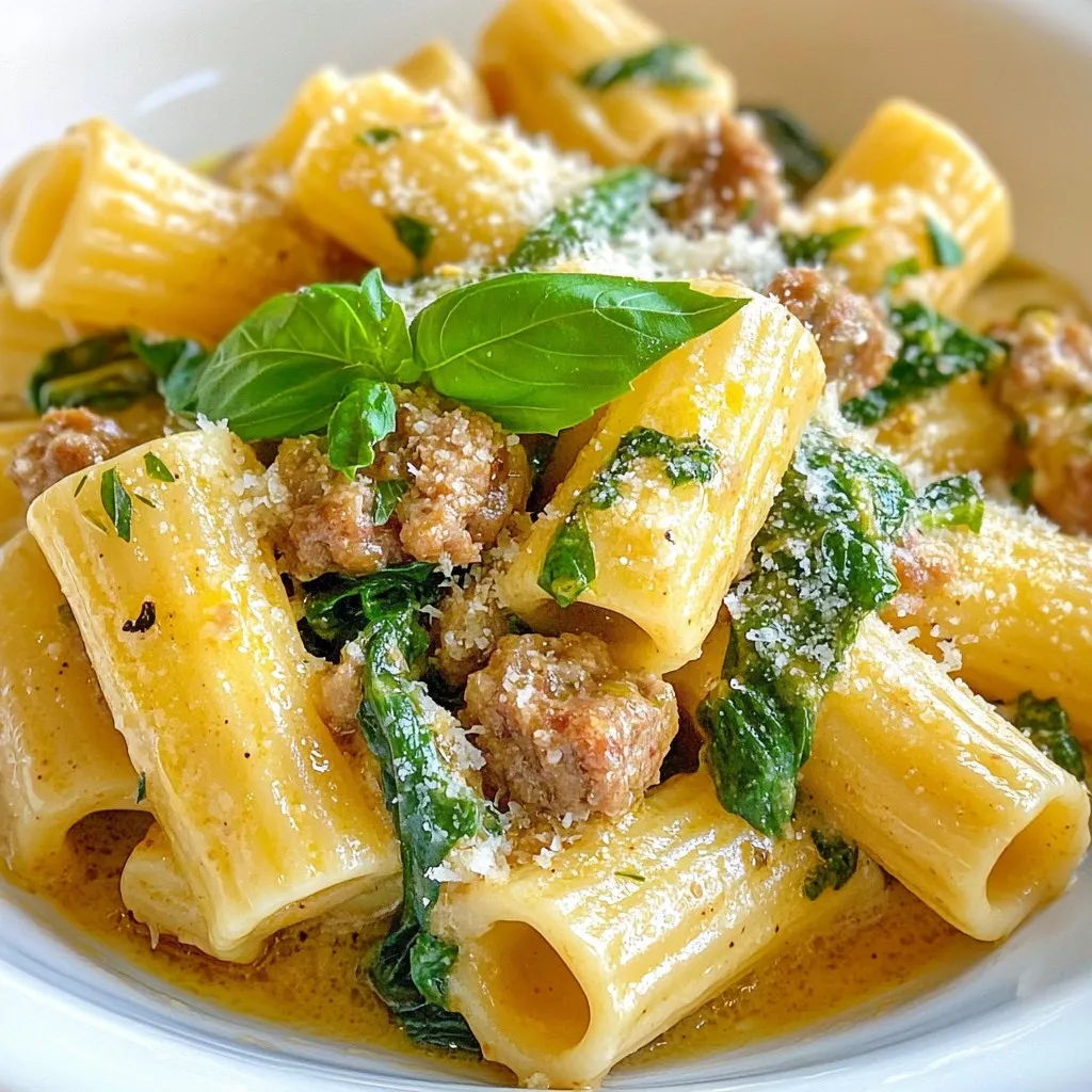 - 12 oz rigatoni pasta - 1 lb Italian sausage (mild or spicy) - 1 tablespoon olive oil - 3 cloves garlic, minced - 1 medium onion, chopped - 4 cups fresh baby spinach - 1 cup heavy cream - 1 cup grated Parmesan cheese - 1 teaspoon Italian seasoning - Salt and pepper, to taste - Red pepper flakes (optional) - Fresh basil leaves for garnish You can swap out the rigatoni for another pasta like penne or fusilli. If you want a lighter dish, use turkey or chicken sausage instead of pork. For a dairy-free option, try using coconut cream and nutritional yeast in place of heavy cream and Parmesan. You can also add other vegetables, such as mushrooms or bell peppers, to boost the nutrition and flavor. This dish packs a punch of flavor and nutrition. Each serving has about: - Calories: 650 - Protein: 30g - Carbohydrates: 60g - Fat: 30g - Fiber: 3g These numbers may vary based on specific brands and ingredient choices. {{ingredient_image_2}} To start, fill a large pot with salted water. Bring it to a boil. Add 12 oz of rigatoni pasta. Cook it based on the package instructions. You want the pasta to be al dente. Once done, drain the pasta but save about 1 cup of that hot water. You will need it later. Next, heat 1 tablespoon of olive oil in a large skillet over medium heat. Add 1 lb of Italian sausage. Use a wooden spoon to break it up. Cook for about 5-7 minutes. The sausage should be browned and no longer pink. This step adds nice flavor to your dish. After the sausage is ready, add 1 medium chopped onion and 3 minced garlic cloves. Stir often for about 3-4 minutes. You want the onion to become soft and clear. Then, add 4 cups of fresh baby spinach. Stir for another 2 minutes until the spinach wilts. Now it’s time to create the creamy sauce. Lower the heat and pour in 1 cup of heavy cream. Then add 1 cup of grated Parmesan cheese and 1 teaspoon of Italian seasoning. Mix well until the cheese melts and the sauce becomes creamy. If it’s too thick, add a bit of the reserved pasta water. Season with salt and pepper. If you like heat, sprinkle some red pepper flakes in. Once the sauce is ready, toss in the drained rigatoni. Gently mix to coat every piece in that creamy sauce. If needed, add more reserved pasta water until the sauce clings nicely to the pasta. After everything is combined, take the skillet off the heat. Let it cool for a minute. Serve the creamy sausage rigatoni in shallow bowls. For a nice touch, garnish with fresh basil leaves and extra Parmesan cheese. A drizzle of olive oil around the bowl adds flavor and style. Enjoy your meal! To make the best rigatoni, follow these steps: - Use a large pot with plenty of water. This helps the pasta cook evenly. - Add 1 tablespoon of salt to the water. This adds flavor to the pasta as it cooks. - Stir the pasta often while it cooks. This prevents it from sticking together. - Cook until it is al dente. This means the pasta is firm but not hard. It should have a slight bite. - Reserve some pasta water. This starchy water helps thicken your sauce later. To boost the flavor of your creamy sausage rigatoni, consider these tips: - Use fresh garlic and onion. They bring a strong aroma and taste to the dish. - Add Italian seasoning to the sauce. This mix of herbs enhances the overall flavor. - Experiment with red pepper flakes. They add a nice kick if you like heat. - Taste as you cook. Adjust salt and pepper to match your preference. If you want to control the creaminess of your sauce, try these methods: - Start with heavy cream for a rich sauce. You can always add less if you prefer a lighter option. - If the sauce is too thick, mix in reserved pasta water. This will help loosen it up. - For a lighter version, swap half the heavy cream for chicken broth or vegetable broth. - Add more Parmesan cheese for extra creaminess and flavor. Just keep stirring until it melts. Pro Tips Perfect Pasta Cooking: Always cook your rigatoni al dente. This ensures that the pasta retains its shape and texture, especially when mixed with the sauce. Fresh Ingredients Matter: Using fresh garlic and spinach enhances the overall flavor of the dish. Avoid pre-packaged ingredients when possible for a vibrant taste. Adjusting Sauce Consistency: If the sauce is too thick, gradually add reserved pasta water until you achieve your desired creaminess. This helps the sauce cling to the pasta perfectly. Garnishing for Flavor: Fresh basil not only adds color but also a fresh aroma. Don't skip this step as it elevates the dish's presentation and flavor profile. {{image_4}} You can easily make this dish vegetarian. Use plant-based sausage instead of Italian sausage. There are many tasty brands available today. You can also add more vegetables. Try bell peppers, mushrooms, or zucchini for extra flavor. If you prefer a different protein, consider ground turkey or chicken. Both options work well in this dish. They are leaner but can still deliver great taste. For a unique twist, add shrimp for a seafood version. Just cook them until pink and add them to the sauce. While rigatoni is perfect for this recipe, you can switch it up. Penne, fusilli, or farfalle are great alternatives. They all hold sauce well and provide a fun texture. Whole wheat or gluten-free pasta can also be used. Just adjust cooking times as needed. To keep leftovers fresh, place them in an airtight container. Make sure to cool the pasta first. Store it in the fridge for up to three days. If you want to enjoy it later, consider freezing it instead. When you're ready to eat, reheat the pasta on the stove. Add a splash of water or cream to help it stay moist. Heat it gently over medium-low heat. Stir it often to avoid burning. You can also use the microwave. Heat it for one minute, then stir. Keep heating in short bursts until warm. To freeze, let the pasta cool completely first. Portion it into freezer-safe bags or containers. Remove as much air as possible. Write the date on the bag, and use it within three months for the best taste. When ready to eat, thaw it overnight in the fridge before reheating. You can use Italian sausage for this dish. Both mild and spicy work well. The choice depends on your heat preference. For a milder taste, choose sweet Italian sausage. For more kick, spicy sausage is the way to go. Any brand will do, but fresh sausage often tastes best. Don't forget to remove the casings before cooking! Yes, you can swap out Parmesan for other cheeses. Mozzarella adds a nice stretch and creaminess. Ricotta gives a rich, creamy texture but is less salty. If you prefer a stronger flavor, try Pecorino Romano. Just keep in mind that different cheeses will change the taste. Always choose cheese you enjoy! To make this dish gluten-free, use gluten-free rigatoni. Many brands offer great options that taste similar to regular pasta. Always check the label to ensure it is certified gluten-free. This change will keep the creamy sausage rigatoni delicious and safe for gluten-sensitive folks. - Can I add more vegetables? Absolutely! You can add many veggies to this dish. Bell peppers, mushrooms, or zucchini all work well. Just sauté them with the onion and garlic. For a fresh twist, consider adding cherry tomatoes or peas. This will enhance the flavor and nutrition of your dish. We covered the key parts of making a delicious pasta dish. You learned about the ingredients and possible changes to fit your taste. I shared easy, step-by-step directions for cooking pasta and making the sauce. With helpful tips, you can make it perfect every time. You also saw ways to store leftovers and reheat them. Embrace your creativity with variations, and enjoy trying this dish again!