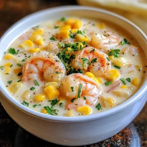 - Large shrimp, peeled and deveined - Fresh or frozen corn kernels - Onion, garlic, potatoes, celery - Vegetable broth and heavy cream - Seasonings: smoked paprika, cayenne pepper, salt, and pepper - Butter and fresh parsley for garnish To make this chowder, you need key ingredients. Start with large shrimp. Make sure they are peeled and deveined for the best texture. Next, grab fresh or frozen corn kernels. Both options work well. You will also need some veggies. Use one medium onion, two cloves of garlic, two medium potatoes, and one cup of diced celery. These add great flavor and texture. For the base of the chowder, you will need four cups of vegetable broth. This keeps it light yet tasty. Then, add one cup of heavy cream. This makes the chowder rich and creamy. Now, let’s spice things up! You need one teaspoon of smoked paprika. If you like heat, add half a teaspoon of cayenne pepper. Don’t forget salt and pepper to taste. Finally, use two tablespoons of butter. This will help sauté the veggies. Top it off with fresh parsley for a bright finish. With these ingredients, you create a bowl of joy and comfort. {{ingredient_image_2}} Start by placing a large pot over medium heat. Add 2 tablespoons of butter and let it melt. Once melted, add 1 finely chopped onion and 1 cup of diced celery. Cook these together for about 5 minutes. You want the onion to become soft and clear. This step builds a rich base for your soup. Next, add 2 minced garlic cloves to the pot. Cook it for about 1 minute. The garlic should smell nice and fragrant, adding depth to your chowder. Now it's time to make the chowder hearty. Add 2 diced potatoes, 4 cups of vegetable broth, and 2 cups of corn kernels to the pot. Sprinkle in 1 teaspoon of smoked paprika and 1/2 teaspoon of cayenne pepper if you like some heat. Season with salt and pepper to taste. Bring this mixture to a boil. After boiling, reduce the heat. Let it simmer for 15 to 20 minutes. You want the potatoes to be soft when you poke them with a fork. When your potatoes are tender, it’s time to add the stars of the dish. Toss in 1 pound of peeled and deveined shrimp. Cook for 5 to 7 minutes, stirring gently. You’ll know it’s done when the shrimp turns pink and opaque. Now, lower the heat again and pour in 1 cup of heavy cream. Stir it well and let it warm for another 3 to 4 minutes. Avoid boiling to keep the cream smooth. Taste your chowder and adjust the seasoning with more salt and pepper if needed. Let the chowder sit for a couple of minutes. This will help it thicken slightly. Serve your chowder hot, with fresh parsley on top for color and flavor. Enjoy the delightful comfort of your homemade shrimp and corn chowder! To keep your chowder creamy, avoid boiling after adding the cream. Boiling can cause the cream to curdle. Instead, gently heat it until warm. This keeps the texture smooth and rich. Adjusting heat levels is key. After adding the cream, lower the heat to medium-low. This prevents any sudden changes that could affect the cream's texture. You can elevate the flavor of your chowder with extra seasonings. Try adding thyme or dill for a fresh taste. A squeeze of lemon juice can also brighten the dish. To gain depth of flavor, caramelize some corn. Heat a small pan over medium heat, add a bit of butter, and cook the corn until golden. Sprinkle this over the chowder just before serving. It adds a nice crunch and a sweet touch. Pro Tips Fresh Corn is Best: If possible, use fresh corn on the cob for the sweetest flavor. Simply shave off the kernels and add them to the chowder for a burst of freshness. Perfectly Cooked Shrimp: To keep shrimp tender, avoid overcooking them. They should only take 5-7 minutes to turn pink and opaque; any longer and they may become tough. Season Gradually: It's best to season your chowder gradually. Start with a little salt and pepper, then taste and adjust as needed to enhance the flavors without overpowering them. Thickening Tips: If you prefer a thicker chowder, consider mashing a few of the cooked potatoes in the pot or adding a cornstarch slurry to achieve your desired consistency. {{image_4}} You can easily change some ingredients in this chowder. If you want to swap the shrimp, try using crab or scallops. Both options add a different taste while still being delicious. If you prefer a veggie chowder, replace the shrimp with mushrooms or tofu. You can keep the corn for sweetness and texture. For those who want a dairy-free option, use cashew cream or coconut milk instead of heavy cream. These alternatives will give you a creamy texture without the dairy. Adjusting the spice level is simple. If you want more heat, add more cayenne pepper. Start with a pinch and taste as you go. You can also try different spices. For a smoky flavor, add chipotle powder. For a fresh kick, consider using fresh jalapeños. These changes can make your chowder unique. Experimenting with spices keeps the dish exciting and fresh. To store your chowder, let it cool down first. This step helps keep it fresh. Once it cools, transfer it to airtight containers. Be sure to seal them tightly. You can keep chowder in the fridge for up to three days. For longer storage, freeze it. In the freezer, it lasts about three months. Just remember to label your containers with the date. When reheating chowder, do it slowly. You can use a pot on the stove or a microwave. If you use the stove, heat on low. Stir often to avoid burning. If you microwave, do it in short bursts. Stop to stir in between. This keeps the texture smooth and creamy. If it seems too thick, add a splash of broth or cream. This will help bring it back to life. Yes, you can make this chowder ahead of time. To store it, let it cool completely. Then, transfer it to an airtight container. You can keep it in the fridge for up to three days. When you’re ready to eat, reheat the chowder on the stove over low heat. Stir often to keep it from sticking. If it seems too thick, add a splash of broth or water. If you want a lighter option, try using half-and-half. It gives a creamy texture but has less fat. You can also use coconut milk for a non-dairy choice. It adds a nice flavor, too. Another option is to use a mixture of milk and flour. Combine one cup of milk with two tablespoons of flour to thicken your chowder without heavy cream. You can freeze creamy chowder, but be careful. Dairy can change texture when frozen. To freeze, let the chowder cool down. Then, pour it into freezer-safe containers. Leave some space at the top for expansion. When you want to eat it, thaw it in the fridge overnight. Reheat on the stove, adding a little broth or milk to bring back the creaminess. This blog post covered how to make a delicious shrimp chowder. I shared the key ingredients, like shrimp, potatoes, and seasonings. You learned step-by-step instructions for cooking the chowder and tips for perfect creaminess. I also discussed variations to suit your taste and best practices for storage. In conclusion, this chowder is not only tasty but also flexible. You can make it your own by swapping ingredients or adjusting flavors. Enjoy creating a bowl of comfort!