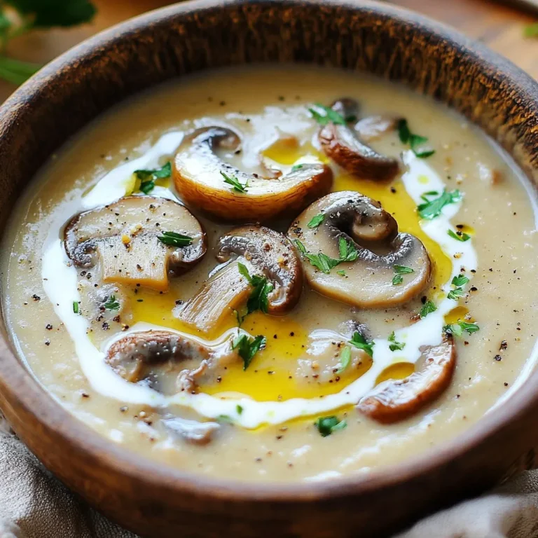 - 500g mixed mushrooms: cremini, shiitake, and button - 1 medium onion, finely chopped - 3 cloves garlic, minced - 2 tablespoons olive oil - 2 tablespoons unsalted butter - 4 cups vegetable broth - 1 cup heavy cream (or coconut cream for a dairy-free version) The main ingredients create a rich base. The mixed mushrooms provide deep, earthy flavors. Onion and garlic add sweetness and warmth. Olive oil and butter give a smooth texture and help with cooking. - 1 teaspoon dried thyme - 1 teaspoon salt - 1/2 teaspoon freshly ground black pepper These seasonings are key to enhancing the soup. Thyme brings an aromatic touch. Salt and pepper balance the flavors. Adjust these seasonings to suit your taste. - Fresh parsley for garnish - 1 teaspoon truffle oil for a luxurious flavor Garnishing with parsley adds color and freshness. Truffle oil can elevate the soup's taste. A little goes a long way, so use it sparingly for a gourmet touch. {{ingredient_image_2}} - In a large pot, combine 2 tablespoons of olive oil and 2 tablespoons of unsalted butter. - Heat over medium until melted together. This creates a rich base for your soup. - Add 1 medium onion, finely chopped, to the pot. - Cook for about 5 minutes until the onion is soft and clear. - Next, stir in 3 cloves of minced garlic. Cook for 1 more minute until fragrant. - Add 500g of mixed mushrooms, cleaned and sliced. - Sauté for about 8 to 10 minutes. Keep stirring until they brown and release their juices. - Sprinkle in 1 teaspoon of dried thyme, 1 teaspoon of salt, and 1/2 teaspoon of black pepper. - Pour in 4 cups of vegetable broth. Stir well and bring to a gentle simmer. - Use an immersion blender to puree the soup until smooth. - If you don’t have one, transfer it to a regular blender in batches. Return it to the pot afterward. - Stir in 1 cup of heavy cream (or coconut cream). - Heat gently over low for about 5 minutes. Taste and adjust seasoning if needed. - If you like, add 1 teaspoon of truffle oil for a richer flavor. When making this soup, the type of mushrooms matters. I love using mixed mushrooms like cremini, shiitake, and button. Each adds unique flavors. Cremini gives a rich taste, shiitake adds a deep umami, and button mushrooms keep it light. You can also explore dried mushrooms for a stronger flavor. Just soak them in warm water first. This way, you get both the mushroom taste and the soaking liquid for your soup. For that creamy texture, blending is key. Use an immersion blender for easy pureeing. If you want, you can transfer the mixture to a regular blender. Blend until smooth. If your soup is too thick, add more cream. Use heavy cream for richness, or try coconut cream for a lighter feel. Adjusting thickness is simple—just add cream until you like it. Serve your soup in warm bowls for a cozy touch. A drizzle of cream on top looks great and adds flavor. For a fancy look, sauté some whole mushrooms and place them on top. Garnish with fresh parsley for color. Pair your soup with crusty bread or a fresh salad. Both add great texture and balance the meal. Enjoying this soup with loved ones makes it even better! Pro Tips Use Fresh Ingredients: Fresh mushrooms can significantly enhance the flavor of your soup. Look for firm, unblemished mushrooms for the best taste and texture. Experiment with Broths: While vegetable broth is a great base, try using homemade broth or even a mushroom broth for an added depth of flavor. Texture Matters: For a chunkier texture, reserve some sautéed mushrooms before blending the soup. Stir them back in after blending for added dimension. Garnish Creatively: Beyond parsley, consider garnishing with crispy fried shallots or a drizzle of balsamic reduction for an extra touch of sophistication. {{image_4}} To make a dairy-free soup, use coconut cream instead of heavy cream. Coconut cream gives a rich and creamy texture without dairy. It adds a slight sweetness that pairs well with mushrooms. I love this option for those who are lactose intolerant or vegan. Simply substitute the heavy cream with one cup of coconut cream in the recipe. You won't miss the dairy! You can easily add protein to this soup by including cooked chicken or tofu. For chicken, shred leftover rotisserie or grilled chicken and stir it in just before serving. This adds heartiness to your meal. If you prefer tofu, use firm tofu. Cube it, sauté until golden, and then add it to the soup. Both options boost nutrition and make the soup more filling. To change up the flavor, experiment with different herbs and spices. For instance, try adding rosemary or sage for a fragrant twist. Fresh herbs like thyme or dill can also enhance the taste. Additionally, consider topping your soup with sautéed mushrooms, croutons, or a sprinkle of cheese for extra flavor and texture. Each variation can make your creamy mushroom soup unique and exciting! After enjoying your soup, let any leftovers cool down. Pour the soup into an airtight container. Seal it well to keep it fresh. Place it in the fridge. It can last up to three days this way. When you want to reheat, use a pot on low heat. Stir it often to warm it evenly. You can also use the microwave. Just heat it in short bursts, stirring in between. To freeze the mushroom soup, let it cool completely first. Use freezer-safe containers. Leave some space at the top for expansion. You can also use freezer bags. Make sure to remove as much air as possible. When you want to eat it later, take it out and thaw it. The best way is to place it in the fridge overnight. If you're in a hurry, you can thaw it in cold water. Avoid using a microwave for thawing, as it may change the flavor. In the fridge, your creamy mushroom soup will stay good for about three days. In the freezer, it can last up to three months. Just make sure to store it properly. For the best taste, eat it sooner rather than later. You can easily make this soup vegan. Start by using coconut cream instead of heavy cream. For the broth, choose a vegetable broth that is vegan. You can also use cashew cream for a rich texture. It adds a nice nutty flavor. Yes, you can use many types of mushrooms. Some great options are portobello, oyster, or enoki. Each type brings a unique flavor. Portobello adds a meaty taste, while enoki gives a fresh crunch. Mixing different kinds can enhance the soup’s depth. If your soup is too thin, you have options to thicken it. You can mix cornstarch with a bit of water and stir it in. Let it cook for a few minutes to thicken. Another way is to blend a portion of the soup and mix it back in. This helps create a creamy texture. This blog post guides you through making a delicious mushroom soup. We covered key ingredients, like mixed mushrooms and aromatics, and detailed each step, from sautéing to blending. You learned important tips, variations, and storage info to enhance your cooking experience. Now, you have the tools to create a creamy, flavorful soup at home. Enjoy the cooking process and feel free to experiment with new flavors. Your perfect bowl of mushroom soup awaits!