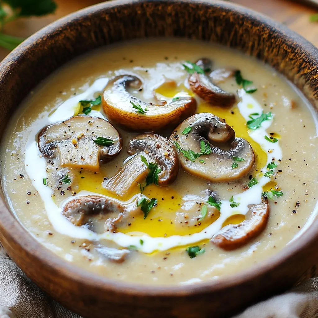 - 500g mixed mushrooms: cremini, shiitake, and button - 1 medium onion, finely chopped - 3 cloves garlic, minced - 2 tablespoons olive oil - 2 tablespoons unsalted butter - 4 cups vegetable broth - 1 cup heavy cream (or coconut cream for a dairy-free version) The main ingredients create a rich base. The mixed mushrooms provide deep, earthy flavors. Onion and garlic add sweetness and warmth. Olive oil and butter give a smooth texture and help with cooking. - 1 teaspoon dried thyme - 1 teaspoon salt - 1/2 teaspoon freshly ground black pepper These seasonings are key to enhancing the soup. Thyme brings an aromatic touch. Salt and pepper balance the flavors. Adjust these seasonings to suit your taste. - Fresh parsley for garnish - 1 teaspoon truffle oil for a luxurious flavor Garnishing with parsley adds color and freshness. Truffle oil can elevate the soup's taste. A little goes a long way, so use it sparingly for a gourmet touch. {{ingredient_image_2}} - In a large pot, combine 2 tablespoons of olive oil and 2 tablespoons of unsalted butter. - Heat over medium until melted together. This creates a rich base for your soup. - Add 1 medium onion, finely chopped, to the pot. - Cook for about 5 minutes until the onion is soft and clear. - Next, stir in 3 cloves of minced garlic. Cook for 1 more minute until fragrant. - Add 500g of mixed mushrooms, cleaned and sliced. - Sauté for about 8 to 10 minutes. Keep stirring until they brown and release their juices. - Sprinkle in 1 teaspoon of dried thyme, 1 teaspoon of salt, and 1/2 teaspoon of black pepper. - Pour in 4 cups of vegetable broth. Stir well and bring to a gentle simmer. - Use an immersion blender to puree the soup until smooth. - If you don’t have one, transfer it to a regular blender in batches. Return it to the pot afterward. - Stir in 1 cup of heavy cream (or coconut cream). - Heat gently over low for about 5 minutes. Taste and adjust seasoning if needed. - If you like, add 1 teaspoon of truffle oil for a richer flavor. When making this soup, the type of mushrooms matters. I love using mixed mushrooms like cremini, shiitake, and button. Each adds unique flavors. Cremini gives a rich taste, shiitake adds a deep umami, and button mushrooms keep it light. You can also explore dried mushrooms for a stronger flavor. Just soak them in warm water first. This way, you get both the mushroom taste and the soaking liquid for your soup. For that creamy texture, blending is key. Use an immersion blender for easy pureeing. If you want, you can transfer the mixture to a regular blender. Blend until smooth. If your soup is too thick, add more cream. Use heavy cream for richness, or try coconut cream for a lighter feel. Adjusting thickness is simple—just add cream until you like it. Serve your soup in warm bowls for a cozy touch. A drizzle of cream on top looks great and adds flavor. For a fancy look, sauté some whole mushrooms and place them on top. Garnish with fresh parsley for color. Pair your soup with crusty bread or a fresh salad. Both add great texture and balance the meal. Enjoying this soup with loved ones makes it even better! Pro Tips Use Fresh Ingredients: Fresh mushrooms can significantly enhance the flavor of your soup. Look for firm, unblemished mushrooms for the best taste and texture. Experiment with Broths: While vegetable broth is a great base, try using homemade broth or even a mushroom broth for an added depth of flavor. Texture Matters: For a chunkier texture, reserve some sautéed mushrooms before blending the soup. Stir them back in after blending for added dimension. Garnish Creatively: Beyond parsley, consider garnishing with crispy fried shallots or a drizzle of balsamic reduction for an extra touch of sophistication. {{image_4}} To make a dairy-free soup, use coconut cream instead of heavy cream. Coconut cream gives a rich and creamy texture without dairy. It adds a slight sweetness that pairs well with mushrooms. I love this option for those who are lactose intolerant or vegan. Simply substitute the heavy cream with one cup of coconut cream in the recipe. You won't miss the dairy! You can easily add protein to this soup by including cooked chicken or tofu. For chicken, shred leftover rotisserie or grilled chicken and stir it in just before serving. This adds heartiness to your meal. If you prefer tofu, use firm tofu. Cube it, sauté until golden, and then add it to the soup. Both options boost nutrition and make the soup more filling. To change up the flavor, experiment with different herbs and spices. For instance, try adding rosemary or sage for a fragrant twist. Fresh herbs like thyme or dill can also enhance the taste. Additionally, consider topping your soup with sautéed mushrooms, croutons, or a sprinkle of cheese for extra flavor and texture. Each variation can make your creamy mushroom soup unique and exciting! After enjoying your soup, let any leftovers cool down. Pour the soup into an airtight container. Seal it well to keep it fresh. Place it in the fridge. It can last up to three days this way. When you want to reheat, use a pot on low heat. Stir it often to warm it evenly. You can also use the microwave. Just heat it in short bursts, stirring in between. To freeze the mushroom soup, let it cool completely first. Use freezer-safe containers. Leave some space at the top for expansion. You can also use freezer bags. Make sure to remove as much air as possible. When you want to eat it later, take it out and thaw it. The best way is to place it in the fridge overnight. If you're in a hurry, you can thaw it in cold water. Avoid using a microwave for thawing, as it may change the flavor. In the fridge, your creamy mushroom soup will stay good for about three days. In the freezer, it can last up to three months. Just make sure to store it properly. For the best taste, eat it sooner rather than later. You can easily make this soup vegan. Start by using coconut cream instead of heavy cream. For the broth, choose a vegetable broth that is vegan. You can also use cashew cream for a rich texture. It adds a nice nutty flavor. Yes, you can use many types of mushrooms. Some great options are portobello, oyster, or enoki. Each type brings a unique flavor. Portobello adds a meaty taste, while enoki gives a fresh crunch. Mixing different kinds can enhance the soup’s depth. If your soup is too thin, you have options to thicken it. You can mix cornstarch with a bit of water and stir it in. Let it cook for a few minutes to thicken. Another way is to blend a portion of the soup and mix it back in. This helps create a creamy texture. This blog post guides you through making a delicious mushroom soup. We covered key ingredients, like mixed mushrooms and aromatics, and detailed each step, from sautéing to blending. You learned important tips, variations, and storage info to enhance your cooking experience. Now, you have the tools to create a creamy, flavorful soup at home. Enjoy the cooking process and feel free to experiment with new flavors. Your perfect bowl of mushroom soup awaits!