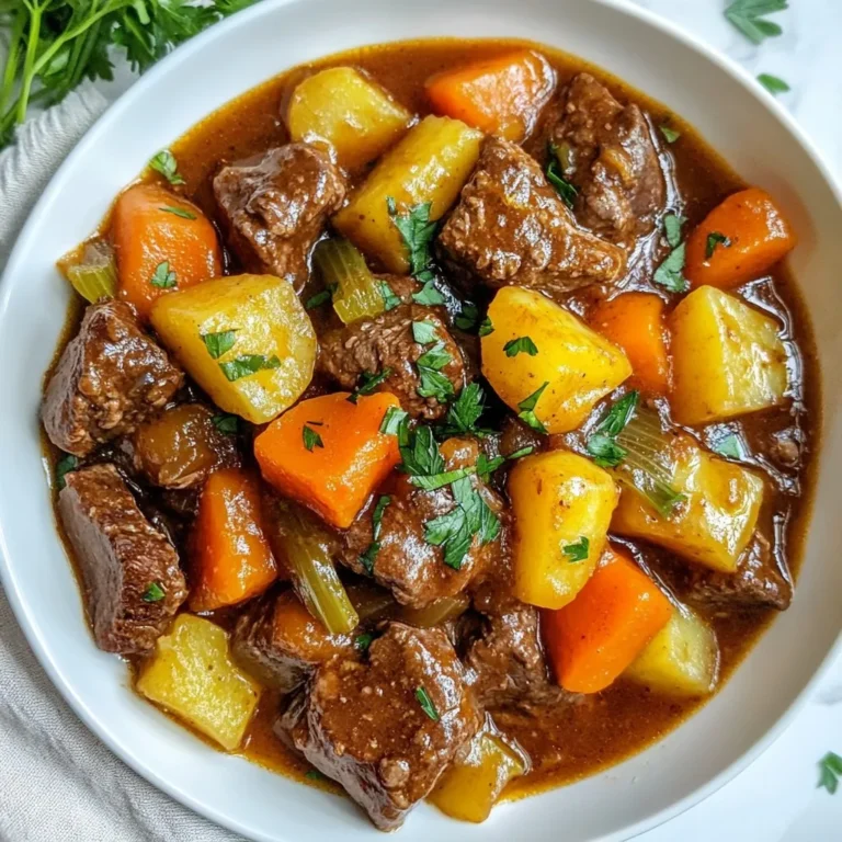 - 2 lbs beef chuck, cut into 1-inch cubes - 1 large onion, chopped - 3 cloves garlic, minced - 4 medium carrots, peeled and sliced into rounds - 3 ribs celery, sliced - 2 large potatoes, peeled and diced into 1-inch cubes - 4 cups beef broth - 2 tablespoons tomato paste - 1 teaspoon dried thyme - 1 teaspoon dried rosemary - 1 bay leaf - 2 tablespoons cornstarch mixed with 2 tablespoons water - Salt and black pepper, to taste - 1 tablespoon olive oil - Fresh parsley, chopped, for garnish Gather these ingredients before you start cooking. Each item plays a role in making your stew rich and tasty. The beef adds heartiness, while the veggies bring flavor and texture. Beef broth makes it all come together. Tomato paste gives it depth. Dried herbs add warmth. Don't forget the salt and pepper to season. Finally, fresh parsley adds a fresh touch on top. You can find these ingredients at your local grocery store. If you want to make it your own, feel free to swap some veggies or herbs. Keep the core ingredients for the best taste! {{ingredient_image_2}} Start by setting your Instant Pot to the Sauté function. Add one tablespoon of olive oil and let it heat up. Once the oil shimmers, add the beef cubes in small batches. This step is key. Browning the beef helps develop deep flavors. It takes about 4-5 minutes to brown them on all sides. Once browned, take the beef out and set it aside on a plate. In the same pot, add the chopped onion. Sauté it for about 3-4 minutes until it turns translucent. This means it becomes soft and clear. Next, add the minced garlic. Cook it for one more minute. The garlic adds a wonderful aroma and flavor to your stew. Now, return the browned beef to the pot. Add the sliced carrots, celery, and diced potatoes. Pour in the beef broth and add the tomato paste. Sprinkle in the dried thyme and rosemary. Don’t forget the bay leaf! Season with salt and black pepper to taste. Stir everything well to mix the flavors. Now you’re ready to cook! Close the lid of the Instant Pot and ensure the steam valve is set to Sealing. Select the Manual or Pressure Cook function and set the timer for 35 minutes. Enjoy the wait as the flavors build! How to choose the right beef cut Use beef chuck for the best stew. It has the right fat to keep things juicy. Look for meat that has nice marbling. This means it has fat mixed in. This fat melts during cooking, adding great taste and texture. Importance of browning meat Browning the beef is key to great flavor. When you brown the meat, it forms a crust. This crust adds depth to your stew. Use the Sauté function on your Instant Pot. Brown in small batches to avoid steaming. Aim for 4-5 minutes per batch. Adding herbs and spices correctly Add dried herbs like thyme and rosemary at the start. This lets their flavors mix well. Fresh herbs can be added later for a brighter taste. Taste the stew before serving. This way, you can adjust the seasonings to your liking. Balancing seasoning for taste Salt and black pepper are your best friends. Start with a little, then taste. You can always add more, but you can’t take it out. Remember, beef broth already has salt. So, be careful not to oversalt. Using cornstarch slurry effectively To thicken your stew, use cornstarch mixed with water. This slurry works fast. Stir it into the stew and let it cook for a few minutes. This will help it reach the perfect thickness. Alternative thickening options If you don’t have cornstarch, try using mashed potatoes. They break down during cooking and thicken the stew. You can also blend a cup of the stew and mix it back in. This gives a nice, thick texture without extra ingredients. Pro Tips Choose the Right Cut: Using beef chuck provides the best flavor and tenderness for stews, as it becomes tender during the long cooking process. Layering Flavors: Sautéing the onions and garlic before adding the other ingredients helps to develop a deeper flavor in the stew. Don’t Skip the Bay Leaf: Adding a bay leaf enhances the overall flavor profile of the stew; just remember to remove it before serving! Thickening Tips: For a richer stew, allow it to simmer longer after adding the cornstarch slurry until the desired thickness is achieved. {{image_4}} You can change up the meat in your beef stew. Try using chicken instead of beef. Chicken cooks faster, so you need to adjust the time. You can also add more veggies. Peas and mushrooms work great. They add color and flavor to the mix. You can even toss in some bell peppers for a sweet crunch. Want to make your stew richer? Add a splash of red wine. It gives the stew a deep taste. You can also switch up the herbs. Instead of thyme and rosemary, try using oregano or basil. Each herb brings a new twist to the flavor. Experiment with different combinations to find your favorite. If you're looking for gluten-free options, use gluten-free broth. For low-carb diets, skip the potatoes. Add more carrots and celery instead. If you want a vegetarian version, swap the beef for a mix of hearty vegetables. You can use lentils or chickpeas for protein. This way, everyone can enjoy a warm bowl of stew. When you have leftover beef stew, store it in an airtight container. This keeps the stew fresh. You can reheat it on the stove or in the microwave. Heat it until it's hot all the way through. Beef stew lasts up to four days in the fridge. You can freeze beef stew for later. Divide it into portions and place them in freezer-safe bags. Remove as much air as possible before sealing. When you're ready to eat, thaw it overnight in the fridge. Reheat the stew gently on the stove. This method helps keep the taste and texture nice. Make a big batch of beef stew for easy meals later. Portion it out into containers. This way, you can grab a meal when you need it. Label each container with the date. This helps you use it before it goes bad. Having stew ready makes weeknight dinners simple and quick. Cooking beef stew in an Instant Pot takes about 35 minutes on high pressure. After that, you should let it sit for about 10 minutes to release steam naturally. This method helps keep the meat tender and juicy. After the natural release, switch to quick release for any remaining steam. In total, you should plan for around 1 hour and 10 minutes, which includes prep time. Yes, you can cook frozen beef in the Instant Pot. However, it will take longer to reach pressure. I recommend cutting the beef into smaller pieces. This helps it cook evenly. Add an extra 5 to 10 minutes to the cooking time. Just remember that the overall flavor may not be as rich since browning adds depth. There are many great sides to serve with beef stew. Here are a few ideas: - Crusty bread: Perfect for dipping into the stew. - Mashed potatoes: Adds creaminess to your meal. - Green salad: A fresh side balances the hearty stew. - Rice or quinoa: Works well for soaking up the stew's flavors. Choose any of these sides to elevate your meal and enjoy! Beef stew is a hearty meal, perfect for any night. We covered key ingredients like beef chuck, veggies, and seasonings. I shared steps to prep the beef and sauté your aromatics. You also learned tips to adjust flavor and store leftovers properly. Don’t shy away from variations or swaps for a unique twist. Cooking is fun; make your stew truly yours! Enjoy your cooking, and savor every bite.