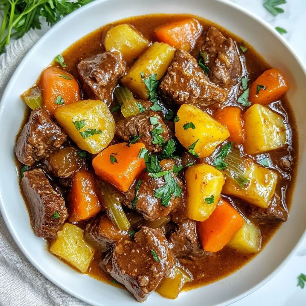 - 2 lbs beef chuck, cut into 1-inch cubes - 1 large onion, chopped - 3 cloves garlic, minced - 4 medium carrots, peeled and sliced into rounds - 3 ribs celery, sliced - 2 large potatoes, peeled and diced into 1-inch cubes - 4 cups beef broth - 2 tablespoons tomato paste - 1 teaspoon dried thyme - 1 teaspoon dried rosemary - 1 bay leaf - 2 tablespoons cornstarch mixed with 2 tablespoons water - Salt and black pepper, to taste - 1 tablespoon olive oil - Fresh parsley, chopped, for garnish Gather these ingredients before you start cooking. Each item plays a role in making your stew rich and tasty. The beef adds heartiness, while the veggies bring flavor and texture. Beef broth makes it all come together. Tomato paste gives it depth. Dried herbs add warmth. Don't forget the salt and pepper to season. Finally, fresh parsley adds a fresh touch on top. You can find these ingredients at your local grocery store. If you want to make it your own, feel free to swap some veggies or herbs. Keep the core ingredients for the best taste! {{ingredient_image_2}} Start by setting your Instant Pot to the Sauté function. Add one tablespoon of olive oil and let it heat up. Once the oil shimmers, add the beef cubes in small batches. This step is key. Browning the beef helps develop deep flavors. It takes about 4-5 minutes to brown them on all sides. Once browned, take the beef out and set it aside on a plate. In the same pot, add the chopped onion. Sauté it for about 3-4 minutes until it turns translucent. This means it becomes soft and clear. Next, add the minced garlic. Cook it for one more minute. The garlic adds a wonderful aroma and flavor to your stew. Now, return the browned beef to the pot. Add the sliced carrots, celery, and diced potatoes. Pour in the beef broth and add the tomato paste. Sprinkle in the dried thyme and rosemary. Don’t forget the bay leaf! Season with salt and black pepper to taste. Stir everything well to mix the flavors. Now you’re ready to cook! Close the lid of the Instant Pot and ensure the steam valve is set to Sealing. Select the Manual or Pressure Cook function and set the timer for 35 minutes. Enjoy the wait as the flavors build! How to choose the right beef cut Use beef chuck for the best stew. It has the right fat to keep things juicy. Look for meat that has nice marbling. This means it has fat mixed in. This fat melts during cooking, adding great taste and texture. Importance of browning meat Browning the beef is key to great flavor. When you brown the meat, it forms a crust. This crust adds depth to your stew. Use the Sauté function on your Instant Pot. Brown in small batches to avoid steaming. Aim for 4-5 minutes per batch. Adding herbs and spices correctly Add dried herbs like thyme and rosemary at the start. This lets their flavors mix well. Fresh herbs can be added later for a brighter taste. Taste the stew before serving. This way, you can adjust the seasonings to your liking. Balancing seasoning for taste Salt and black pepper are your best friends. Start with a little, then taste. You can always add more, but you can’t take it out. Remember, beef broth already has salt. So, be careful not to oversalt. Using cornstarch slurry effectively To thicken your stew, use cornstarch mixed with water. This slurry works fast. Stir it into the stew and let it cook for a few minutes. This will help it reach the perfect thickness. Alternative thickening options If you don’t have cornstarch, try using mashed potatoes. They break down during cooking and thicken the stew. You can also blend a cup of the stew and mix it back in. This gives a nice, thick texture without extra ingredients. Pro Tips Choose the Right Cut: Using beef chuck provides the best flavor and tenderness for stews, as it becomes tender during the long cooking process. Layering Flavors: Sautéing the onions and garlic before adding the other ingredients helps to develop a deeper flavor in the stew. Don’t Skip the Bay Leaf: Adding a bay leaf enhances the overall flavor profile of the stew; just remember to remove it before serving! Thickening Tips: For a richer stew, allow it to simmer longer after adding the cornstarch slurry until the desired thickness is achieved. {{image_4}} You can change up the meat in your beef stew. Try using chicken instead of beef. Chicken cooks faster, so you need to adjust the time. You can also add more veggies. Peas and mushrooms work great. They add color and flavor to the mix. You can even toss in some bell peppers for a sweet crunch. Want to make your stew richer? Add a splash of red wine. It gives the stew a deep taste. You can also switch up the herbs. Instead of thyme and rosemary, try using oregano or basil. Each herb brings a new twist to the flavor. Experiment with different combinations to find your favorite. If you're looking for gluten-free options, use gluten-free broth. For low-carb diets, skip the potatoes. Add more carrots and celery instead. If you want a vegetarian version, swap the beef for a mix of hearty vegetables. You can use lentils or chickpeas for protein. This way, everyone can enjoy a warm bowl of stew. When you have leftover beef stew, store it in an airtight container. This keeps the stew fresh. You can reheat it on the stove or in the microwave. Heat it until it's hot all the way through. Beef stew lasts up to four days in the fridge. You can freeze beef stew for later. Divide it into portions and place them in freezer-safe bags. Remove as much air as possible before sealing. When you're ready to eat, thaw it overnight in the fridge. Reheat the stew gently on the stove. This method helps keep the taste and texture nice. Make a big batch of beef stew for easy meals later. Portion it out into containers. This way, you can grab a meal when you need it. Label each container with the date. This helps you use it before it goes bad. Having stew ready makes weeknight dinners simple and quick. Cooking beef stew in an Instant Pot takes about 35 minutes on high pressure. After that, you should let it sit for about 10 minutes to release steam naturally. This method helps keep the meat tender and juicy. After the natural release, switch to quick release for any remaining steam. In total, you should plan for around 1 hour and 10 minutes, which includes prep time. Yes, you can cook frozen beef in the Instant Pot. However, it will take longer to reach pressure. I recommend cutting the beef into smaller pieces. This helps it cook evenly. Add an extra 5 to 10 minutes to the cooking time. Just remember that the overall flavor may not be as rich since browning adds depth. There are many great sides to serve with beef stew. Here are a few ideas: - Crusty bread: Perfect for dipping into the stew. - Mashed potatoes: Adds creaminess to your meal. - Green salad: A fresh side balances the hearty stew. - Rice or quinoa: Works well for soaking up the stew's flavors. Choose any of these sides to elevate your meal and enjoy! Beef stew is a hearty meal, perfect for any night. We covered key ingredients like beef chuck, veggies, and seasonings. I shared steps to prep the beef and sauté your aromatics. You also learned tips to adjust flavor and store leftovers properly. Don’t shy away from variations or swaps for a unique twist. Cooking is fun; make your stew truly yours! Enjoy your cooking, and savor every bite.