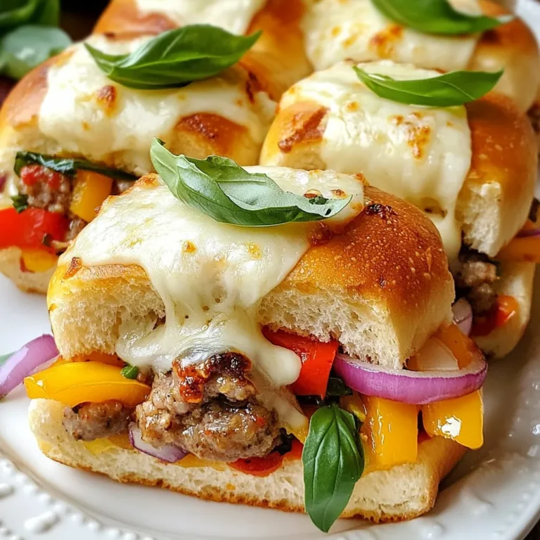 For these tasty Hot Italian Sub Sliders, you will need: - 12 slider rolls (white or whole wheat) - 1 pound Italian sausage (mild or spicy, casings removed) - 1 cup assorted bell peppers (sliced: red, yellow, and green) - 1/2 cup thinly sliced red onion - 1 cup shredded mozzarella cheese - 1/2 cup sliced pepperoncini peppers - 1 teaspoon dried oregano - 1 tablespoon olive oil - Salt and pepper to taste - 2 tablespoons grated Parmesan cheese - Fresh basil leaves for garnish (optional) If you lack some ingredients, here are easy swaps: - Slider rolls: Use mini baguettes or hoagie rolls. - Italian sausage: Try ground turkey or chicken sausage for a lighter option. - Bell peppers: Use only one color or swap for roasted red peppers. - Mozzarella cheese: Provolone or fontina can work well too. - Pepperoncini: Try banana peppers or jalapeños for heat. - Oregano: Italian seasoning or thyme can replace it. When buying ingredients, I suggest these trusted brands: - Slider Rolls: King's Hawaiian or Pepperidge Farm for soft rolls. - Italian Sausage: Johnsonville or Aidells for good flavor. - Cheese: Sargento or Kraft for shredded mozzarella. - Olive Oil: California Olive Ranch for quality and taste. - Parmesan Cheese: Grana Padano for a similar flavor at a better price. These ingredients make your Hot Italian Sub Sliders not just easy but also delightfully delicious! {{ingredient_image_2}} Start by preheating your oven to 375°F (190°C). Set the rack in the center. This helps with even baking. In a large skillet, pour in one tablespoon of olive oil over medium heat. Add in the thinly sliced red onion and assorted bell peppers. Sauté these for about 5-7 minutes. Stir them occasionally until they are tender. Add salt, pepper, and one teaspoon of dried oregano. Once done, transfer the vegetables to a bowl. In the same skillet, add one pound of Italian sausage. Cook this over medium-high heat for 8-10 minutes. Break it into smaller pieces with a wooden spoon as it cooks. Make sure it is browned and fully cooked. If there is extra fat, drain it carefully. Now, take a greased 9x13 inch baking dish. Slice the 12 slider rolls in half horizontally. Place the bottom halves snugly in the dish. Spoon the sausage and vegetable mixture evenly over these bottom halves. Ensure every slider gets a good amount of the filling. Next, sprinkle one cup of shredded mozzarella cheese over the sausage mixture. Carefully place the top halves of the slider rolls on the cheese. Gently press them down to secure the sliders. Generously sprinkle two tablespoons of grated Parmesan cheese on top. Cover the dish with aluminum foil and bake for 15 minutes. After that, remove the foil and bake for an extra 5-10 minutes. You want the tops to be golden brown and the cheese bubbly. Once finished, let the sliders cool for a few minutes. Use a sharp knife to cut along the seams for serving. Enjoy! Sautéing vegetables is simple and key for flavor. Start with a hot pan. Use medium heat and add olive oil. I like to use a mix of bell peppers for color and taste. Slice them thinly for quick cooking. Add red onion too; it adds sweetness. Stir the veggies often, so they cook evenly. Cook for 5 to 7 minutes until soft. Season with salt, pepper, and dried oregano. For extra flavor, try adding garlic. Remove them from the heat and keep them warm for later. Cheese makes sliders gooey and tasty. I recommend using mozzarella for its meltiness. It blends well with Italian sausage. For a kick, add provolone or pepper jack cheese. They add great flavor without overpowering. A sprinkle of grated Parmesan on top adds a nice crust too. Mix and match to find your favorite combo. Don't forget to layer the cheese well for the best melt! Serve your hot Italian sub sliders warm. They taste best fresh from the oven. Pair them with a simple salad or some crispy chips. If you like spice, serve with extra pepperoncini on the side. For drinks, try iced tea or a light beer. You can also serve with dipping sauces like marinara or ranch. Presentation matters, so use a wooden board and add fresh basil for color. Enjoy every bite! Pro Tips Choose Your Sausage Wisely: For a flavor boost, try mixing mild and spicy Italian sausage to balance heat and richness in your sliders. Prep Ahead: You can sauté the vegetables and cook the sausage a day in advance. Just store separately in the fridge and assemble before baking. Extra Crispy Topping: For an added crunch, broil the sliders for the last 2-3 minutes of baking, keeping a close eye to prevent burning. Serving Suggestion: Pair the sliders with a side of marinara sauce for dipping to enhance the Italian flavor profile. {{image_4}} You can make a tasty vegetarian version of these sliders. Swap out the Italian sausage for a mix of sautéed mushrooms and zucchini. Use the same bell peppers and onions to keep the flavors bold. Add some black olives for a briny kick. Top with the same mozzarella cheese, and you will have a delicious meat-free treat! If you need gluten-free sliders, choose gluten-free slider rolls. Many brands offer options that taste great. You can use the same filling, but make sure all ingredients are gluten-free. Check the sausage and cheese labels for hidden gluten. This way, everyone can enjoy the sliders without worry! You can play with flavors by swapping some ingredients. Try using spicy sausage for a kick. Add jalapeños if you like heat. For a smoky touch, use smoked mozzarella cheese. You can also mix in artichoke hearts for extra texture. Be creative, and make the sliders your own! To keep your leftover sliders fresh, place them in an airtight container. You can also wrap them tightly in plastic wrap or aluminum foil. This helps prevent them from drying out. Store them in the fridge for up to three days. If you plan to eat them later, make sure to check for any signs of spoilage. Reheating sliders is simple. Preheat your oven to 350°F (175°C). Place the sliders on a baking sheet. Cover them with aluminum foil to keep them moist. Heat for about 10-15 minutes. You can also use a microwave for quick reheating, but they may get soggy. Heat them for about 30 seconds to 1 minute, checking every 15 seconds. If you want to freeze your sliders, start by letting them cool completely. Wrap each slider in plastic wrap, then place them in a freezer-safe bag. They can last up to three months in the freezer. When you're ready to eat, thaw them in the fridge overnight. Then, reheat in the oven for the best texture. Yes, you can prepare these sliders ahead. You can assemble them and store them in the fridge. Just cover the baking dish tightly with plastic wrap. You can bake them later when you are ready. Allow extra time for baking if they are cold from the fridge. Great sides include: - Crispy potato chips - A fresh garden salad - Pickles or olives - Sweet potato fries These sides add crunch and balance to the sliders. To adjust the heat level, you have choices: - Use mild sausage for less heat. - Add spicy Italian sausage for more heat. - Include more pepperoncini for extra kick. You can mix and match to find your perfect spice level. This blog post covered all you need for making delicious Hot Italian Sub Sliders. We explored the key ingredients, step-by-step instructions, and helpful tips. I shared variations for different diets and storage methods to keep your sliders fresh. These simple recipes can bring fun to mealtime. You can impress your friends and enjoy tasty flavors with ease. Dive into making your own sliders; your taste buds will thank you!