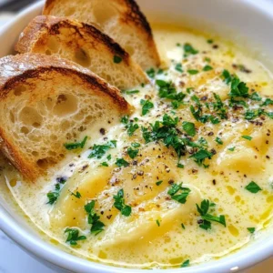To make Rustic French Garlic Soup, gather these key ingredients: - 10 cloves of garlic, peeled and finely minced - 1 medium onion, finely chopped - 3 tablespoons extra virgin olive oil - 4 cups vegetable broth (low sodium preferred) - 2 cups water - 1 bay leaf - 1 teaspoon dried thyme (or 1 tablespoon fresh thyme, if available) - Salt and black pepper to taste - 4 slices of hearty crusty French bread - 1/2 cup grated Gruyère cheese (or your favorite melting cheese) - Fresh parsley, finely chopped (for garnish) You can swap some ingredients without losing the heart of the soup. Try these: - Use shallots instead of onion for a milder taste. - Chicken broth can replace vegetable broth for a richer flavor. - Any crusty bread works well. Consider sourdough or ciabatta. - If you’re out of Gruyère, mozzarella or fontina melts nicely too. - Fresh herbs can replace dried ones. Use three times more fresh herbs. Choosing the right ingredients makes your soup shine. Here are some tips: - Select firm, plump garlic cloves. They should feel heavy for their size. - Look for fresh, crisp herbs. They should smell strong and fragrant. - Choose high-quality olive oil. Extra virgin provides the best flavor. - For broth, opt for low sodium brands to control salt levels. - When buying bread, check for a hard crust and soft inside. This gives great texture. With these ingredients in hand, you’re ready to create a warm and tasty dish that fills you with comfort. {{ingredient_image_2}} 1. Start by peeling and finely mincing 10 cloves of garlic. 2. Chop 1 medium onion into small pieces. 3. Gather your ingredients: olive oil, vegetable broth, water, bay leaf, thyme, salt, and pepper. 4. Preheat your oven to 350°F (175°C) for the bread. 1. In a large pot, heat 3 tablespoons of extra virgin olive oil over medium heat. 2. Add the chopped onion and sauté for about 5 minutes until soft. 3. Add the minced garlic and stir for 2-3 minutes until fragrant. 4. Pour in 4 cups of vegetable broth and 2 cups of water. 5. Add 1 bay leaf and 1 teaspoon of dried thyme. Stir well. 6. Bring the mixture to a gentle simmer. Cook uncovered for 20 minutes. 7. Remove the bay leaf and taste the soup. Add salt and black pepper to your liking. 1. While the soup simmers, spread 4 slices of French bread on a baking sheet. 2. Bake for about 10 minutes, flipping halfway, until the bread is golden and crisp. 3. Ladle the hot garlic soup into bowls. 4. Place a slice of toasted bread on top of each bowl. 5. Sprinkle 1/2 cup of grated Gruyère cheese over the bread and soup. 6. Optional: Broil for 2-3 minutes until the cheese bubbles and turns golden. 7. Garnish each bowl with fresh parsley for a nice touch. To get the best flavor in your Rustic French garlic soup, use fresh garlic. Ten cloves give a rich taste. Choose a good vegetable broth, as it forms the base. Low-sodium broth lets you control salt. Add a bay leaf and thyme for depth. Let the soup simmer for at least 20 minutes. This helps the flavors blend perfectly. Taste it before serving and adjust the salt and pepper to your liking. Burnt garlic can ruin your soup. To avoid this, cook it on medium heat. Add minced garlic after the onions become soft. Stir it often for 2-3 minutes. Watch closely, as garlic burns fast. If it turns brown, start over. The bitter taste won't work for your soup. You will need a large pot for this soup. A wooden spoon helps you stir without scratching the pot. A sharp knife and cutting board make chopping easy. Use measuring cups for the broth and water. An oven-safe baking sheet is great for toasting the bread. A ladle makes serving simple and neat. Lastly, have some bowls ready for your soup. Pro Tips Use Fresh Garlic: Fresh garlic will provide the best flavor, so avoid pre-minced options if possible. Customize Your Herbs: Feel free to experiment with different herbs like rosemary or oregano for a personal touch. Broiling for Perfection: Keep a close eye while broiling the cheese to achieve a bubbly and golden finish without burning. Serving Suggestions: Pair the soup with a fresh salad or roasted vegetables for a complete and satisfying meal. {{image_4}} You can make Rustic French Garlic Soup your own by adding vegetables. Try diced carrots or celery for a sweet crunch. Spinach or kale adds color and nutrition. You can also add proteins like cooked chicken or white beans for a heartier meal. These additions will make your soup richer and more filling. The bread you choose shapes the soup's texture. While crusty French bread is classic, try sourdough for a tangy twist. A rustic country loaf adds a hearty bite. You can even use gluten-free bread if needed. Each type of bread brings its own flavor and feel to the dish. Gruyère cheese melts beautifully, but there are other options. Swiss cheese works well for a mild taste. Cheddar adds a sharper flavor, while mozzarella gives a gooey texture. For a vegan option, use cashew cheese or nutritional yeast. These substitutes can still give you a creamy, rich topping for your soup. Store any leftover soup in an airtight container. Keep it in the fridge. It lasts about three days. Make sure to cool it to room temperature first. This helps keep the soup fresh and safe to eat. When you want to enjoy the soup again, reheat it on the stove. Pour the soup into a pot over medium heat. Stir often to heat it evenly. You can also use a microwave. Place it in a microwave-safe bowl. Heat it in short bursts, stirring in between. This keeps the soup from getting too hot in some spots. You can freeze the soup for later. Let it cool completely first. Pour it into freezer-safe containers. Leave some space at the top for expansion. It can last up to three months in the freezer. When you want to eat it, thaw it in the fridge overnight. Then reheat as mentioned before. This way, you can enjoy the warm, comforting flavors anytime! You can serve Rustic French Garlic Soup with crusty bread. The bread soaks up the soup's rich flavors. A side salad adds freshness. Try a simple green salad with a light vinaigrette. For a full meal, pair it with a cheese platter. Use soft cheeses that match the soup’s warmth. To make this soup vegan, swap the Gruyère cheese for a plant-based cheese. Use vegetable broth instead of chicken broth. This keeps the soup rich and tasty. Make sure the bread is free of dairy products. Check labels to ensure your ingredients are vegan. Yes, you can use fresh herbs! If you have fresh thyme, use one tablespoon instead of one teaspoon of dried. Fresh herbs bring a bright flavor. Add them towards the end of cooking for best taste. You can also try fresh parsley or chives for garnish. In this blog post, we covered the key ingredients needed for a tasty Rustic French Garlic Soup. We explored substitutions, tips to choose quality ingredients, and step-by-step cooking instructions to guide you. I shared tricks for the perfect rustic flavor and even variations to suit your tastes. Finally, we discussed storage, reheating, and common questions to help you on your cooking journey. Embrace these tips and enjoy making your soup! With quality ingredients and a few tricks, you can create a dish everyone loves.