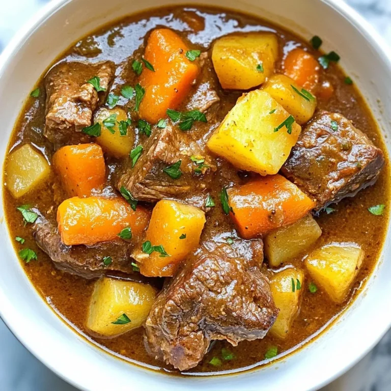 - 2 pounds beef chuck, cut into 1-inch cubes - 3 tablespoons extra virgin olive oil - 1 large onion, finely chopped - 3 cloves garlic, minced - 4 medium carrots, peeled and sliced into rounds - 3 medium potatoes, diced into 1-inch cubes - 2 cups beef broth (low-sodium preferred) - 2 tablespoons tomato paste - 2 teaspoons dried thyme - 1 teaspoon dried rosemary - 1 bay leaf - Salt and freshly ground black pepper to taste - 1 tablespoon cornstarch (optional, for thickening) - Fresh parsley, chopped (for garnish) When I make beef stew, I love to use the best ingredients. First, I choose beef chuck. It has rich flavor and tenderness. For veggies, I use carrots and potatoes. They add sweetness and heartiness. The onion and garlic bring a great aroma. I prefer low-sodium beef broth. It helps control the salt. Tomato paste gives depth and richness. Thyme and rosemary add a nice herbal note. A bay leaf rounds out the flavors. You can thicken the stew if you like. Adding cornstarch is an easy option. I always finish with fresh parsley. It brightens the dish and adds color. Gather these simple ingredients to make your stew a hit! {{ingredient_image_2}} To start, we need to sauté the beef in the Instant Pot. Turn on the Instant Pot and select the Sauté mode. Add three tablespoons of extra virgin olive oil. This helps to brown the meat nicely. Season the two pounds of beef chuck with salt and pepper. Once the oil heats up, add the beef cubes in a single layer. If your pot is small, work in batches. Brown them for about 5-7 minutes, turning as needed. After that, remove the beef and set it aside on a plate. Next, we cook the aromatics. This step is key for flavor. In the same pot, add the finely chopped onion. Sauté for about 3-4 minutes until it turns translucent. Then, add three cloves of minced garlic. Sauté for another minute until the garlic smells fragrant. This mix creates a strong base for your stew. Now, we will combine all the ingredients for stewing. Return the browned beef to the pot, including any juices. Then, add four medium carrots, sliced into rounds, and three medium potatoes, diced into one-inch cubes. Pour in two cups of low-sodium beef broth. Add two tablespoons of tomato paste, two teaspoons of dried thyme, one teaspoon of dried rosemary, and one bay leaf. Stir everything well to make sure the flavors blend together. Now, it’s time to pressure cook. Close the Instant Pot lid tightly. Check that the steam release valve is set to Sealing. Select the Pressure Cook function and set the timer to 35 minutes on high pressure. This step helps break down the beef and meld those flavors. After cooking, let the pressure release naturally for 10-15 minutes. This method keeps the stew tender and juicy. Once that time is up, carefully switch the valve to Venting. This releases any remaining steam. Be cautious to avoid burns from hot steam. To thicken the stew, remove the bay leaf first. If you want a thicker stew, mix one tablespoon of cornstarch with two tablespoons of cold water to make a slurry. Stir it into the stew. Select the Sauté mode again and cook while stirring. This helps the stew thicken to your liking. Taste the stew and adjust seasoning if needed. Serve it hot in bowls and garnish with fresh chopped parsley for a lovely finish. Using fresh herbs can make a big difference in taste. Fresh thyme and rosemary add bright notes to your stew. Dried herbs work, too, but they lack the same punch. When cooking, salt is key. Add it at different stages. Season beef before browning, and taste the stew before serving. Adjust with salt and pepper as needed. If your stew is too thin, you can fix it. Mix cornstarch with cold water to create a slurry. Stir it in while cooking on Sauté mode. This thickens the stew quickly. If it tastes flat, try a splash of vinegar or a bit more salt. This can lift the flavors nicely. The Instant Pot saves time and energy. It cooks food faster than traditional methods. Always ensure the lid is locked and the valve is set to Sealing. This keeps the steam inside. For safety, wait for the pressure to release fully before opening. Always keep your hands clear of the steam vent. Enjoy the ease of cooking with this handy tool! Pro Tips Brown the Beef: Ensure you brown the beef in batches to avoid overcrowding the pot, which helps develop a rich flavor. Use Fresh Herbs: For a more vibrant flavor, consider using fresh thyme and rosemary instead of dried. Adjust Thickness: If you prefer a thicker stew, add the cornstarch slurry gradually until you reach your desired consistency. Let it Rest: Allow the stew to sit for about 10 minutes after cooking; this helps the flavors meld together even more. {{image_4}} You can switch out beef for chicken or pork. This gives you new flavors. If you choose chicken, cut it into chunks like beef. Cook it for about 10-12 minutes. For pork, use shoulder or tenderloin. It cooks well in 25-30 minutes. Seasonal vegetables can brighten your stew. Try adding parsnips, sweet potatoes, or turnips. They add different tastes. Cook these vegetables for about 5-10 minutes less than potatoes. Softer veggies, like zucchini, should go in for the last 10 minutes of cooking. You can make this stew gluten-free. Use gluten-free broth and skip the cornstarch. For low-carb options, swap potatoes for cauliflower. If you want a vegan stew, use mushrooms and lentils instead of beef. Cook lentils for about 15 minutes for the best texture. To keep your beef stew fresh, follow these tips: - Refrigerate leftovers: Store the stew in an airtight container. It lasts up to 3 days. - Freezing tips: For longer storage, freeze the stew in portions. Use freezer-safe bags or containers. It can stay good for up to 3 months. Here’s how you can safely reheat your beef stew: - Best methods: Use the microwave or stovetop. For the stovetop, heat in a pot over medium heat. - Maintain flavor and texture: Stir often while reheating. Add a little broth if it seems too thick. Cooking beef stew in an Instant Pot takes about one hour. This includes 15 minutes for prep and 35 minutes for pressure cooking. After cooking, let the pressure release naturally for 10-15 minutes. This method gives you tender beef and rich flavors. Yes, you can cook frozen beef in an Instant Pot. Just remember to add extra time. For frozen beef cubes, increase the pressure cooking time to about 45-50 minutes. Make sure the beef is in a single layer. This helps it cook evenly and safely. Beef stew pairs well with many sides. Consider serving it with: - Crusty bread for dipping - Mashed potatoes for a creamy contrast - Steamed green beans for a fresh crunch - A simple green salad for brightness These sides balance the hearty stew and add variety to your meal. To thicken beef stew, use a cornstarch slurry. Mix one tablespoon of cornstarch with two tablespoons of cold water. Stir this mixture into the stew after cooking. Select the Sauté mode and cook while stirring until it reaches your desired thickness. This gives your stew a nice, hearty texture. This blog post covered how to make a delicious beef stew in an Instant Pot. We explored the key ingredients, from beef to seasonings, and went through each step, including prepping and cooking. I shared tips to enhance flavor and troubleshoot common problems. You can also adapt the stew to fit different diets. Remember, storing and reheating properly keeps the stew tasty. With these instructions and tips, you can now create a stew that warms any day. Enjoy the process and experiment to make it your own!