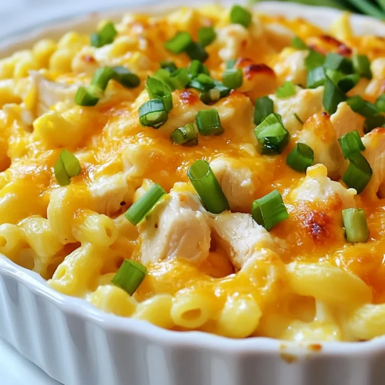 - 2 cups elbow macaroni - 1 pound chicken breast, diced into bite-sized pieces - 4 tablespoons unsalted butter, divided - 3 cloves garlic, minced - 1/4 cup honey - 1/4 cup low-sodium soy sauce - 1 teaspoon ground ginger - 1 cup shredded sharp cheddar cheese, plus extra for topping - 1 cup cottage cheese - 1/4 cup plain Greek yogurt - Salt and pepper to taste - 2 green onions, thinly sliced (for garnish) These ingredients come together to create a dish that is rich in flavor and protein. The chicken breast is lean, while the cheeses and yogurt add creaminess and depth. Honey and garlic give a sweet and savory taste that everyone loves. You can make this dish your own by adding extra ingredients. Here are some suggestions: - Cooked bacon or pancetta for a smoky flavor - Broccoli florets or spinach for a veggie boost - Different cheeses, like mozzarella or gouda, for varied taste - Hot sauce for a kick of heat Feel free to mix and match these additions to suit your taste! - Chicken Breast: Packed with protein, low in fat, and helps build muscle. - Cottage Cheese: A great source of protein and calcium, perfect for a creamy texture. - Greek Yogurt: Adds creaminess and probiotics, which are good for gut health. - Honey: Provides natural sweetness and has antioxidants. These ingredients not only taste great but also offer many health benefits. Eating high-protein meals can help you feel full longer and support your fitness goals. {{ingredient_image_2}} First, cook the elbow macaroni in a large pot. Use salted boiling water and follow the package instructions. Cook until the macaroni is al dente. Once done, drain it and set it aside. While the pasta cooks, heat 2 tablespoons of unsalted butter in a large skillet over medium heat. Add the diced chicken breast. Season it with salt and pepper. Sauté for about 6-8 minutes. You want the chicken to be well-browned and fully cooked. When ready, remove the chicken from the skillet and set it on a plate. In the same skillet, add the remaining 2 tablespoons of butter. Then, add the minced garlic. Sauté it for about 1 minute. You want the garlic to be fragrant but not browned. After that, stir in the honey, low-sodium soy sauce, and ground ginger. Let this mixture simmer gently for 2-3 minutes. This helps the sauce thicken. Return the cooked chicken to the skillet. Toss it in the honey garlic sauce until it's fully coated. Now, grab a large mixing bowl. Combine the drained macaroni, the chicken mixture, shredded cheddar cheese, cottage cheese, and Greek yogurt. Stir everything until the ingredients are well mixed. Transfer the mac and cheese mix into a greased baking dish. Spread it out evenly. For a tasty topping, sprinkle extra sharp cheddar cheese on top. Preheat your oven to 350°F (175°C). Bake for about 20-25 minutes. You want the top to be golden and bubbly. After baking, take it out and let it cool for a few minutes. Garnish with sliced green onions before serving. Enjoy your meal! To get that creamy texture, use a mix of cheeses. Sharp cheddar adds flavor, while cottage cheese and Greek yogurt help with creaminess. Make sure to stir well. This helps everything blend nicely. If the mix feels too thick, add a splash of milk. This will make it smooth and rich. Don't skip on seasoning! Salt and pepper are key, but you can add more. Try garlic powder or smoked paprika for depth. A hint of red pepper flakes gives a nice kick. Fresh herbs like parsley or basil can brighten the dish, too. These small changes can really elevate the flavor. You can make this dish ahead of time! Just prepare it up to baking. Cover it and store it in the fridge. When you're ready, bake it straight from the fridge. If it's cold, it may take a little longer. For reheating, use the oven for best results. This keeps the cheese melty and the top crispy. Enjoy your warm, comforting mac and cheese! Pro Tips Use High-Quality Cheese: Opt for freshly shredded cheese instead of pre-packaged to enhance flavor and meltability. Marinate the Chicken: For extra flavor, let the diced chicken marinate in the honey-soy mixture for at least 30 minutes before cooking. Customize Your Pasta: Feel free to swap elbow macaroni for any pasta shape you prefer, such as shells or penne, for a different texture. Garnish for Freshness: Always add fresh herbs or green onions just before serving to brighten up the dish and enhance presentation. {{image_4}} You can swap the chicken for other proteins. Ground turkey works well. It gives a leaner taste. Tofu is a great choice for a plant-based option. Use firm tofu and cube it. Cook it the same way as chicken. This keeps the dish high in protein while meeting different dietary needs. For a gluten-free version, use gluten-free elbow macaroni. Many brands offer great taste without gluten. You can also use zucchini noodles or spaghetti squash for a low-carb option. These choices still provide the fun shape and texture of pasta. Plus, they add more veggies to your meal. If you need dairy-free cheese, many brands are available. Look for vegan cheese that melts well. Nutritional yeast is another good option. It gives a cheesy flavor without dairy. You can also adjust the cheese types based on your taste. Try gouda or pepper jack for a twist! To store your High-Protein Honey Garlic Butter Chicken Mac & Cheese, let it cool first. Place it in an airtight container. This keeps it fresh and safe to eat later. Store it in the fridge for up to four days. You can freeze this dish if you want to keep it longer. First, cool it completely. Then, place it in a freezer-safe container. Leave some space at the top for expansion. It can last for up to three months in the freezer. When ready to eat, thaw it overnight in the fridge. Reheat it in the oven or microwave until hot. In the fridge, it stays good for about four days. If frozen, it can last up to three months. Always check for any signs of spoilage before eating. Don’t forget to enjoy it while it's still fresh! You can use any pasta shape you like. Fusilli, penne, or shells work well. They hold the cheese and sauce nicely. Choose whole grain or gluten-free options for different diets. Yes, you can! Use dairy-free cheese and yogurt. Look for plant-based options in stores. You can also swap butter for vegan butter. This keeps the flavor while meeting your needs. To make more servings, double the ingredients. Use a larger pot and baking dish. Keep the cooking times the same for pasta and chicken. Just ensure everything is heated through and bubbly. Great side dishes include steamed veggies, salad, or garlic bread. Roasted broccoli or green beans add nice color and crunch. Pair with a light drink for a balanced meal. This blog post shared how to make high-protein honey garlic butter chicken mac and cheese. You learned about key ingredients and cooking steps. We discussed tips for creamy texture and seasoning. You saw options for variations to fit your needs. Finally, we covered storage practices to keep your dish fresh. Remember, cooking is all about making it your own. Enjoy experimenting with flavors and ingredients that you love!